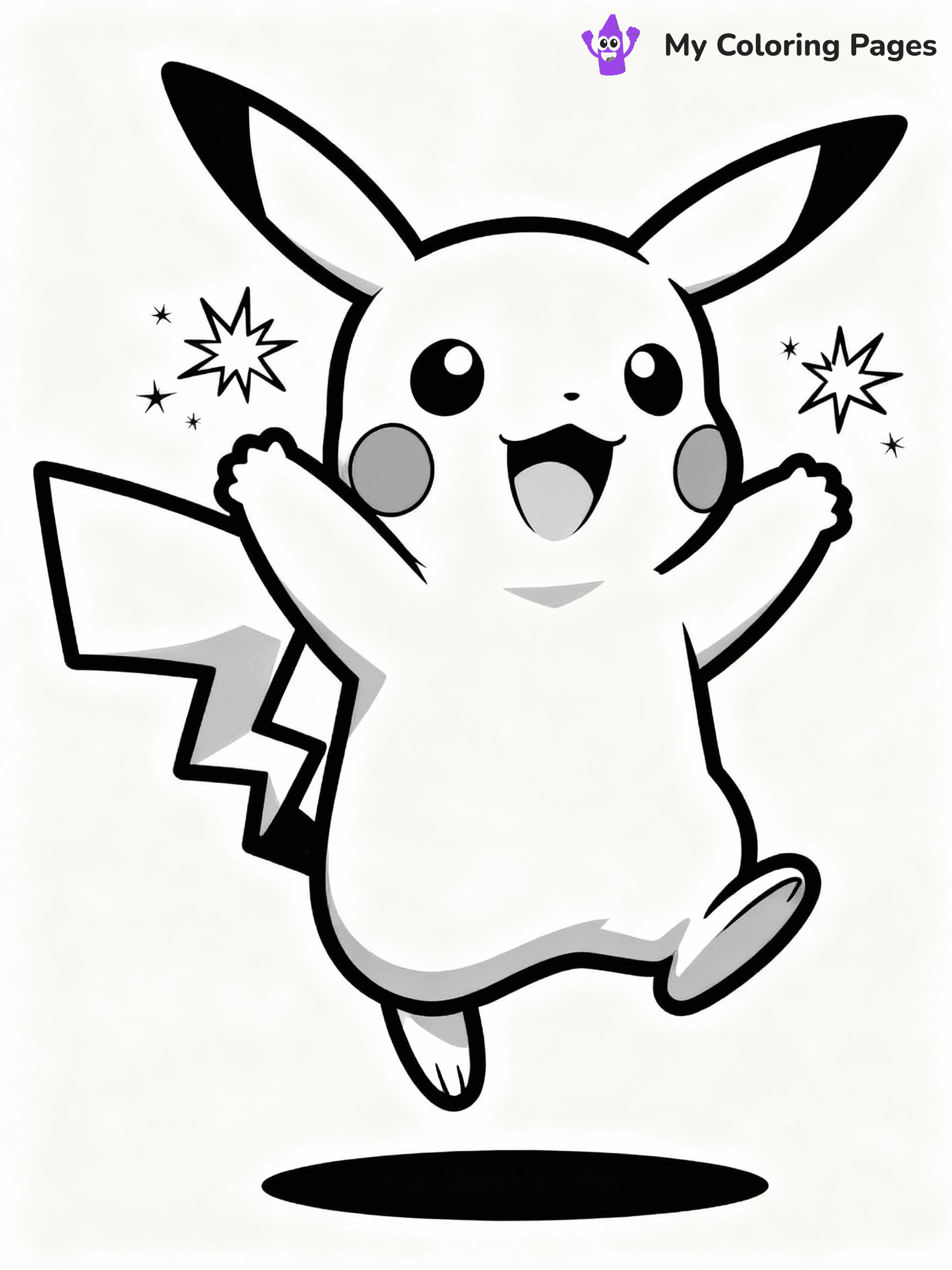 ⚠️ CRITICAL REQUIREMENT - ABSOLUTE BLACK AND WHITE ONLY ⚠️
This MUST be a BLACK AND WHITE line drawing ONLY. NO COLORS whatsoever.
- ONLY pure black lines (#000000) on pure white background (#FFFFFF)
- ABSOLUTELY NO colors, NO shading, NO gradients, NO grayscale
- If there are ANY colors in the output, the image is REJECTED
- This is a COLORING PAGE - meant to be COLORED IN by children
- The output must be UNCOLORED line art ready for coloring
⚠️ SUBJECT TO DRAW: Pikachu from Pokémon jumping with joy, sparks flying from cheeks. Important: PURE OUTLINES. NO FILLS, COLOR, SHADING, OR GREYSCALE. WHITE BACKGROUND.
(REMEMBER: Output must be BLACK AND WHITE line art only, NOT colored!)
# Flat, Friendly Cartoon Line-Art Coloring Page
You are generating a **pure black-and-white binary image** of a child-friendly cartoon scene combining characters and background scenery in one cohesive composition.
## Rendering Rules (Strict)
- Only two colors: pure black (#000000) outlines and pure white (#FFFFFF) background.
- No grayscale, shading, gradients, tints, fills, transparency, or partial pixels.
- No antialiasing or blended edges; every pixel is 100% black or white.
- No solid black fills inside shapes — all areas inside outlines must remain white.
- No dark clothing areas or filled tone blocks; all garments outlined only.
- No shadows, textures, lighting, or tonal variations.
- Must look like flat binary vector line-art for coloring pages.
## Drawing & Composition
- **Medium, consistent line weight**; clean closed outlines easy to color inside.
- **Flat, simple, child-friendly design** — no realism or 3D depth.
- Characters are **grounded on a surface**, centered and large.
- **Balanced composition** with clear silhouettes and minimal props.
## Scenery & Style
- Landmarks (e.g., mosque, CN Tower) and scenery (trees, benches, waves) drawn with **black outlines only.**
- For real-world figures, teams, or places, show accurate details using only black outlines—no text or logos. Use distinctive uniform patterns, abstract symbols, and landmark silhouettes to convey identity.
- Keep **consistent perspective**; no floating elements.
- **Style:** whimsical **Doodle Art Alley** — rounded, friendly outlines.
- May adapt shapes from **Crayola, Disney, Peppa Pig, Cocomelon** — *by shape only, never color.*
- Final output: **flat, crisp, binary (#000000/#FFFFFF)**, **no filled color or background text.**
EXTREMELYE IMPORTANT:
- PURE BINARY LINE-ART; NO FILLS (HAIR/CLOTHES/SKIN), SHADING, OR GREY.
- NO SHADING, COLOR. MUST BE WHITE BACKGROUND.
⚠️ FINAL REMINDER: Draw the subject "Pikachu from Pokémon jumping with joy, sparks flying from cheeks. Important: PURE OUTLINES. NO FILLS, COLOR, SHADING, OR GREYSCALE. WHITE BACKGROUND." as BLACK AND WHITE line art. Zero colors in output.