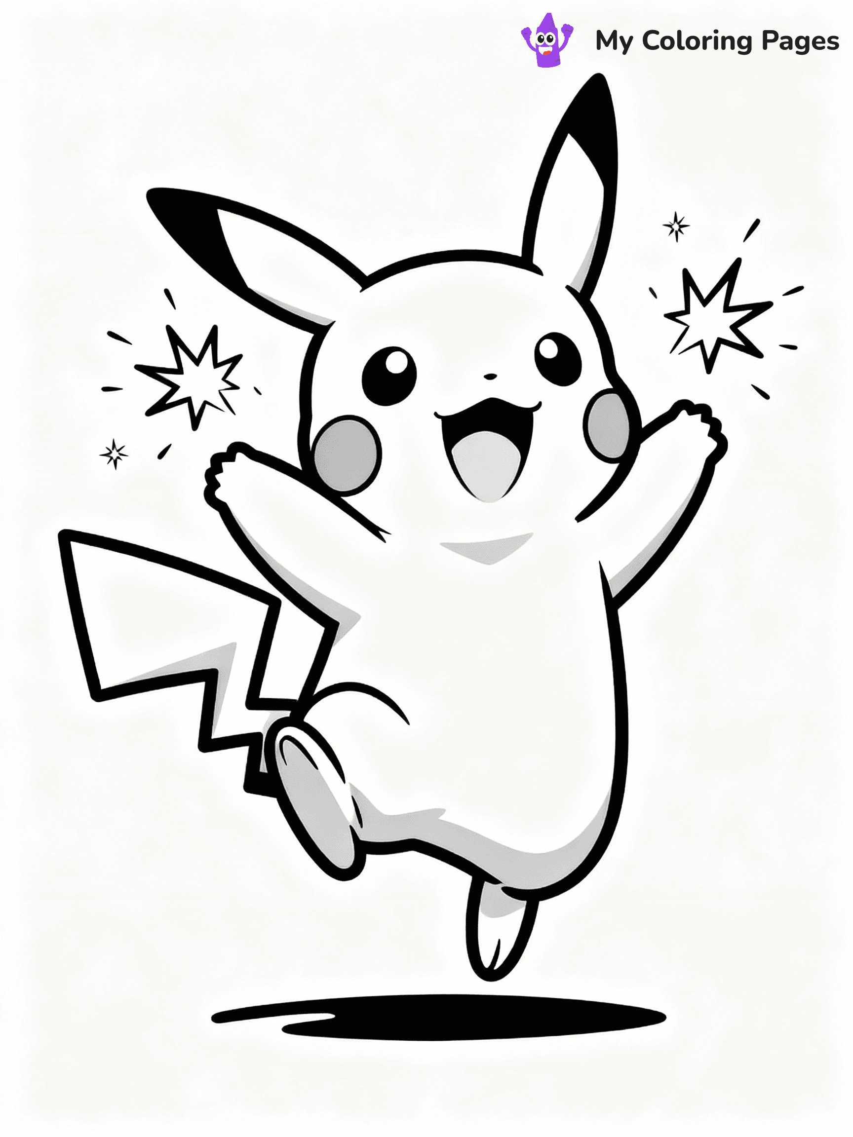 ⚠️ CRITICAL REQUIREMENT - ABSOLUTE BLACK AND WHITE ONLY ⚠️
This MUST be a BLACK AND WHITE line drawing ONLY. NO COLORS whatsoever.
- ONLY pure black lines (#000000) on pure white background (#FFFFFF)
- ABSOLUTELY NO colors, NO shading, NO gradients, NO grayscale
- If there are ANY colors in the output, the image is REJECTED
- This is a COLORING PAGE - meant to be COLORED IN by children
- The output must be UNCOLORED line art ready for coloring
⚠️ SUBJECT TO DRAW: Pikachu from Pokémon jumping with joy, sparks flying from cheeks. Important: PURE OUTLINES. NO FILLS, COLOR, SHADING, OR GREYSCALE. WHITE BACKGROUND.
(REMEMBER: Output must be BLACK AND WHITE line art only, NOT colored!)
# Flat, Friendly Cartoon Line-Art Coloring Page
You are generating a **pure black-and-white binary image** of a child-friendly cartoon scene combining characters and background scenery in one cohesive composition.
## Rendering Rules (Strict)
- Only two colors: pure black (#000000) outlines and pure white (#FFFFFF) background.
- No grayscale, shading, gradients, tints, fills, transparency, or partial pixels.
- No antialiasing or blended edges; every pixel is 100% black or white.
- No solid black fills inside shapes — all areas inside outlines must remain white.
- No dark clothing areas or filled tone blocks; all garments outlined only.
- No shadows, textures, lighting, or tonal variations.
- Must look like flat binary vector line-art for coloring pages.
## Drawing & Composition
- **Medium, consistent line weight**; clean closed outlines easy to color inside.
- **Flat, simple, child-friendly design** — no realism or 3D depth.
- Characters are **grounded on a surface**, centered and large.
- **Balanced composition** with clear silhouettes and minimal props.
## Scenery & Style
- Landmarks (e.g., mosque, CN Tower) and scenery (trees, benches, waves) drawn with **black outlines only.**
- For real-world figures, teams, or places, show accurate details using only black outlines—no text or logos. Use distinctive uniform patterns, abstract symbols, and landmark silhouettes to convey identity.
- Keep **consistent perspective**; no floating elements.
- **Style:** whimsical **Doodle Art Alley** — rounded, friendly outlines.
- May adapt shapes from **Crayola, Disney, Peppa Pig, Cocomelon** — *by shape only, never color.*
- Final output: **flat, crisp, binary (#000000/#FFFFFF)**, **no filled color or background text.**
EXTREMELYE IMPORTANT:
- PURE BINARY LINE-ART; NO FILLS (HAIR/CLOTHES/SKIN), SHADING, OR GREY.
- NO SHADING, COLOR. MUST BE WHITE BACKGROUND.
⚠️ FINAL REMINDER: Draw the subject "Pikachu from Pokémon jumping with joy, sparks flying from cheeks. Important: PURE OUTLINES. NO FILLS, COLOR, SHADING, OR GREYSCALE. WHITE BACKGROUND." as BLACK AND WHITE line art. Zero colors in output.