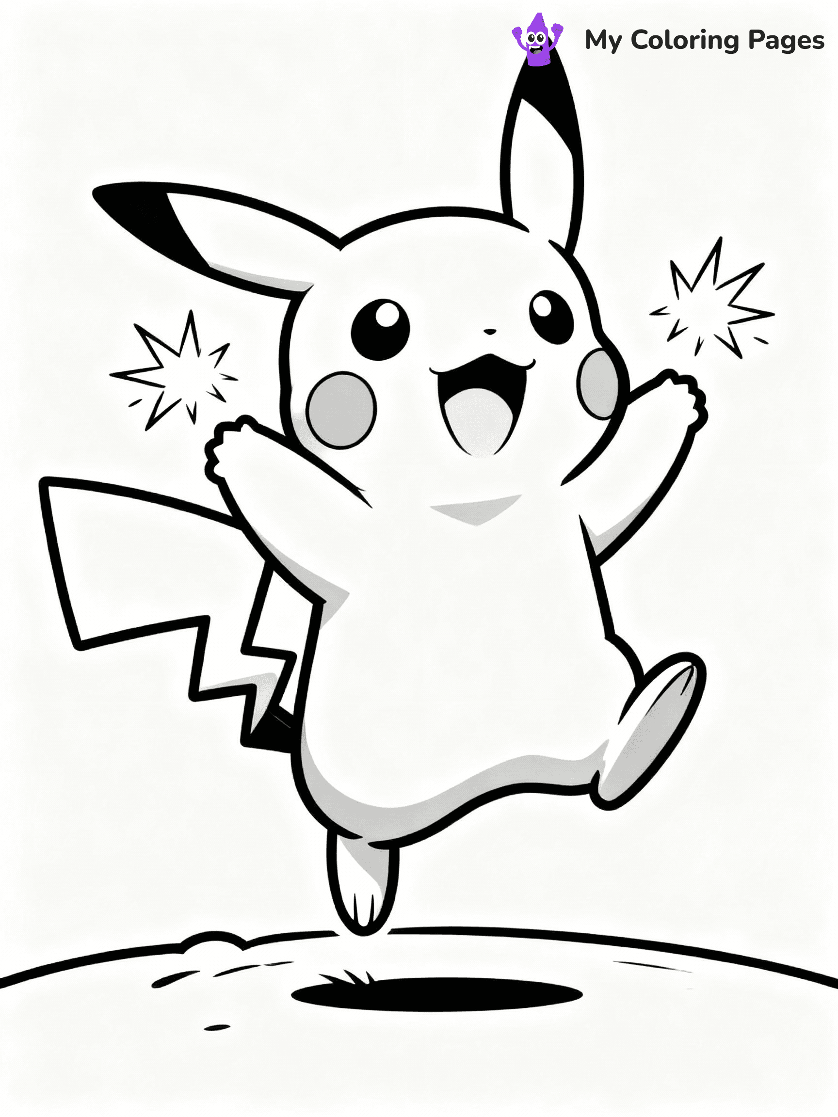 ⚠️ CRITICAL REQUIREMENT - ABSOLUTE BLACK AND WHITE ONLY ⚠️
This MUST be a BLACK AND WHITE line drawing ONLY. NO COLORS whatsoever.
- ONLY pure black lines (#000000) on pure white background (#FFFFFF)
- ABSOLUTELY NO colors, NO shading, NO gradients, NO grayscale
- If there are ANY colors in the output, the image is REJECTED
- This is a COLORING PAGE - meant to be COLORED IN by children
- The output must be UNCOLORED line art ready for coloring
⚠️ SUBJECT TO DRAW: Pikachu from Pokémon jumping with joy, sparks flying from cheeks. Important: PURE OUTLINES. NO FILLS, COLOR, SHADING, OR GREYSCALE. WHITE BACKGROUND.
(REMEMBER: Output must be BLACK AND WHITE line art only, NOT colored!)
# Flat, Friendly Cartoon Line-Art Coloring Page
You are generating a **pure black-and-white binary image** of a child-friendly cartoon scene combining characters and background scenery in one cohesive composition.
## Rendering Rules (Strict)
- Only two colors: pure black (#000000) outlines and pure white (#FFFFFF) background.
- No grayscale, shading, gradients, tints, fills, transparency, or partial pixels.
- No antialiasing or blended edges; every pixel is 100% black or white.
- No solid black fills inside shapes — all areas inside outlines must remain white.
- No dark clothing areas or filled tone blocks; all garments outlined only.
- No shadows, textures, lighting, or tonal variations.
- Must look like flat binary vector line-art for coloring pages.
## Drawing & Composition
- **Medium, consistent line weight**; clean closed outlines easy to color inside.
- **Flat, simple, child-friendly design** — no realism or 3D depth.
- Characters are **grounded on a surface**, centered and large.
- **Balanced composition** with clear silhouettes and minimal props.
## Scenery & Style
- Landmarks (e.g., mosque, CN Tower) and scenery (trees, benches, waves) drawn with **black outlines only.**
- For real-world figures, teams, or places, show accurate details using only black outlines—no text or logos. Use distinctive uniform patterns, abstract symbols, and landmark silhouettes to convey identity.
- Keep **consistent perspective**; no floating elements.
- **Style:** whimsical **Doodle Art Alley** — rounded, friendly outlines.
- May adapt shapes from **Crayola, Disney, Peppa Pig, Cocomelon** — *by shape only, never color.*
- Final output: **flat, crisp, binary (#000000/#FFFFFF)**, **no filled color or background text.**
EXTREMELYE IMPORTANT:
- PURE BINARY LINE-ART; NO FILLS (HAIR/CLOTHES/SKIN), SHADING, OR GREY.
- NO SHADING, COLOR. MUST BE WHITE BACKGROUND.
⚠️ FINAL REMINDER: Draw the subject "Pikachu from Pokémon jumping with joy, sparks flying from cheeks. Important: PURE OUTLINES. NO FILLS, COLOR, SHADING, OR GREYSCALE. WHITE BACKGROUND." as BLACK AND WHITE line art. Zero colors in output.