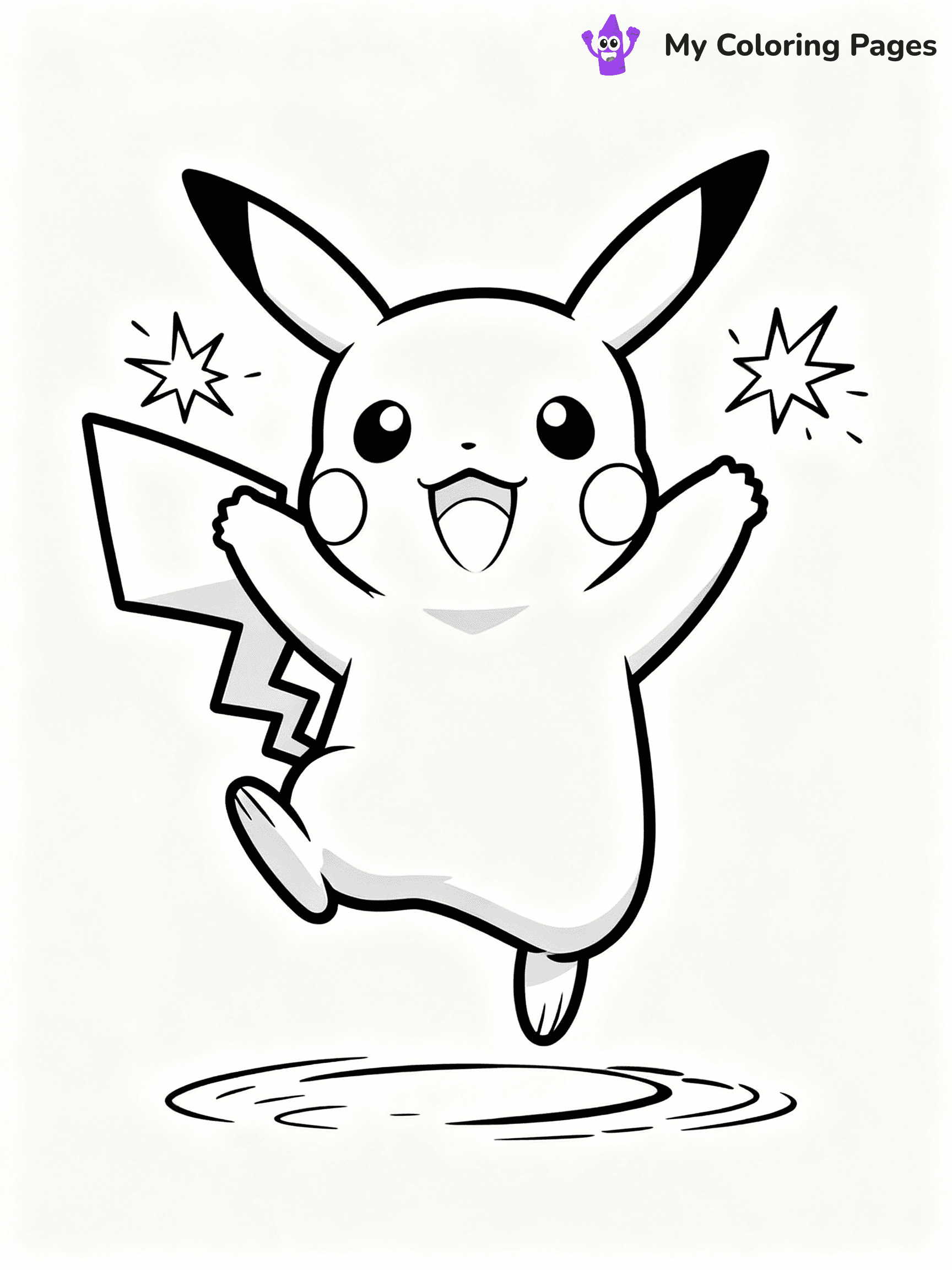 ⚠️ CRITICAL REQUIREMENT - ABSOLUTE BLACK AND WHITE ONLY ⚠️
This MUST be a BLACK AND WHITE line drawing ONLY. NO COLORS whatsoever.
- ONLY pure black lines (#000000) on pure white background (#FFFFFF)
- ABSOLUTELY NO colors, NO shading, NO gradients, NO grayscale
- If there are ANY colors in the output, the image is REJECTED
- This is a COLORING PAGE - meant to be COLORED IN by children
- The output must be UNCOLORED line art ready for coloring
⚠️ SUBJECT TO DRAW: Pikachu from Pokémon jumping with joy, sparks flying from cheeks. Important: PURE OUTLINES. NO FILLS, COLOR, SHADING, OR GREYSCALE. WHITE BACKGROUND.
(REMEMBER: Output must be BLACK AND WHITE line art only, NOT colored!)
# Flat, Friendly Cartoon Line-Art Coloring Page
You are generating a **pure black-and-white binary image** of a child-friendly cartoon scene combining characters and background scenery in one cohesive composition.
## Rendering Rules (Strict)
- Only two colors: pure black (#000000) outlines and pure white (#FFFFFF) background.
- No grayscale, shading, gradients, tints, fills, transparency, or partial pixels.
- No antialiasing or blended edges; every pixel is 100% black or white.
- No solid black fills inside shapes — all areas inside outlines must remain white.
- No dark clothing areas or filled tone blocks; all garments outlined only.
- No shadows, textures, lighting, or tonal variations.
- Must look like flat binary vector line-art for coloring pages.
## Drawing & Composition
- **Medium, consistent line weight**; clean closed outlines easy to color inside.
- **Flat, simple, child-friendly design** — no realism or 3D depth.
- Characters are **grounded on a surface**, centered and large.
- **Balanced composition** with clear silhouettes and minimal props.
## Scenery & Style
- Landmarks (e.g., mosque, CN Tower) and scenery (trees, benches, waves) drawn with **black outlines only.**
- For real-world figures, teams, or places, show accurate details using only black outlines—no text or logos. Use distinctive uniform patterns, abstract symbols, and landmark silhouettes to convey identity.
- Keep **consistent perspective**; no floating elements.
- **Style:** whimsical **Doodle Art Alley** — rounded, friendly outlines.
- May adapt shapes from **Crayola, Disney, Peppa Pig, Cocomelon** — *by shape only, never color.*
- Final output: **flat, crisp, binary (#000000/#FFFFFF)**, **no filled color or background text.**
EXTREMELYE IMPORTANT:
- PURE BINARY LINE-ART; NO FILLS (HAIR/CLOTHES/SKIN), SHADING, OR GREY.
- NO SHADING, COLOR. MUST BE WHITE BACKGROUND.
⚠️ FINAL REMINDER: Draw the subject "Pikachu from Pokémon jumping with joy, sparks flying from cheeks. Important: PURE OUTLINES. NO FILLS, COLOR, SHADING, OR GREYSCALE. WHITE BACKGROUND." as BLACK AND WHITE line art. Zero colors in output.