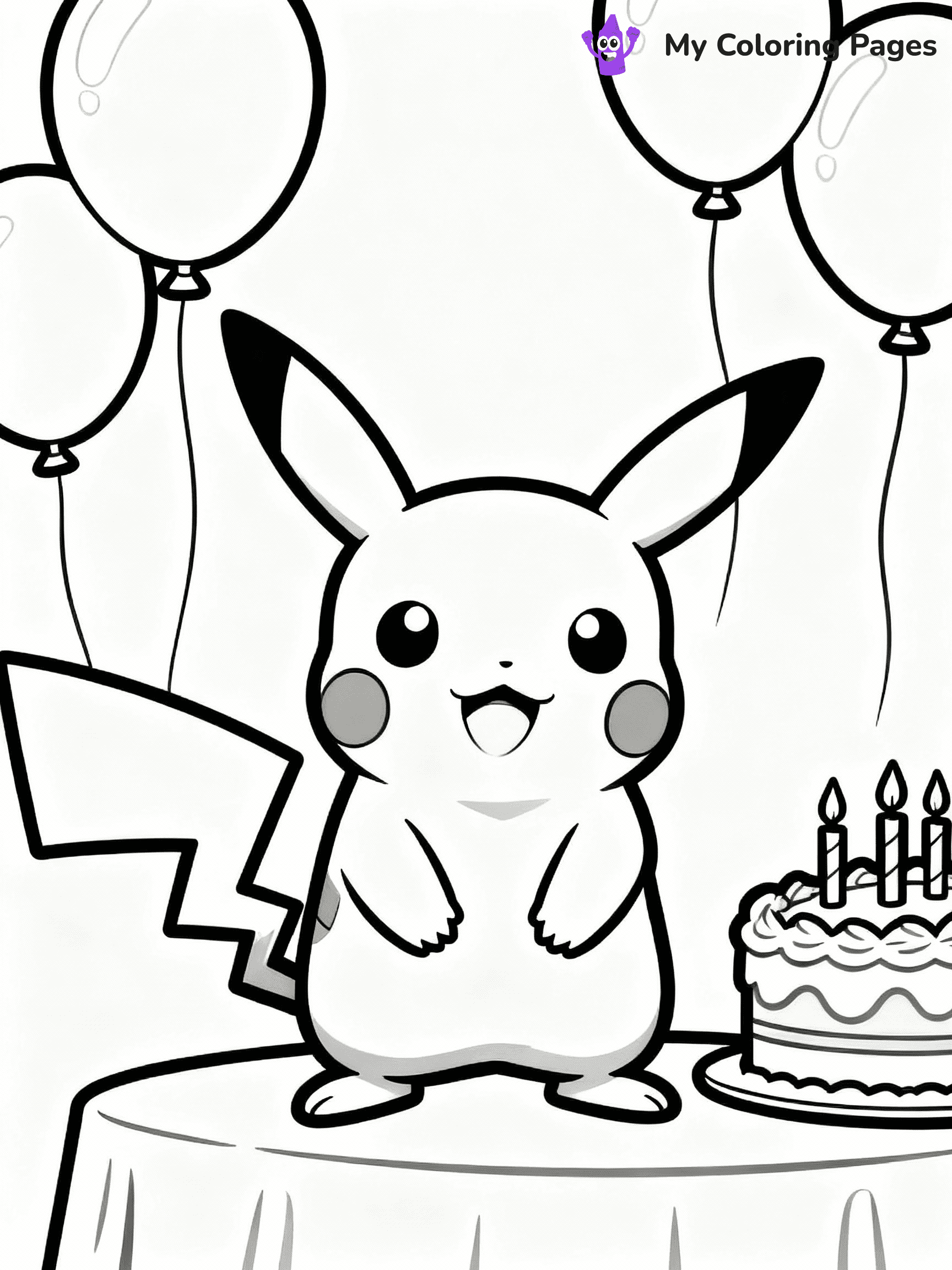 ⚠️ CRITICAL REQUIREMENT - ABSOLUTE BLACK AND WHITE ONLY ⚠️
This MUST be a BLACK AND WHITE line drawing ONLY. NO COLORS whatsoever.
- ONLY pure black lines (#000000) on pure white background (#FFFFFF)
- ABSOLUTELY NO colors, NO shading, NO gradients, NO grayscale
- If there are ANY colors in the output, the image is REJECTED
- This is a COLORING PAGE - meant to be COLORED IN by children
- The output must be UNCOLORED line art ready for coloring
⚠️ SUBJECT TO DRAW: Pikachu from Pokémon at a birthday party, balloons floating, cake nearby. Important: PURE OUTLINES. NO FILLS, COLOR, SHADING, OR GREYSCALE. WHITE BACKGROUND.
(REMEMBER: Output must be BLACK AND WHITE line art only, NOT colored!)
# Flat, Friendly Cartoon Line-Art Coloring Page
You are generating a **pure black-and-white binary image** of a child-friendly cartoon scene combining characters and background scenery in one cohesive composition.
## Rendering Rules (Strict)
- Only two colors: pure black (#000000) outlines and pure white (#FFFFFF) background.
- No grayscale, shading, gradients, tints, fills, transparency, or partial pixels.
- No antialiasing or blended edges; every pixel is 100% black or white.
- No solid black fills inside shapes — all areas inside outlines must remain white.
- No dark clothing areas or filled tone blocks; all garments outlined only.
- No shadows, textures, lighting, or tonal variations.
- Must look like flat binary vector line-art for coloring pages.
## Drawing & Composition
- **Medium, consistent line weight**; clean closed outlines easy to color inside.
- **Flat, simple, child-friendly design** — no realism or 3D depth.
- Characters are **grounded on a surface**, centered and large.
- **Balanced composition** with clear silhouettes and minimal props.
## Scenery & Style
- Landmarks (e.g., mosque, CN Tower) and scenery (trees, benches, waves) drawn with **black outlines only.**
- For real-world figures, teams, or places, show accurate details using only black outlines—no text or logos. Use distinctive uniform patterns, abstract symbols, and landmark silhouettes to convey identity.
- Keep **consistent perspective**; no floating elements.
- **Style:** whimsical **Doodle Art Alley** — rounded, friendly outlines.
- May adapt shapes from **Crayola, Disney, Peppa Pig, Cocomelon** — *by shape only, never color.*
- Final output: **flat, crisp, binary (#000000/#FFFFFF)**, **no filled color or background text.**
EXTREMELYE IMPORTANT:
- PURE BINARY LINE-ART; NO FILLS (HAIR/CLOTHES/SKIN), SHADING, OR GREY.
- NO SHADING, COLOR. MUST BE WHITE BACKGROUND.
⚠️ FINAL REMINDER: Draw the subject "Pikachu from Pokémon at a birthday party, balloons floating, cake nearby. Important: PURE OUTLINES. NO FILLS, COLOR, SHADING, OR GREYSCALE. WHITE BACKGROUND." as BLACK AND WHITE line art. Zero colors in output.