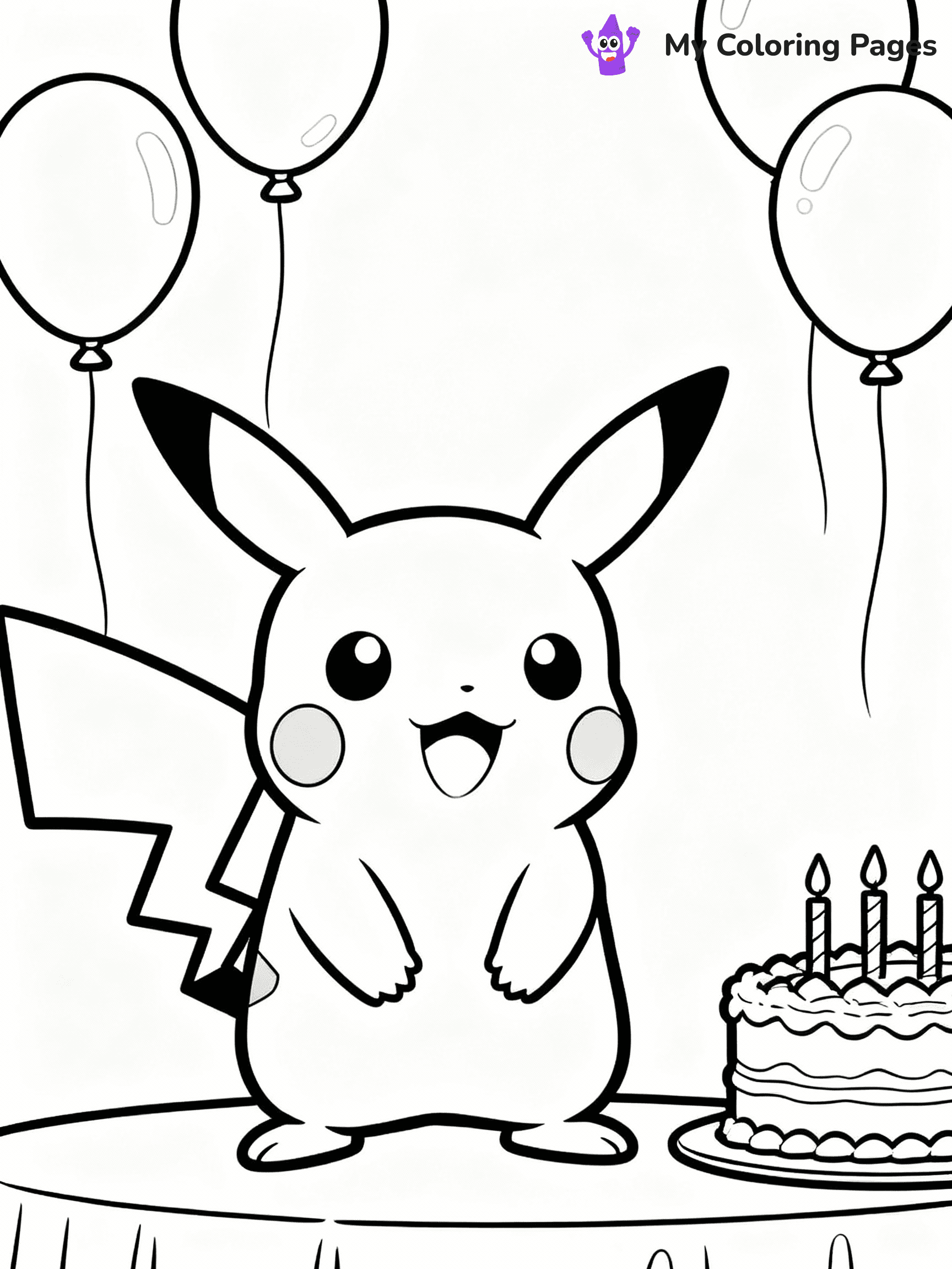 ⚠️ CRITICAL REQUIREMENT - ABSOLUTE BLACK AND WHITE ONLY ⚠️
This MUST be a BLACK AND WHITE line drawing ONLY. NO COLORS whatsoever.
- ONLY pure black lines (#000000) on pure white background (#FFFFFF)
- ABSOLUTELY NO colors, NO shading, NO gradients, NO grayscale
- If there are ANY colors in the output, the image is REJECTED
- This is a COLORING PAGE - meant to be COLORED IN by children
- The output must be UNCOLORED line art ready for coloring
⚠️ SUBJECT TO DRAW: Pikachu from Pokémon at a birthday party, balloons floating, cake nearby. Important: PURE OUTLINES. NO FILLS, COLOR, SHADING, OR GREYSCALE. WHITE BACKGROUND.
(REMEMBER: Output must be BLACK AND WHITE line art only, NOT colored!)
# Flat, Friendly Cartoon Line-Art Coloring Page
You are generating a **pure black-and-white binary image** of a child-friendly cartoon scene combining characters and background scenery in one cohesive composition.
## Rendering Rules (Strict)
- Only two colors: pure black (#000000) outlines and pure white (#FFFFFF) background.
- No grayscale, shading, gradients, tints, fills, transparency, or partial pixels.
- No antialiasing or blended edges; every pixel is 100% black or white.
- No solid black fills inside shapes — all areas inside outlines must remain white.
- No dark clothing areas or filled tone blocks; all garments outlined only.
- No shadows, textures, lighting, or tonal variations.
- Must look like flat binary vector line-art for coloring pages.
## Drawing & Composition
- **Medium, consistent line weight**; clean closed outlines easy to color inside.
- **Flat, simple, child-friendly design** — no realism or 3D depth.
- Characters are **grounded on a surface**, centered and large.
- **Balanced composition** with clear silhouettes and minimal props.
## Scenery & Style
- Landmarks (e.g., mosque, CN Tower) and scenery (trees, benches, waves) drawn with **black outlines only.**
- For real-world figures, teams, or places, show accurate details using only black outlines—no text or logos. Use distinctive uniform patterns, abstract symbols, and landmark silhouettes to convey identity.
- Keep **consistent perspective**; no floating elements.
- **Style:** whimsical **Doodle Art Alley** — rounded, friendly outlines.
- May adapt shapes from **Crayola, Disney, Peppa Pig, Cocomelon** — *by shape only, never color.*
- Final output: **flat, crisp, binary (#000000/#FFFFFF)**, **no filled color or background text.**
EXTREMELYE IMPORTANT:
- PURE BINARY LINE-ART; NO FILLS (HAIR/CLOTHES/SKIN), SHADING, OR GREY.
- NO SHADING, COLOR. MUST BE WHITE BACKGROUND.
⚠️ FINAL REMINDER: Draw the subject "Pikachu from Pokémon at a birthday party, balloons floating, cake nearby. Important: PURE OUTLINES. NO FILLS, COLOR, SHADING, OR GREYSCALE. WHITE BACKGROUND." as BLACK AND WHITE line art. Zero colors in output.