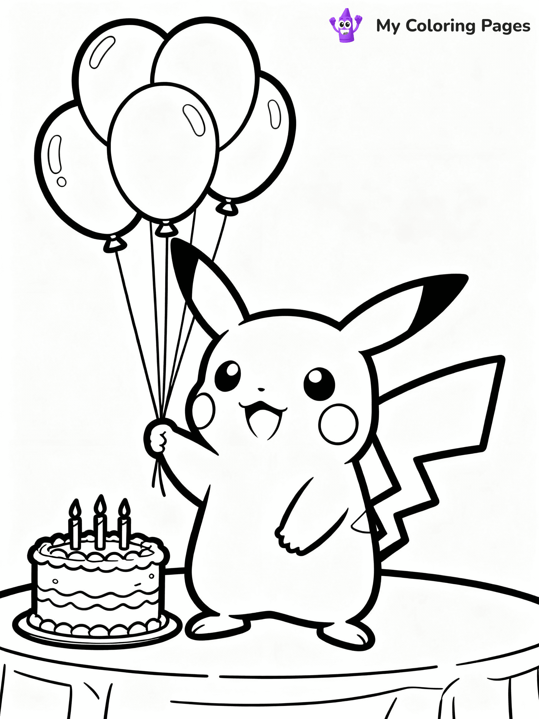 ⚠️ CRITICAL REQUIREMENT - ABSOLUTE BLACK AND WHITE ONLY ⚠️
This MUST be a BLACK AND WHITE line drawing ONLY. NO COLORS whatsoever.
- ONLY pure black lines (#000000) on pure white background (#FFFFFF)
- ABSOLUTELY NO colors, NO shading, NO gradients, NO grayscale
- If there are ANY colors in the output, the image is REJECTED
- This is a COLORING PAGE - meant to be COLORED IN by children
- The output must be UNCOLORED line art ready for coloring
⚠️ SUBJECT TO DRAW: Pikachu from Pokémon at a birthday party, balloons floating, cake nearby. Important: PURE OUTLINES. NO FILLS, COLOR, SHADING, OR GREYSCALE. WHITE BACKGROUND.
(REMEMBER: Output must be BLACK AND WHITE line art only, NOT colored!)
# Flat, Friendly Cartoon Line-Art Coloring Page
You are generating a **pure black-and-white binary image** of a child-friendly cartoon scene combining characters and background scenery in one cohesive composition.
## Rendering Rules (Strict)
- Only two colors: pure black (#000000) outlines and pure white (#FFFFFF) background.
- No grayscale, shading, gradients, tints, fills, transparency, or partial pixels.
- No antialiasing or blended edges; every pixel is 100% black or white.
- No solid black fills inside shapes — all areas inside outlines must remain white.
- No dark clothing areas or filled tone blocks; all garments outlined only.
- No shadows, textures, lighting, or tonal variations.
- Must look like flat binary vector line-art for coloring pages.
## Drawing & Composition
- **Medium, consistent line weight**; clean closed outlines easy to color inside.
- **Flat, simple, child-friendly design** — no realism or 3D depth.
- Characters are **grounded on a surface**, centered and large.
- **Balanced composition** with clear silhouettes and minimal props.
## Scenery & Style
- Landmarks (e.g., mosque, CN Tower) and scenery (trees, benches, waves) drawn with **black outlines only.**
- For real-world figures, teams, or places, show accurate details using only black outlines—no text or logos. Use distinctive uniform patterns, abstract symbols, and landmark silhouettes to convey identity.
- Keep **consistent perspective**; no floating elements.
- **Style:** whimsical **Doodle Art Alley** — rounded, friendly outlines.
- May adapt shapes from **Crayola, Disney, Peppa Pig, Cocomelon** — *by shape only, never color.*
- Final output: **flat, crisp, binary (#000000/#FFFFFF)**, **no filled color or background text.**
EXTREMELYE IMPORTANT:
- PURE BINARY LINE-ART; NO FILLS (HAIR/CLOTHES/SKIN), SHADING, OR GREY.
- NO SHADING, COLOR. MUST BE WHITE BACKGROUND.
⚠️ FINAL REMINDER: Draw the subject "Pikachu from Pokémon at a birthday party, balloons floating, cake nearby. Important: PURE OUTLINES. NO FILLS, COLOR, SHADING, OR GREYSCALE. WHITE BACKGROUND." as BLACK AND WHITE line art. Zero colors in output.