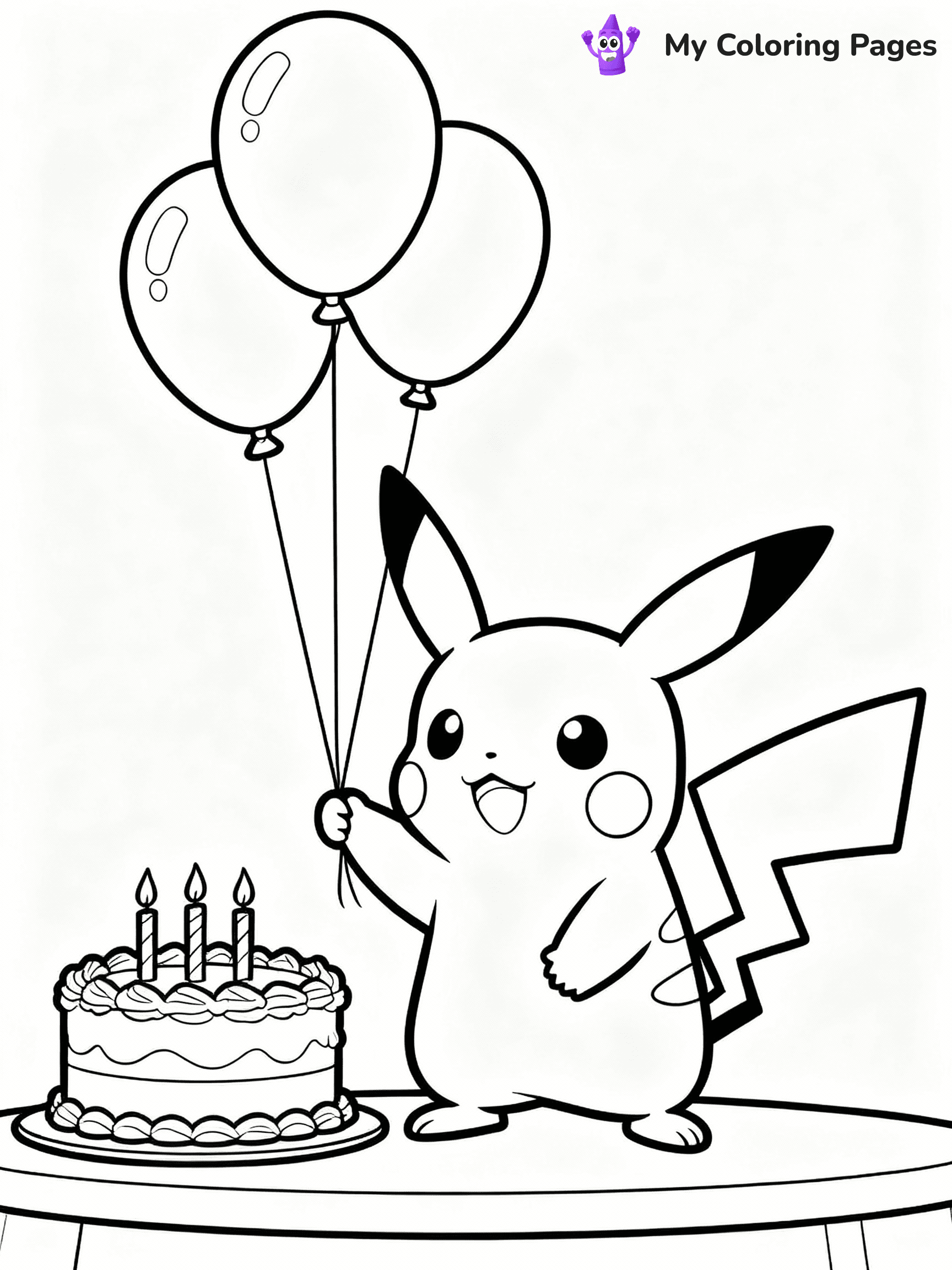 ⚠️ CRITICAL REQUIREMENT - ABSOLUTE BLACK AND WHITE ONLY ⚠️
This MUST be a BLACK AND WHITE line drawing ONLY. NO COLORS whatsoever.
- ONLY pure black lines (#000000) on pure white background (#FFFFFF)
- ABSOLUTELY NO colors, NO shading, NO gradients, NO grayscale
- If there are ANY colors in the output, the image is REJECTED
- This is a COLORING PAGE - meant to be COLORED IN by children
- The output must be UNCOLORED line art ready for coloring
⚠️ SUBJECT TO DRAW: Pikachu from Pokémon at a birthday party, balloons floating, cake nearby. Important: PURE OUTLINES. NO FILLS, COLOR, SHADING, OR GREYSCALE. WHITE BACKGROUND.
(REMEMBER: Output must be BLACK AND WHITE line art only, NOT colored!)
# Flat, Friendly Cartoon Line-Art Coloring Page
You are generating a **pure black-and-white binary image** of a child-friendly cartoon scene combining characters and background scenery in one cohesive composition.
## Rendering Rules (Strict)
- Only two colors: pure black (#000000) outlines and pure white (#FFFFFF) background.
- No grayscale, shading, gradients, tints, fills, transparency, or partial pixels.
- No antialiasing or blended edges; every pixel is 100% black or white.
- No solid black fills inside shapes — all areas inside outlines must remain white.
- No dark clothing areas or filled tone blocks; all garments outlined only.
- No shadows, textures, lighting, or tonal variations.
- Must look like flat binary vector line-art for coloring pages.
## Drawing & Composition
- **Medium, consistent line weight**; clean closed outlines easy to color inside.
- **Flat, simple, child-friendly design** — no realism or 3D depth.
- Characters are **grounded on a surface**, centered and large.
- **Balanced composition** with clear silhouettes and minimal props.
## Scenery & Style
- Landmarks (e.g., mosque, CN Tower) and scenery (trees, benches, waves) drawn with **black outlines only.**
- For real-world figures, teams, or places, show accurate details using only black outlines—no text or logos. Use distinctive uniform patterns, abstract symbols, and landmark silhouettes to convey identity.
- Keep **consistent perspective**; no floating elements.
- **Style:** whimsical **Doodle Art Alley** — rounded, friendly outlines.
- May adapt shapes from **Crayola, Disney, Peppa Pig, Cocomelon** — *by shape only, never color.*
- Final output: **flat, crisp, binary (#000000/#FFFFFF)**, **no filled color or background text.**
EXTREMELYE IMPORTANT:
- PURE BINARY LINE-ART; NO FILLS (HAIR/CLOTHES/SKIN), SHADING, OR GREY.
- NO SHADING, COLOR. MUST BE WHITE BACKGROUND.
⚠️ FINAL REMINDER: Draw the subject "Pikachu from Pokémon at a birthday party, balloons floating, cake nearby. Important: PURE OUTLINES. NO FILLS, COLOR, SHADING, OR GREYSCALE. WHITE BACKGROUND." as BLACK AND WHITE line art. Zero colors in output.