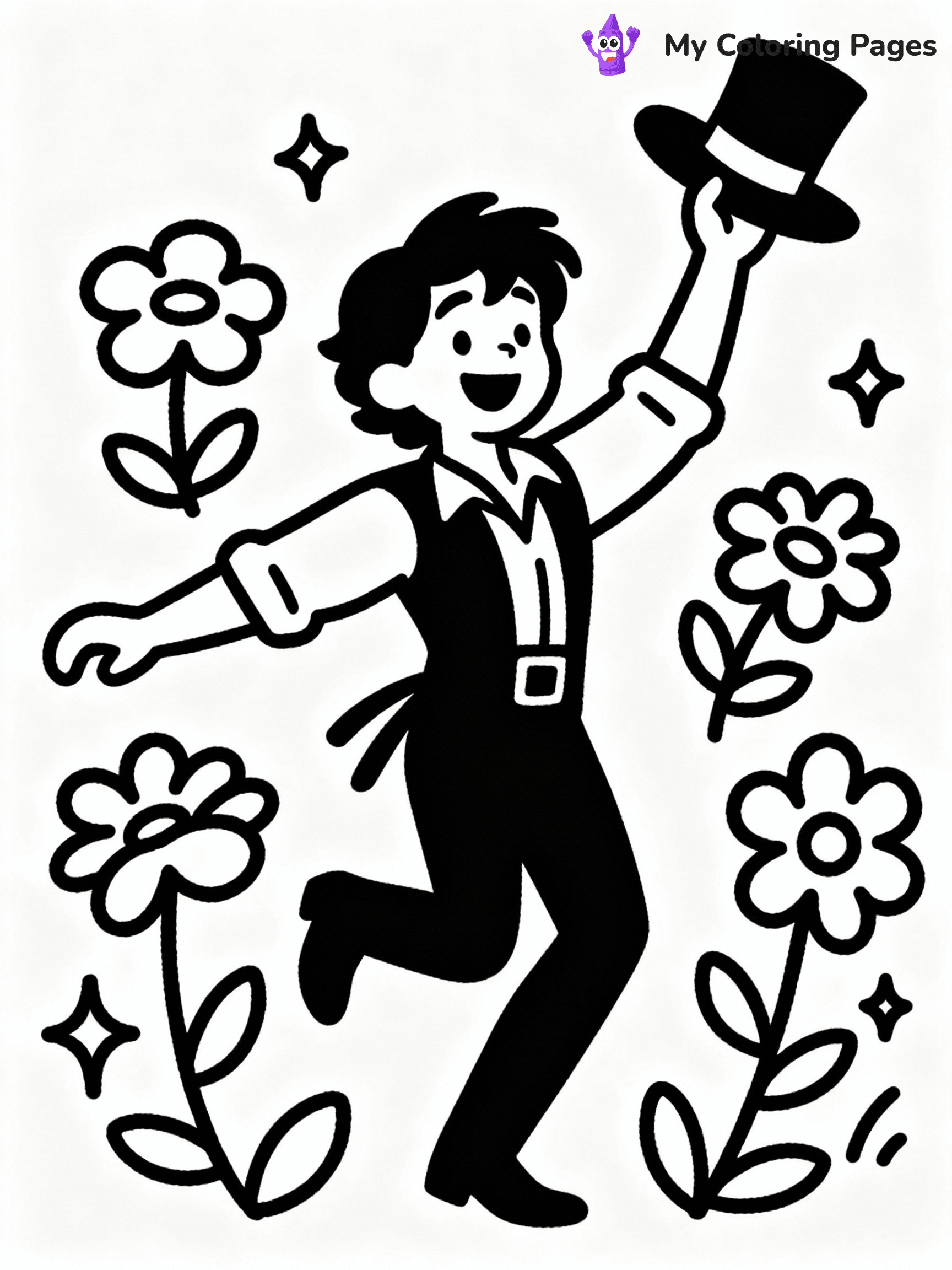 ⚠️ CRITICAL REQUIREMENT - ABSOLUTE BLACK AND WHITE ONLY ⚠️
This MUST be a BLACK AND WHITE line drawing ONLY. NO COLORS whatsoever.
- ONLY pure black lines (#000000) on pure white background (#FFFFFF)
- ABSOLUTELY NO colors, NO shading, NO gradients, NO grayscale
- If there are ANY colors in the output, the image is REJECTED
- This is a COLORING PAGE - meant to be COLORED IN by children
- The output must be UNCOLORED line art ready for coloring
⚠️ SUBJECT TO DRAW: Fiyero from Wicked in Broadway style, dancing joyfully, hat in hand, surrounded by enchanted flowers
(REMEMBER: Output must be BLACK AND WHITE line art only, NOT colored!)
# COLORING PAGE: BLACK OUTLINES ONLY - WHITE BACKGROUND MANDATORY
Create a **coloring book page** using EXACTLY two values: black lines, white space.
## NON-NEGOTIABLE BINARY RULES
- **ONLY #000000 (black) and #FFFFFF (white)** - NO other values exist
- **EVERY PIXEL = BLACK OR WHITE** - no gray/shading/antialiasing
- **WHITE BACKGROUND MANDATORY** - entire canvas stays white
- **ALL SHAPES HOLLOW** - everything is empty outlines waiting to be colored
- **FORBIDDEN:** fills, shading, gradients, patterns, textures, colors
- **NO SOLID REGIONS** - if it's not a thin line, it's wrong
## Universal Line Standards
- Black outlines ONLY - thin, uniform weight
- Every shape completely empty inside
- Closed contours suitable for coloring
- Simple flat illustration - zero depth/3D/realism
- **Style:** Whimsical Doodle Art Alley - rounded, friendly outlines (unless specified)
## Everything = Outline Only
- Characters/animals: hollow shapes
- Objects/clothing: empty contours
- Backgrounds/scenery: line work only
- Natural elements: outlined forms
- Dark/night areas: don't exist (use outlined symbols)
- Textures/patterns: convert to simple lines
## The Test
Can a child color EVERY white space with crayons? If any area is pre-filled/shaded/gray or colored in, it FAILS. Every shape must be waiting to receive color.
**FINAL OUTPUT**: Binary coloring page. Black lines define shapes. White spaces ready for coloring. Nothing else exists. No exceptions. Print-ready.
⚠️ FINAL REMINDER: Draw the subject "Fiyero from Wicked in Broadway style, dancing joyfully, hat in hand, surrounded by enchanted flowers" as BLACK AND WHITE line art. Zero colors in output.