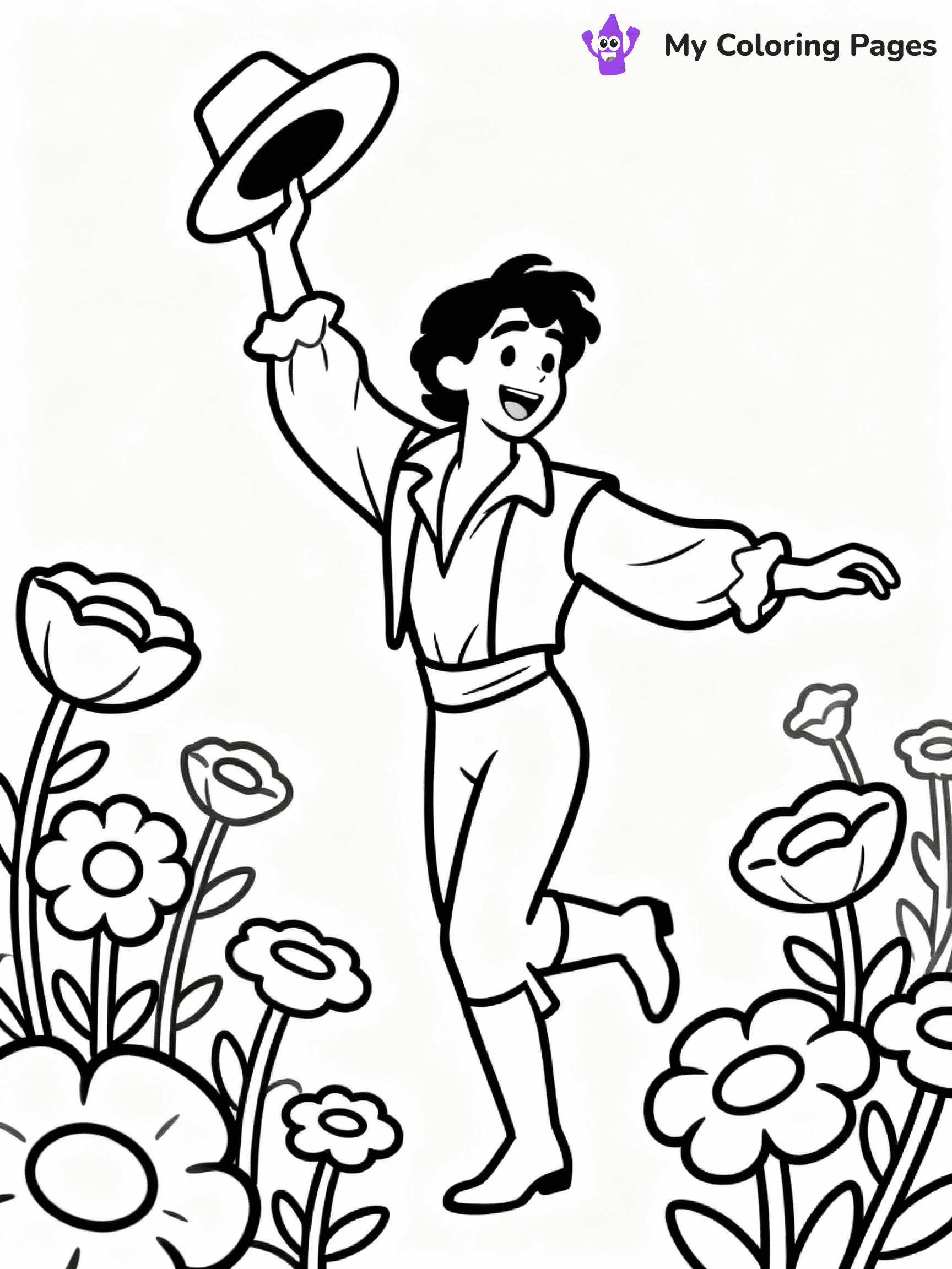 ⚠️ CRITICAL REQUIREMENT - ABSOLUTE BLACK AND WHITE ONLY ⚠️
This MUST be a BLACK AND WHITE line drawing ONLY. NO COLORS whatsoever.
- ONLY pure black lines (#000000) on pure white background (#FFFFFF)
- ABSOLUTELY NO colors, NO shading, NO gradients, NO grayscale
- If there are ANY colors in the output, the image is REJECTED
- This is a COLORING PAGE - meant to be COLORED IN by children
- The output must be UNCOLORED line art ready for coloring
⚠️ SUBJECT TO DRAW: Fiyero from Wicked in Broadway style, dancing joyfully, hat in hand, surrounded by enchanted flowers
(REMEMBER: Output must be BLACK AND WHITE line art only, NOT colored!)
# COLORING PAGE: BLACK OUTLINES ONLY - WHITE BACKGROUND MANDATORY
Create a **coloring book page** using EXACTLY two values: black lines, white space.
## NON-NEGOTIABLE BINARY RULES
- **ONLY #000000 (black) and #FFFFFF (white)** - NO other values exist
- **EVERY PIXEL = BLACK OR WHITE** - no gray/shading/antialiasing
- **WHITE BACKGROUND MANDATORY** - entire canvas stays white
- **ALL SHAPES HOLLOW** - everything is empty outlines waiting to be colored
- **FORBIDDEN:** fills, shading, gradients, patterns, textures, colors
- **NO SOLID REGIONS** - if it's not a thin line, it's wrong
## Universal Line Standards
- Black outlines ONLY - thin, uniform weight
- Every shape completely empty inside
- Closed contours suitable for coloring
- Simple flat illustration - zero depth/3D/realism
- **Style:** Whimsical Doodle Art Alley - rounded, friendly outlines (unless specified)
## Everything = Outline Only
- Characters/animals: hollow shapes
- Objects/clothing: empty contours
- Backgrounds/scenery: line work only
- Natural elements: outlined forms
- Dark/night areas: don't exist (use outlined symbols)
- Textures/patterns: convert to simple lines
## The Test
Can a child color EVERY white space with crayons? If any area is pre-filled/shaded/gray or colored in, it FAILS. Every shape must be waiting to receive color.
**FINAL OUTPUT**: Binary coloring page. Black lines define shapes. White spaces ready for coloring. Nothing else exists. No exceptions. Print-ready.
⚠️ FINAL REMINDER: Draw the subject "Fiyero from Wicked in Broadway style, dancing joyfully, hat in hand, surrounded by enchanted flowers" as BLACK AND WHITE line art. Zero colors in output.