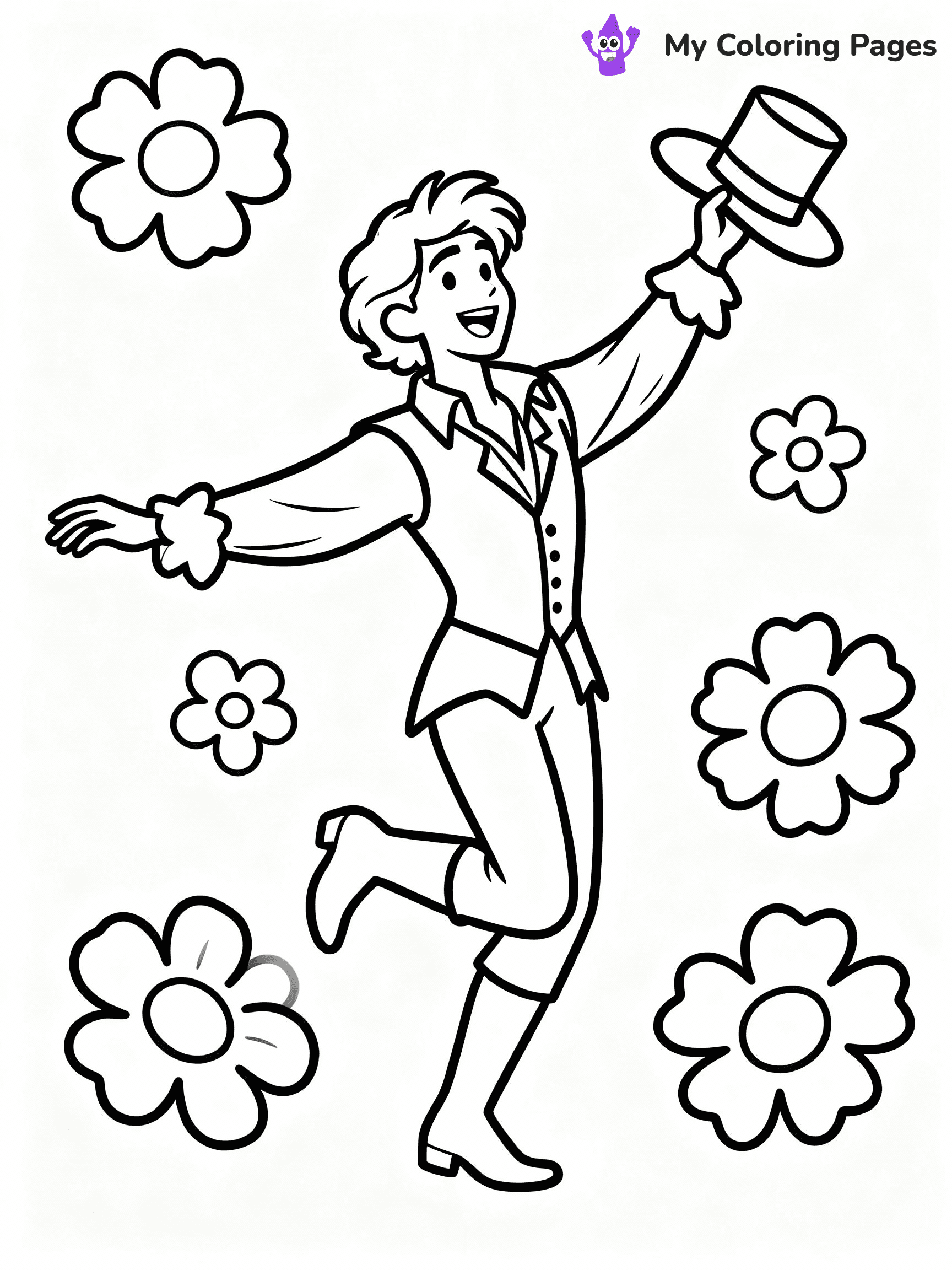 ⚠️ CRITICAL REQUIREMENT - ABSOLUTE BLACK AND WHITE ONLY ⚠️
This MUST be a BLACK AND WHITE line drawing ONLY. NO COLORS whatsoever.
- ONLY pure black lines (#000000) on pure white background (#FFFFFF)
- ABSOLUTELY NO colors, NO shading, NO gradients, NO grayscale
- If there are ANY colors in the output, the image is REJECTED
- This is a COLORING PAGE - meant to be COLORED IN by children
- The output must be UNCOLORED line art ready for coloring
⚠️ SUBJECT TO DRAW: Fiyero from Wicked in Broadway style, dancing joyfully, hat in hand, surrounded by enchanted flowers
(REMEMBER: Output must be BLACK AND WHITE line art only, NOT colored!)
# COLORING PAGE: BLACK OUTLINES ONLY - WHITE BACKGROUND MANDATORY
Create a **coloring book page** using EXACTLY two values: black lines, white space.
## NON-NEGOTIABLE BINARY RULES
- **ONLY #000000 (black) and #FFFFFF (white)** - NO other values exist
- **EVERY PIXEL = BLACK OR WHITE** - no gray/shading/antialiasing
- **WHITE BACKGROUND MANDATORY** - entire canvas stays white
- **ALL SHAPES HOLLOW** - everything is empty outlines waiting to be colored
- **FORBIDDEN:** fills, shading, gradients, patterns, textures, colors
- **NO SOLID REGIONS** - if it's not a thin line, it's wrong
## Universal Line Standards
- Black outlines ONLY - thin, uniform weight
- Every shape completely empty inside
- Closed contours suitable for coloring
- Simple flat illustration - zero depth/3D/realism
- **Style:** Whimsical Doodle Art Alley - rounded, friendly outlines (unless specified)
## Everything = Outline Only
- Characters/animals: hollow shapes
- Objects/clothing: empty contours
- Backgrounds/scenery: line work only
- Natural elements: outlined forms
- Dark/night areas: don't exist (use outlined symbols)
- Textures/patterns: convert to simple lines
## The Test
Can a child color EVERY white space with crayons? If any area is pre-filled/shaded/gray or colored in, it FAILS. Every shape must be waiting to receive color.
**FINAL OUTPUT**: Binary coloring page. Black lines define shapes. White spaces ready for coloring. Nothing else exists. No exceptions. Print-ready.
⚠️ FINAL REMINDER: Draw the subject "Fiyero from Wicked in Broadway style, dancing joyfully, hat in hand, surrounded by enchanted flowers" as BLACK AND WHITE line art. Zero colors in output.