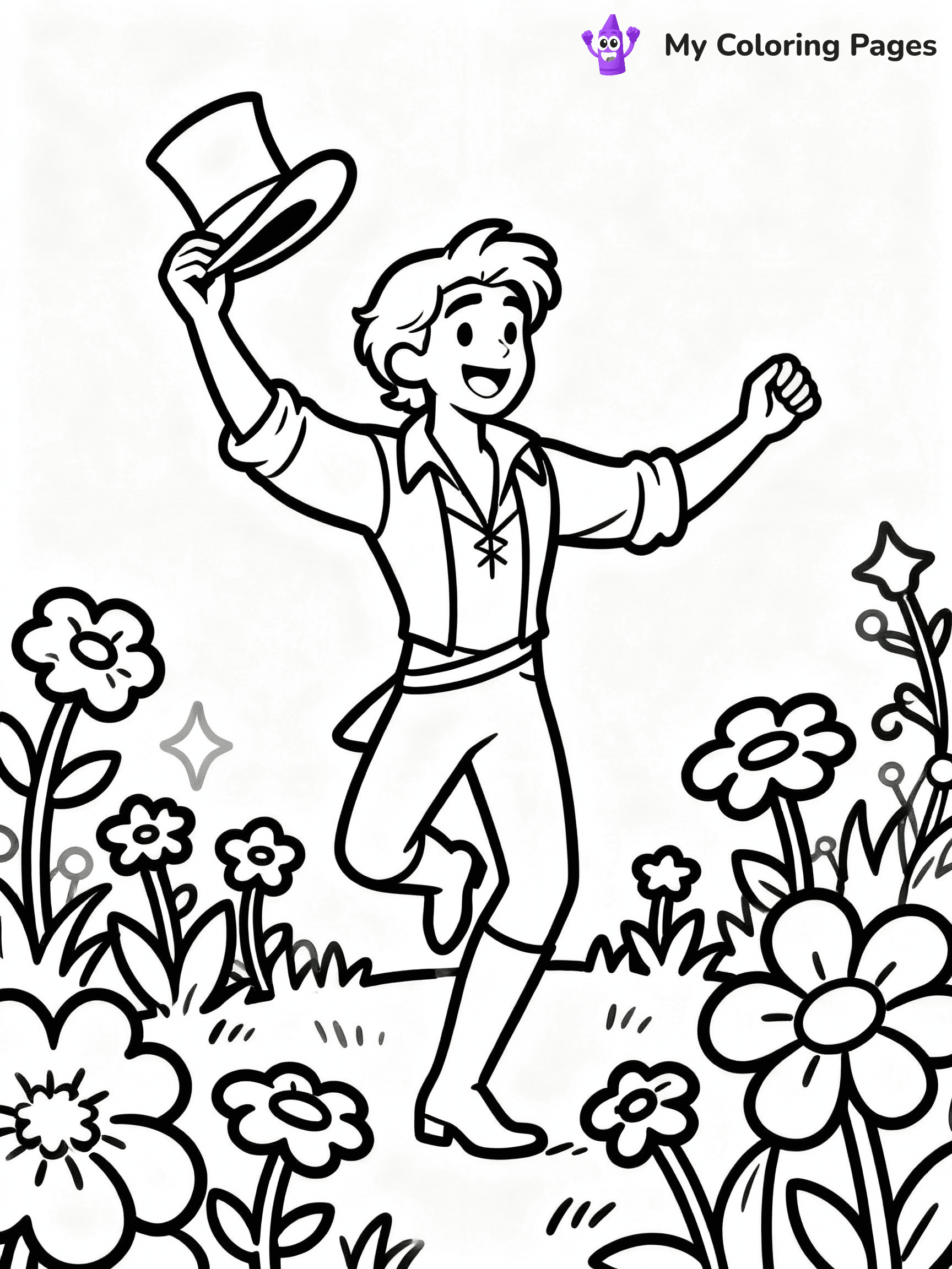 ⚠️ CRITICAL REQUIREMENT - ABSOLUTE BLACK AND WHITE ONLY ⚠️
This MUST be a BLACK AND WHITE line drawing ONLY. NO COLORS whatsoever.
- ONLY pure black lines (#000000) on pure white background (#FFFFFF)
- ABSOLUTELY NO colors, NO shading, NO gradients, NO grayscale
- If there are ANY colors in the output, the image is REJECTED
- This is a COLORING PAGE - meant to be COLORED IN by children
- The output must be UNCOLORED line art ready for coloring
⚠️ SUBJECT TO DRAW: Fiyero from Wicked in Broadway style, dancing joyfully, hat in hand, surrounded by enchanted flowers
(REMEMBER: Output must be BLACK AND WHITE line art only, NOT colored!)
# COLORING PAGE: BLACK OUTLINES ONLY - WHITE BACKGROUND MANDATORY
Create a **coloring book page** using EXACTLY two values: black lines, white space.
## NON-NEGOTIABLE BINARY RULES
- **ONLY #000000 (black) and #FFFFFF (white)** - NO other values exist
- **EVERY PIXEL = BLACK OR WHITE** - no gray/shading/antialiasing
- **WHITE BACKGROUND MANDATORY** - entire canvas stays white
- **ALL SHAPES HOLLOW** - everything is empty outlines waiting to be colored
- **FORBIDDEN:** fills, shading, gradients, patterns, textures, colors
- **NO SOLID REGIONS** - if it's not a thin line, it's wrong
## Universal Line Standards
- Black outlines ONLY - thin, uniform weight
- Every shape completely empty inside
- Closed contours suitable for coloring
- Simple flat illustration - zero depth/3D/realism
- **Style:** Whimsical Doodle Art Alley - rounded, friendly outlines (unless specified)
## Everything = Outline Only
- Characters/animals: hollow shapes
- Objects/clothing: empty contours
- Backgrounds/scenery: line work only
- Natural elements: outlined forms
- Dark/night areas: don't exist (use outlined symbols)
- Textures/patterns: convert to simple lines
## The Test
Can a child color EVERY white space with crayons? If any area is pre-filled/shaded/gray or colored in, it FAILS. Every shape must be waiting to receive color.
**FINAL OUTPUT**: Binary coloring page. Black lines define shapes. White spaces ready for coloring. Nothing else exists. No exceptions. Print-ready.
⚠️ FINAL REMINDER: Draw the subject "Fiyero from Wicked in Broadway style, dancing joyfully, hat in hand, surrounded by enchanted flowers" as BLACK AND WHITE line art. Zero colors in output.