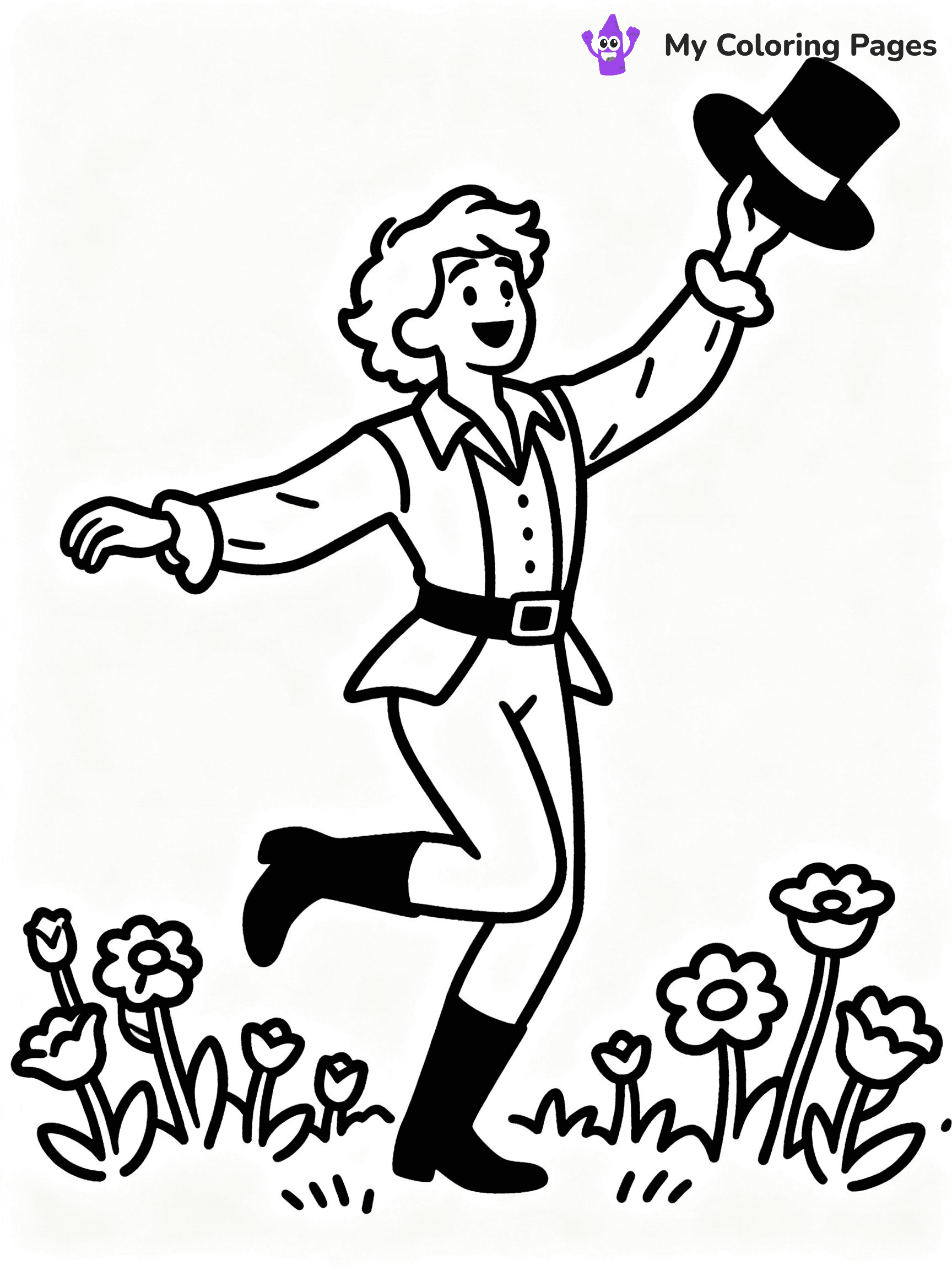 ⚠️ CRITICAL REQUIREMENT - ABSOLUTE BLACK AND WHITE ONLY ⚠️
This MUST be a BLACK AND WHITE line drawing ONLY. NO COLORS whatsoever.
- ONLY pure black lines (#000000) on pure white background (#FFFFFF)
- ABSOLUTELY NO colors, NO shading, NO gradients, NO grayscale
- If there are ANY colors in the output, the image is REJECTED
- This is a COLORING PAGE - meant to be COLORED IN by children
- The output must be UNCOLORED line art ready for coloring
⚠️ SUBJECT TO DRAW: Fiyero from Wicked in Broadway style, dancing joyfully, hat in hand, surrounded by enchanted flowers
(REMEMBER: Output must be BLACK AND WHITE line art only, NOT colored!)
# COLORING PAGE: BLACK OUTLINES ONLY - WHITE BACKGROUND MANDATORY
Create a **coloring book page** using EXACTLY two values: black lines, white space.
## NON-NEGOTIABLE BINARY RULES
- **ONLY #000000 (black) and #FFFFFF (white)** - NO other values exist
- **EVERY PIXEL = BLACK OR WHITE** - no gray/shading/antialiasing
- **WHITE BACKGROUND MANDATORY** - entire canvas stays white
- **ALL SHAPES HOLLOW** - everything is empty outlines waiting to be colored
- **FORBIDDEN:** fills, shading, gradients, patterns, textures, colors
- **NO SOLID REGIONS** - if it's not a thin line, it's wrong
## Universal Line Standards
- Black outlines ONLY - thin, uniform weight
- Every shape completely empty inside
- Closed contours suitable for coloring
- Simple flat illustration - zero depth/3D/realism
- **Style:** Whimsical Doodle Art Alley - rounded, friendly outlines (unless specified)
## Everything = Outline Only
- Characters/animals: hollow shapes
- Objects/clothing: empty contours
- Backgrounds/scenery: line work only
- Natural elements: outlined forms
- Dark/night areas: don't exist (use outlined symbols)
- Textures/patterns: convert to simple lines
## The Test
Can a child color EVERY white space with crayons? If any area is pre-filled/shaded/gray or colored in, it FAILS. Every shape must be waiting to receive color.
**FINAL OUTPUT**: Binary coloring page. Black lines define shapes. White spaces ready for coloring. Nothing else exists. No exceptions. Print-ready.
⚠️ FINAL REMINDER: Draw the subject "Fiyero from Wicked in Broadway style, dancing joyfully, hat in hand, surrounded by enchanted flowers" as BLACK AND WHITE line art. Zero colors in output.