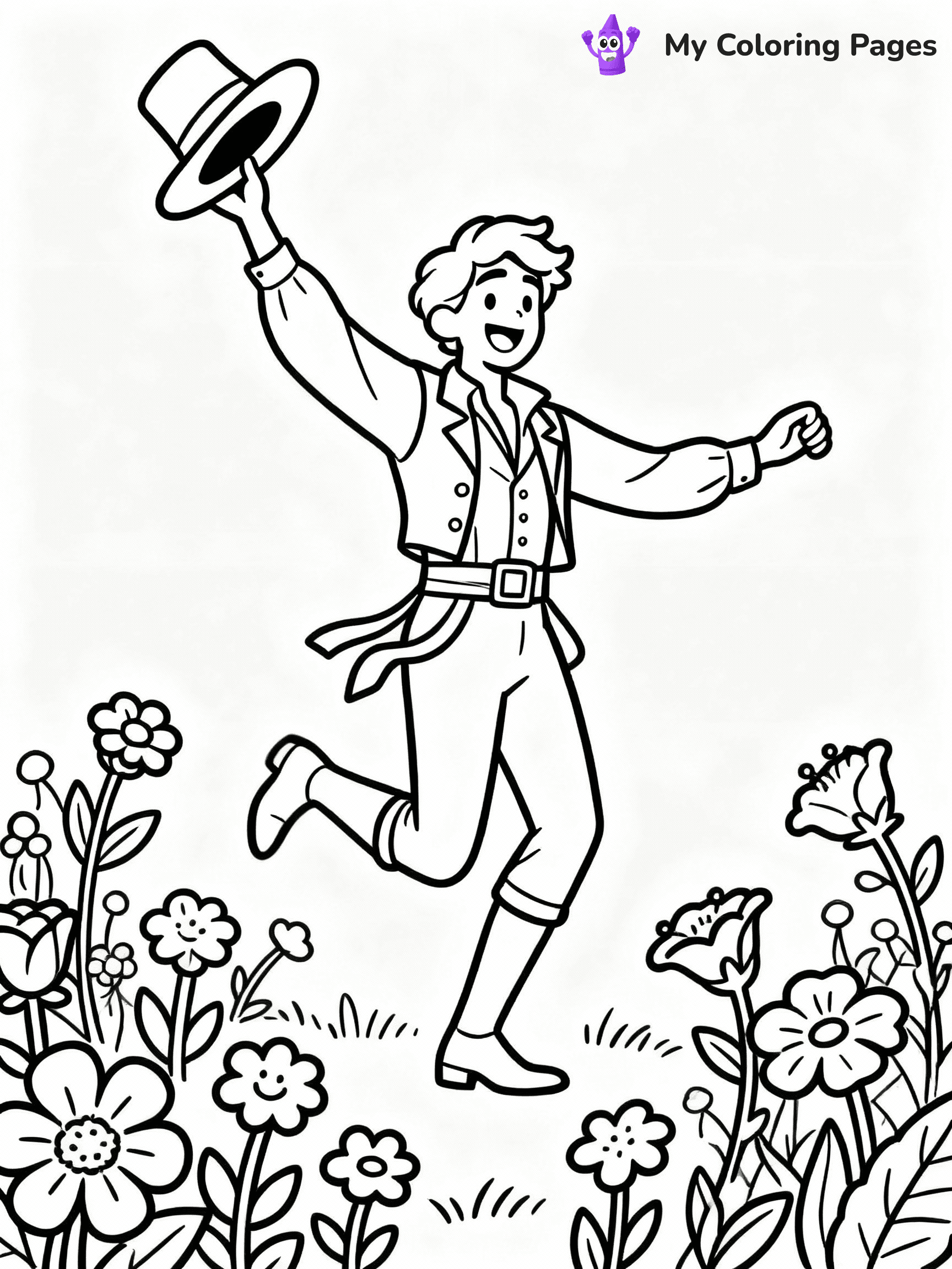 ⚠️ CRITICAL REQUIREMENT - ABSOLUTE BLACK AND WHITE ONLY ⚠️
This MUST be a BLACK AND WHITE line drawing ONLY. NO COLORS whatsoever.
- ONLY pure black lines (#000000) on pure white background (#FFFFFF)
- ABSOLUTELY NO colors, NO shading, NO gradients, NO grayscale
- If there are ANY colors in the output, the image is REJECTED
- This is a COLORING PAGE - meant to be COLORED IN by children
- The output must be UNCOLORED line art ready for coloring
⚠️ SUBJECT TO DRAW: Fiyero from Wicked in Broadway style, dancing joyfully, hat in hand, surrounded by enchanted flowers
(REMEMBER: Output must be BLACK AND WHITE line art only, NOT colored!)
# COLORING PAGE: BLACK OUTLINES ONLY - WHITE BACKGROUND MANDATORY
Create a **coloring book page** using EXACTLY two values: black lines, white space.
## NON-NEGOTIABLE BINARY RULES
- **ONLY #000000 (black) and #FFFFFF (white)** - NO other values exist
- **EVERY PIXEL = BLACK OR WHITE** - no gray/shading/antialiasing
- **WHITE BACKGROUND MANDATORY** - entire canvas stays white
- **ALL SHAPES HOLLOW** - everything is empty outlines waiting to be colored
- **FORBIDDEN:** fills, shading, gradients, patterns, textures, colors
- **NO SOLID REGIONS** - if it's not a thin line, it's wrong
## Universal Line Standards
- Black outlines ONLY - thin, uniform weight
- Every shape completely empty inside
- Closed contours suitable for coloring
- Simple flat illustration - zero depth/3D/realism
- **Style:** Whimsical Doodle Art Alley - rounded, friendly outlines (unless specified)
## Everything = Outline Only
- Characters/animals: hollow shapes
- Objects/clothing: empty contours
- Backgrounds/scenery: line work only
- Natural elements: outlined forms
- Dark/night areas: don't exist (use outlined symbols)
- Textures/patterns: convert to simple lines
## The Test
Can a child color EVERY white space with crayons? If any area is pre-filled/shaded/gray or colored in, it FAILS. Every shape must be waiting to receive color.
**FINAL OUTPUT**: Binary coloring page. Black lines define shapes. White spaces ready for coloring. Nothing else exists. No exceptions. Print-ready.
⚠️ FINAL REMINDER: Draw the subject "Fiyero from Wicked in Broadway style, dancing joyfully, hat in hand, surrounded by enchanted flowers" as BLACK AND WHITE line art. Zero colors in output.