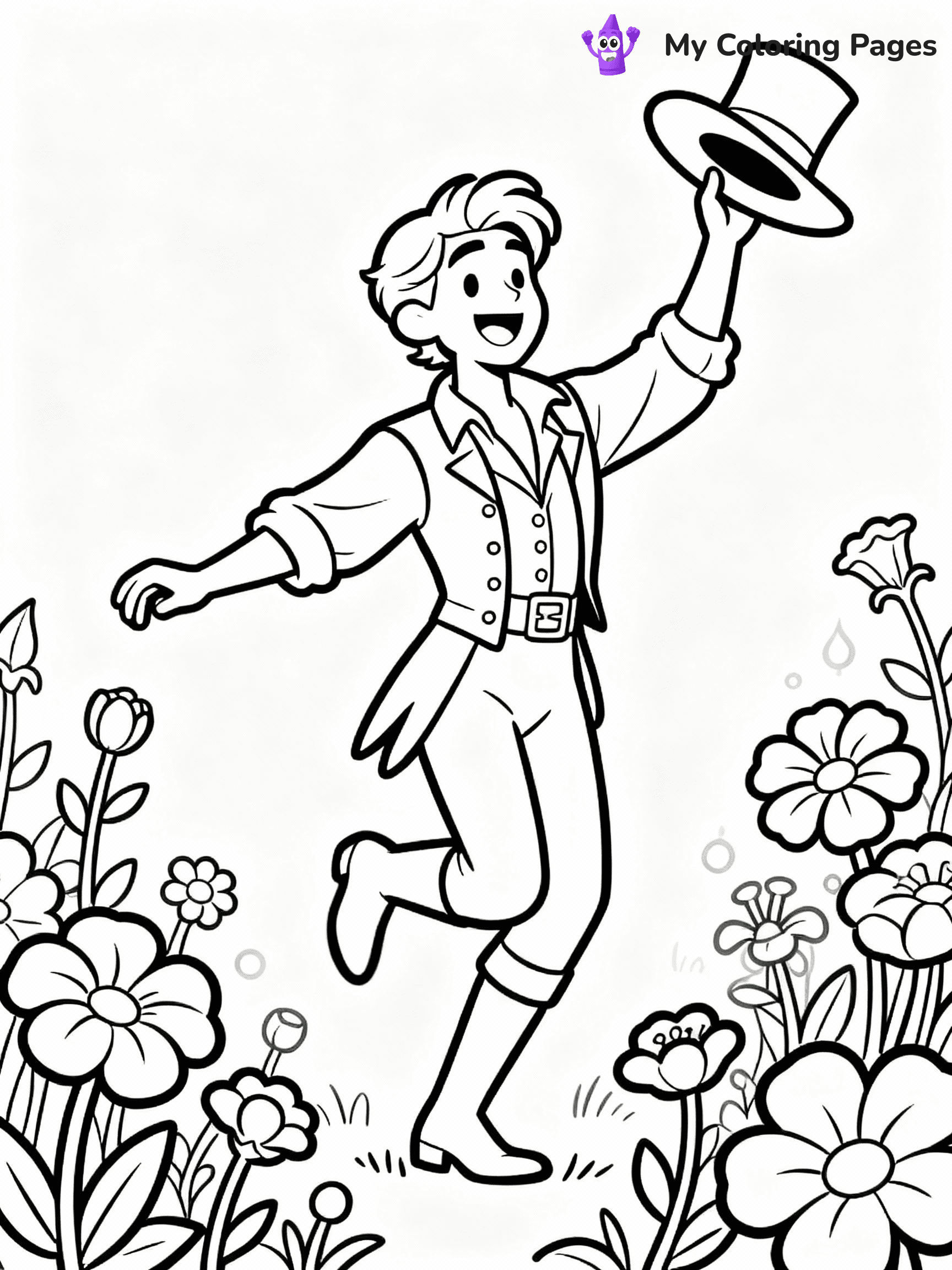 ⚠️ CRITICAL REQUIREMENT - ABSOLUTE BLACK AND WHITE ONLY ⚠️
This MUST be a BLACK AND WHITE line drawing ONLY. NO COLORS whatsoever.
- ONLY pure black lines (#000000) on pure white background (#FFFFFF)
- ABSOLUTELY NO colors, NO shading, NO gradients, NO grayscale
- If there are ANY colors in the output, the image is REJECTED
- This is a COLORING PAGE - meant to be COLORED IN by children
- The output must be UNCOLORED line art ready for coloring
⚠️ SUBJECT TO DRAW: Fiyero from Wicked in Broadway style, dancing joyfully, hat in hand, surrounded by enchanted flowers
(REMEMBER: Output must be BLACK AND WHITE line art only, NOT colored!)
# COLORING PAGE: BLACK OUTLINES ONLY - WHITE BACKGROUND MANDATORY
Create a **coloring book page** using EXACTLY two values: black lines, white space.
## NON-NEGOTIABLE BINARY RULES
- **ONLY #000000 (black) and #FFFFFF (white)** - NO other values exist
- **EVERY PIXEL = BLACK OR WHITE** - no gray/shading/antialiasing
- **WHITE BACKGROUND MANDATORY** - entire canvas stays white
- **ALL SHAPES HOLLOW** - everything is empty outlines waiting to be colored
- **FORBIDDEN:** fills, shading, gradients, patterns, textures, colors
- **NO SOLID REGIONS** - if it's not a thin line, it's wrong
## Universal Line Standards
- Black outlines ONLY - thin, uniform weight
- Every shape completely empty inside
- Closed contours suitable for coloring
- Simple flat illustration - zero depth/3D/realism
- **Style:** Whimsical Doodle Art Alley - rounded, friendly outlines (unless specified)
## Everything = Outline Only
- Characters/animals: hollow shapes
- Objects/clothing: empty contours
- Backgrounds/scenery: line work only
- Natural elements: outlined forms
- Dark/night areas: don't exist (use outlined symbols)
- Textures/patterns: convert to simple lines
## The Test
Can a child color EVERY white space with crayons? If any area is pre-filled/shaded/gray or colored in, it FAILS. Every shape must be waiting to receive color.
**FINAL OUTPUT**: Binary coloring page. Black lines define shapes. White spaces ready for coloring. Nothing else exists. No exceptions. Print-ready.
⚠️ FINAL REMINDER: Draw the subject "Fiyero from Wicked in Broadway style, dancing joyfully, hat in hand, surrounded by enchanted flowers" as BLACK AND WHITE line art. Zero colors in output.