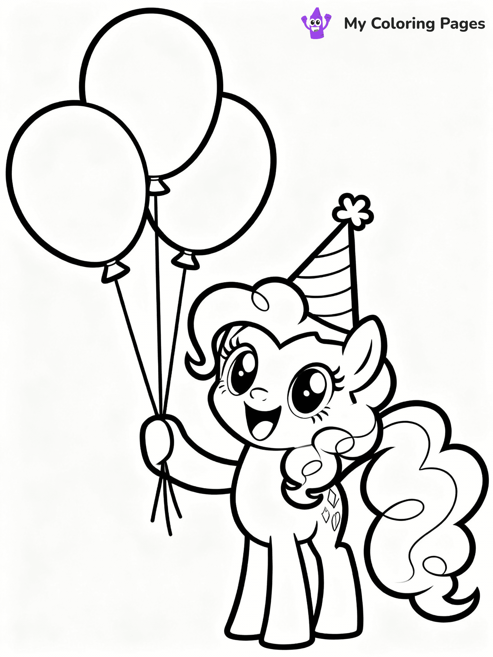 ⚠️ CRITICAL REQUIREMENT - ABSOLUTE BLACK AND WHITE ONLY ⚠️
This MUST be a BLACK AND WHITE line drawing ONLY. NO COLORS whatsoever.
- ONLY pure black lines (#000000) on pure white background (#FFFFFF)
- ABSOLUTELY NO colors, NO shading, NO gradients, NO grayscale
- If there are ANY colors in the output, the image is REJECTED
- This is a COLORING PAGE - meant to be COLORED IN by children
- The output must be UNCOLORED line art ready for coloring
⚠️ SUBJECT TO DRAW: Pinkie Pie from My Little Pony in My Little Pony animation style, holding balloons, big smile, party hat on
(REMEMBER: Output must be BLACK AND WHITE line art only, NOT colored!)
# COLORING PAGE: BLACK OUTLINES ONLY - WHITE BACKGROUND MANDATORY
Create a **coloring book page** using EXACTLY two values: black lines, white space.
## NON-NEGOTIABLE BINARY RULES
- **ONLY #000000 (black) and #FFFFFF (white)** - NO other values exist
- **EVERY PIXEL = BLACK OR WHITE** - no gray/shading/antialiasing
- **WHITE BACKGROUND MANDATORY** - entire canvas stays white
- **ALL SHAPES HOLLOW** - everything is empty outlines waiting to be colored
- **FORBIDDEN:** fills, shading, gradients, patterns, textures, colors
- **NO SOLID REGIONS** - if it's not a thin line, it's wrong
## Universal Line Standards
- Black outlines ONLY - thin, uniform weight
- Every shape completely empty inside
- Closed contours suitable for coloring
- Simple flat illustration - zero depth/3D/realism
- **Style:** Whimsical Doodle Art Alley - rounded, friendly outlines (unless specified)
## Everything = Outline Only
- Characters/animals: hollow shapes
- Objects/clothing: empty contours
- Backgrounds/scenery: line work only
- Natural elements: outlined forms
- Dark/night areas: don't exist (use outlined symbols)
- Textures/patterns: convert to simple lines
## The Test
Can a child color EVERY white space with crayons? If any area is pre-filled/shaded/gray or colored in, it FAILS. Every shape must be waiting to receive color.
**FINAL OUTPUT**: Binary coloring page. Black lines define shapes. White spaces ready for coloring. Nothing else exists. No exceptions. Print-ready.
⚠️ FINAL REMINDER: Draw the subject "Pinkie Pie from My Little Pony in My Little Pony animation style, holding balloons, big smile, party hat on" as BLACK AND WHITE line art. Zero colors in output.