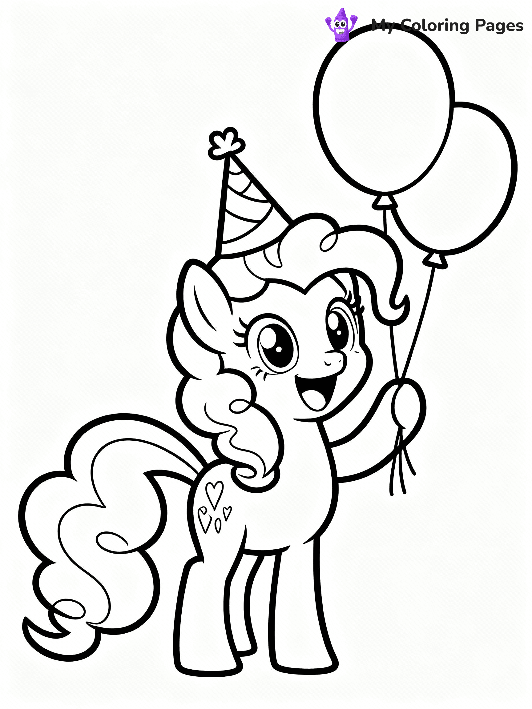 ⚠️ CRITICAL REQUIREMENT - ABSOLUTE BLACK AND WHITE ONLY ⚠️
This MUST be a BLACK AND WHITE line drawing ONLY. NO COLORS whatsoever.
- ONLY pure black lines (#000000) on pure white background (#FFFFFF)
- ABSOLUTELY NO colors, NO shading, NO gradients, NO grayscale
- If there are ANY colors in the output, the image is REJECTED
- This is a COLORING PAGE - meant to be COLORED IN by children
- The output must be UNCOLORED line art ready for coloring
⚠️ SUBJECT TO DRAW: Pinkie Pie from My Little Pony in My Little Pony animation style, holding balloons, big smile, party hat on
(REMEMBER: Output must be BLACK AND WHITE line art only, NOT colored!)
# COLORING PAGE: BLACK OUTLINES ONLY - WHITE BACKGROUND MANDATORY
Create a **coloring book page** using EXACTLY two values: black lines, white space.
## NON-NEGOTIABLE BINARY RULES
- **ONLY #000000 (black) and #FFFFFF (white)** - NO other values exist
- **EVERY PIXEL = BLACK OR WHITE** - no gray/shading/antialiasing
- **WHITE BACKGROUND MANDATORY** - entire canvas stays white
- **ALL SHAPES HOLLOW** - everything is empty outlines waiting to be colored
- **FORBIDDEN:** fills, shading, gradients, patterns, textures, colors
- **NO SOLID REGIONS** - if it's not a thin line, it's wrong
## Universal Line Standards
- Black outlines ONLY - thin, uniform weight
- Every shape completely empty inside
- Closed contours suitable for coloring
- Simple flat illustration - zero depth/3D/realism
- **Style:** Whimsical Doodle Art Alley - rounded, friendly outlines (unless specified)
## Everything = Outline Only
- Characters/animals: hollow shapes
- Objects/clothing: empty contours
- Backgrounds/scenery: line work only
- Natural elements: outlined forms
- Dark/night areas: don't exist (use outlined symbols)
- Textures/patterns: convert to simple lines
## The Test
Can a child color EVERY white space with crayons? If any area is pre-filled/shaded/gray or colored in, it FAILS. Every shape must be waiting to receive color.
**FINAL OUTPUT**: Binary coloring page. Black lines define shapes. White spaces ready for coloring. Nothing else exists. No exceptions. Print-ready.
⚠️ FINAL REMINDER: Draw the subject "Pinkie Pie from My Little Pony in My Little Pony animation style, holding balloons, big smile, party hat on" as BLACK AND WHITE line art. Zero colors in output.