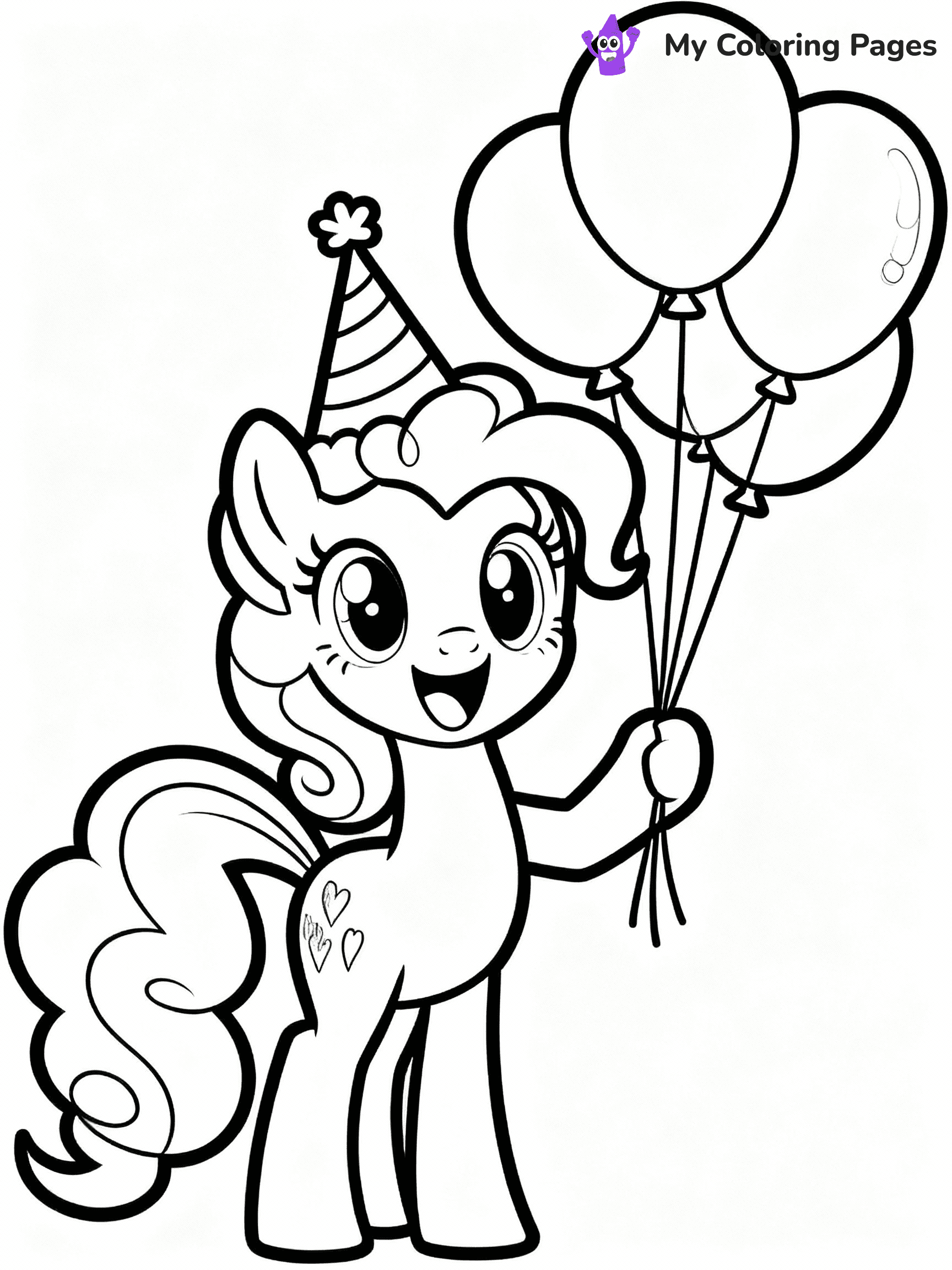 ⚠️ CRITICAL REQUIREMENT - ABSOLUTE BLACK AND WHITE ONLY ⚠️
This MUST be a BLACK AND WHITE line drawing ONLY. NO COLORS whatsoever.
- ONLY pure black lines (#000000) on pure white background (#FFFFFF)
- ABSOLUTELY NO colors, NO shading, NO gradients, NO grayscale
- If there are ANY colors in the output, the image is REJECTED
- This is a COLORING PAGE - meant to be COLORED IN by children
- The output must be UNCOLORED line art ready for coloring
⚠️ SUBJECT TO DRAW: Pinkie Pie from My Little Pony in My Little Pony animation style, holding balloons, big smile, party hat on
(REMEMBER: Output must be BLACK AND WHITE line art only, NOT colored!)
# COLORING PAGE: BLACK OUTLINES ONLY - WHITE BACKGROUND MANDATORY
Create a **coloring book page** using EXACTLY two values: black lines, white space.
## NON-NEGOTIABLE BINARY RULES
- **ONLY #000000 (black) and #FFFFFF (white)** - NO other values exist
- **EVERY PIXEL = BLACK OR WHITE** - no gray/shading/antialiasing
- **WHITE BACKGROUND MANDATORY** - entire canvas stays white
- **ALL SHAPES HOLLOW** - everything is empty outlines waiting to be colored
- **FORBIDDEN:** fills, shading, gradients, patterns, textures, colors
- **NO SOLID REGIONS** - if it's not a thin line, it's wrong
## Universal Line Standards
- Black outlines ONLY - thin, uniform weight
- Every shape completely empty inside
- Closed contours suitable for coloring
- Simple flat illustration - zero depth/3D/realism
- **Style:** Whimsical Doodle Art Alley - rounded, friendly outlines (unless specified)
## Everything = Outline Only
- Characters/animals: hollow shapes
- Objects/clothing: empty contours
- Backgrounds/scenery: line work only
- Natural elements: outlined forms
- Dark/night areas: don't exist (use outlined symbols)
- Textures/patterns: convert to simple lines
## The Test
Can a child color EVERY white space with crayons? If any area is pre-filled/shaded/gray or colored in, it FAILS. Every shape must be waiting to receive color.
**FINAL OUTPUT**: Binary coloring page. Black lines define shapes. White spaces ready for coloring. Nothing else exists. No exceptions. Print-ready.
⚠️ FINAL REMINDER: Draw the subject "Pinkie Pie from My Little Pony in My Little Pony animation style, holding balloons, big smile, party hat on" as BLACK AND WHITE line art. Zero colors in output.