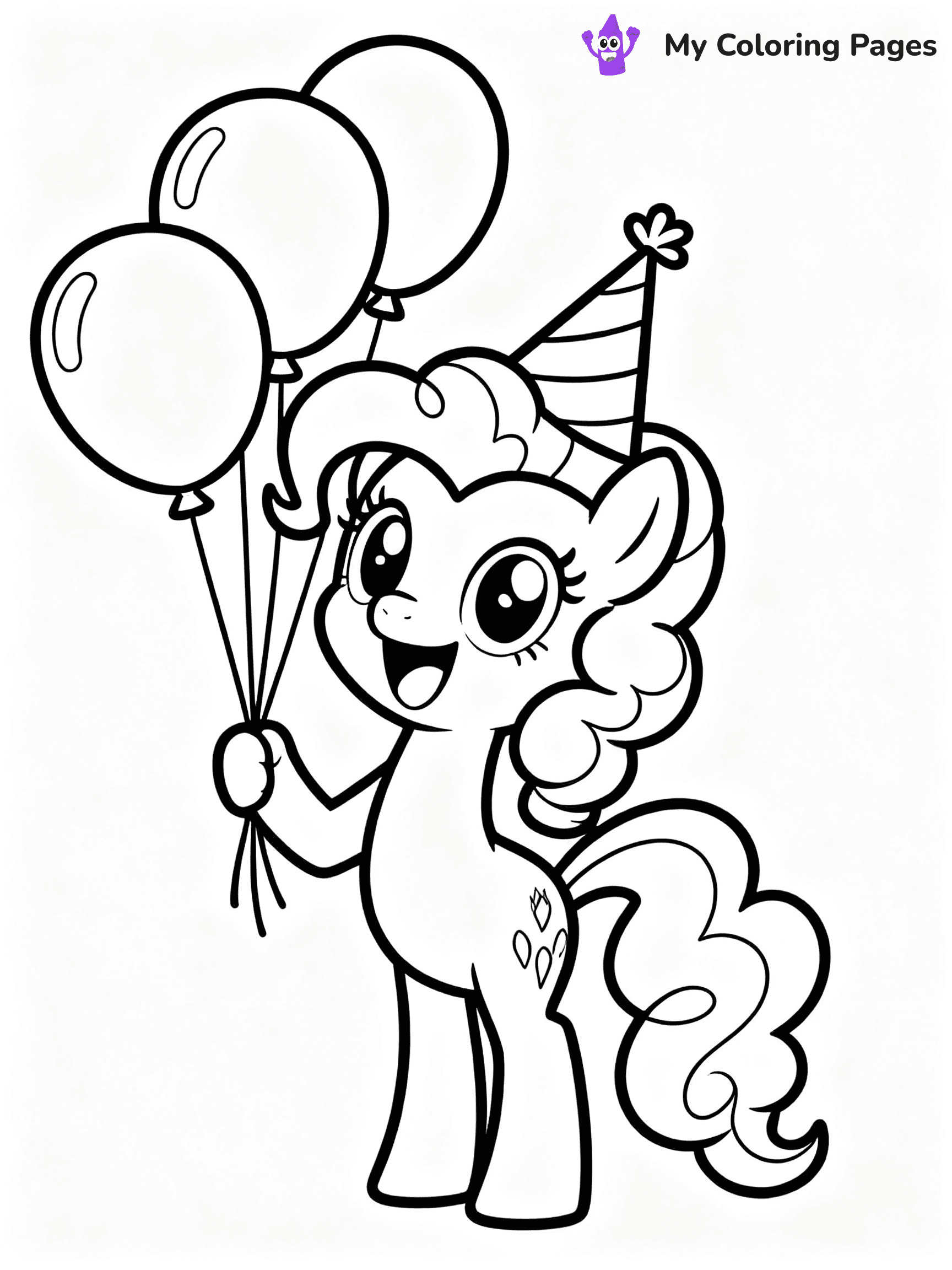 ⚠️ CRITICAL REQUIREMENT - ABSOLUTE BLACK AND WHITE ONLY ⚠️
This MUST be a BLACK AND WHITE line drawing ONLY. NO COLORS whatsoever.
- ONLY pure black lines (#000000) on pure white background (#FFFFFF)
- ABSOLUTELY NO colors, NO shading, NO gradients, NO grayscale
- If there are ANY colors in the output, the image is REJECTED
- This is a COLORING PAGE - meant to be COLORED IN by children
- The output must be UNCOLORED line art ready for coloring
⚠️ SUBJECT TO DRAW: Pinkie Pie from My Little Pony in My Little Pony animation style, holding balloons, big smile, party hat on
(REMEMBER: Output must be BLACK AND WHITE line art only, NOT colored!)
# COLORING PAGE: BLACK OUTLINES ONLY - WHITE BACKGROUND MANDATORY
Create a **coloring book page** using EXACTLY two values: black lines, white space.
## NON-NEGOTIABLE BINARY RULES
- **ONLY #000000 (black) and #FFFFFF (white)** - NO other values exist
- **EVERY PIXEL = BLACK OR WHITE** - no gray/shading/antialiasing
- **WHITE BACKGROUND MANDATORY** - entire canvas stays white
- **ALL SHAPES HOLLOW** - everything is empty outlines waiting to be colored
- **FORBIDDEN:** fills, shading, gradients, patterns, textures, colors
- **NO SOLID REGIONS** - if it's not a thin line, it's wrong
## Universal Line Standards
- Black outlines ONLY - thin, uniform weight
- Every shape completely empty inside
- Closed contours suitable for coloring
- Simple flat illustration - zero depth/3D/realism
- **Style:** Whimsical Doodle Art Alley - rounded, friendly outlines (unless specified)
## Everything = Outline Only
- Characters/animals: hollow shapes
- Objects/clothing: empty contours
- Backgrounds/scenery: line work only
- Natural elements: outlined forms
- Dark/night areas: don't exist (use outlined symbols)
- Textures/patterns: convert to simple lines
## The Test
Can a child color EVERY white space with crayons? If any area is pre-filled/shaded/gray or colored in, it FAILS. Every shape must be waiting to receive color.
**FINAL OUTPUT**: Binary coloring page. Black lines define shapes. White spaces ready for coloring. Nothing else exists. No exceptions. Print-ready.
⚠️ FINAL REMINDER: Draw the subject "Pinkie Pie from My Little Pony in My Little Pony animation style, holding balloons, big smile, party hat on" as BLACK AND WHITE line art. Zero colors in output.