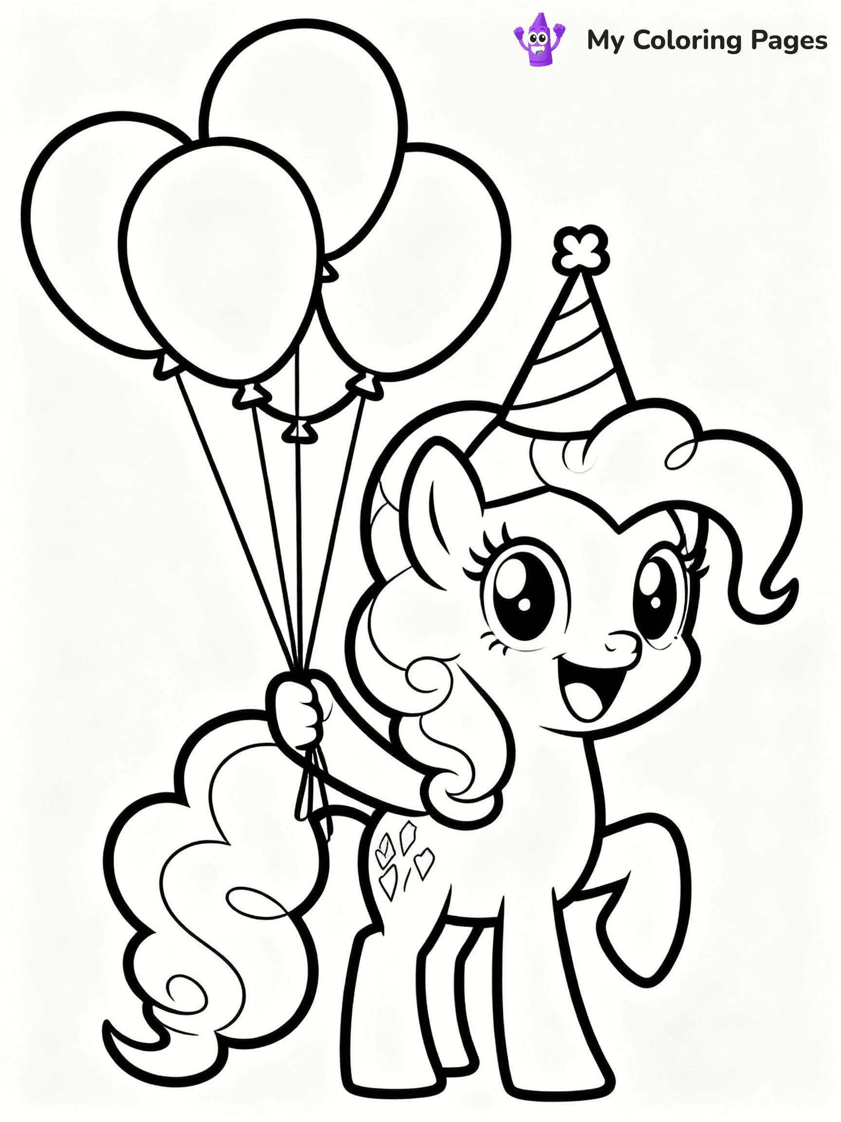 ⚠️ CRITICAL REQUIREMENT - ABSOLUTE BLACK AND WHITE ONLY ⚠️
This MUST be a BLACK AND WHITE line drawing ONLY. NO COLORS whatsoever.
- ONLY pure black lines (#000000) on pure white background (#FFFFFF)
- ABSOLUTELY NO colors, NO shading, NO gradients, NO grayscale
- If there are ANY colors in the output, the image is REJECTED
- This is a COLORING PAGE - meant to be COLORED IN by children
- The output must be UNCOLORED line art ready for coloring
⚠️ SUBJECT TO DRAW: Pinkie Pie from My Little Pony in My Little Pony animation style, holding balloons, big smile, party hat on
(REMEMBER: Output must be BLACK AND WHITE line art only, NOT colored!)
# COLORING PAGE: BLACK OUTLINES ONLY - WHITE BACKGROUND MANDATORY
Create a **coloring book page** using EXACTLY two values: black lines, white space.
## NON-NEGOTIABLE BINARY RULES
- **ONLY #000000 (black) and #FFFFFF (white)** - NO other values exist
- **EVERY PIXEL = BLACK OR WHITE** - no gray/shading/antialiasing
- **WHITE BACKGROUND MANDATORY** - entire canvas stays white
- **ALL SHAPES HOLLOW** - everything is empty outlines waiting to be colored
- **FORBIDDEN:** fills, shading, gradients, patterns, textures, colors
- **NO SOLID REGIONS** - if it's not a thin line, it's wrong
## Universal Line Standards
- Black outlines ONLY - thin, uniform weight
- Every shape completely empty inside
- Closed contours suitable for coloring
- Simple flat illustration - zero depth/3D/realism
- **Style:** Whimsical Doodle Art Alley - rounded, friendly outlines (unless specified)
## Everything = Outline Only
- Characters/animals: hollow shapes
- Objects/clothing: empty contours
- Backgrounds/scenery: line work only
- Natural elements: outlined forms
- Dark/night areas: don't exist (use outlined symbols)
- Textures/patterns: convert to simple lines
## The Test
Can a child color EVERY white space with crayons? If any area is pre-filled/shaded/gray or colored in, it FAILS. Every shape must be waiting to receive color.
**FINAL OUTPUT**: Binary coloring page. Black lines define shapes. White spaces ready for coloring. Nothing else exists. No exceptions. Print-ready.
⚠️ FINAL REMINDER: Draw the subject "Pinkie Pie from My Little Pony in My Little Pony animation style, holding balloons, big smile, party hat on" as BLACK AND WHITE line art. Zero colors in output.