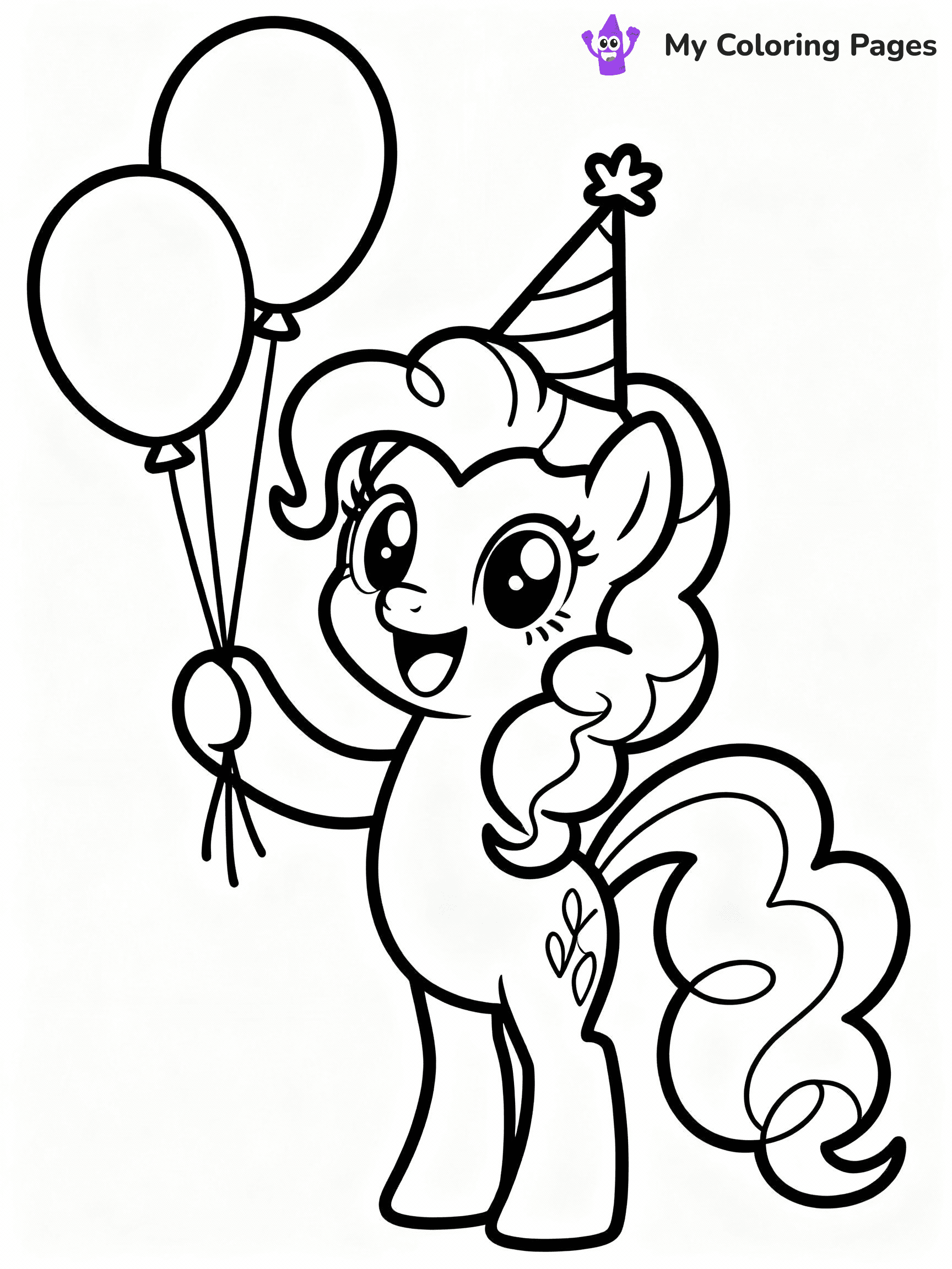 ⚠️ CRITICAL REQUIREMENT - ABSOLUTE BLACK AND WHITE ONLY ⚠️
This MUST be a BLACK AND WHITE line drawing ONLY. NO COLORS whatsoever.
- ONLY pure black lines (#000000) on pure white background (#FFFFFF)
- ABSOLUTELY NO colors, NO shading, NO gradients, NO grayscale
- If there are ANY colors in the output, the image is REJECTED
- This is a COLORING PAGE - meant to be COLORED IN by children
- The output must be UNCOLORED line art ready for coloring
⚠️ SUBJECT TO DRAW: Pinkie Pie from My Little Pony in My Little Pony animation style, holding balloons, big smile, party hat on
(REMEMBER: Output must be BLACK AND WHITE line art only, NOT colored!)
# COLORING PAGE: BLACK OUTLINES ONLY - WHITE BACKGROUND MANDATORY
Create a **coloring book page** using EXACTLY two values: black lines, white space.
## NON-NEGOTIABLE BINARY RULES
- **ONLY #000000 (black) and #FFFFFF (white)** - NO other values exist
- **EVERY PIXEL = BLACK OR WHITE** - no gray/shading/antialiasing
- **WHITE BACKGROUND MANDATORY** - entire canvas stays white
- **ALL SHAPES HOLLOW** - everything is empty outlines waiting to be colored
- **FORBIDDEN:** fills, shading, gradients, patterns, textures, colors
- **NO SOLID REGIONS** - if it's not a thin line, it's wrong
## Universal Line Standards
- Black outlines ONLY - thin, uniform weight
- Every shape completely empty inside
- Closed contours suitable for coloring
- Simple flat illustration - zero depth/3D/realism
- **Style:** Whimsical Doodle Art Alley - rounded, friendly outlines (unless specified)
## Everything = Outline Only
- Characters/animals: hollow shapes
- Objects/clothing: empty contours
- Backgrounds/scenery: line work only
- Natural elements: outlined forms
- Dark/night areas: don't exist (use outlined symbols)
- Textures/patterns: convert to simple lines
## The Test
Can a child color EVERY white space with crayons? If any area is pre-filled/shaded/gray or colored in, it FAILS. Every shape must be waiting to receive color.
**FINAL OUTPUT**: Binary coloring page. Black lines define shapes. White spaces ready for coloring. Nothing else exists. No exceptions. Print-ready.
⚠️ FINAL REMINDER: Draw the subject "Pinkie Pie from My Little Pony in My Little Pony animation style, holding balloons, big smile, party hat on" as BLACK AND WHITE line art. Zero colors in output.