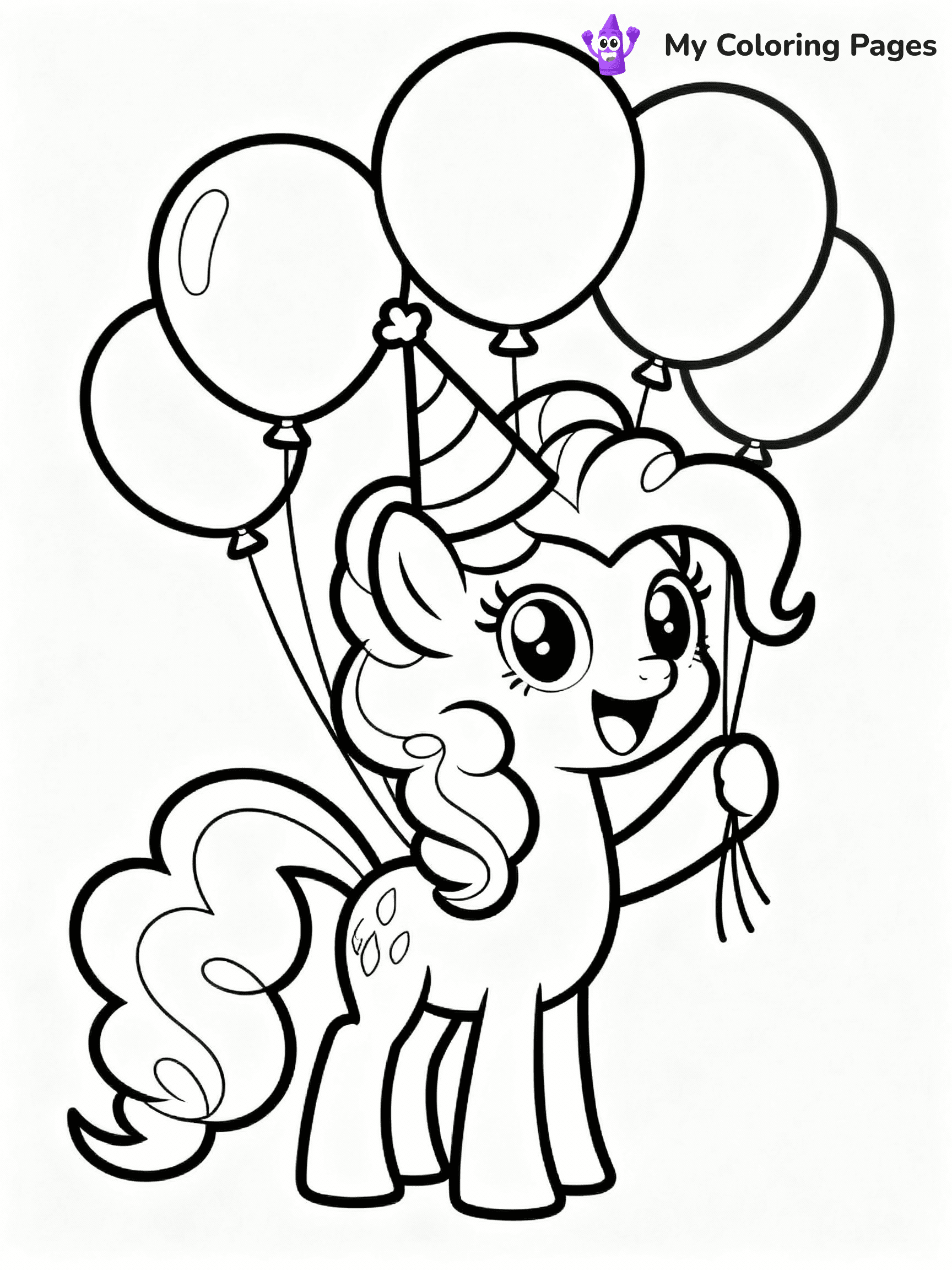 ⚠️ CRITICAL REQUIREMENT - ABSOLUTE BLACK AND WHITE ONLY ⚠️
This MUST be a BLACK AND WHITE line drawing ONLY. NO COLORS whatsoever.
- ONLY pure black lines (#000000) on pure white background (#FFFFFF)
- ABSOLUTELY NO colors, NO shading, NO gradients, NO grayscale
- If there are ANY colors in the output, the image is REJECTED
- This is a COLORING PAGE - meant to be COLORED IN by children
- The output must be UNCOLORED line art ready for coloring
⚠️ SUBJECT TO DRAW: Pinkie Pie from My Little Pony in My Little Pony animation style, holding balloons, big smile, party hat on
(REMEMBER: Output must be BLACK AND WHITE line art only, NOT colored!)
# COLORING PAGE: BLACK OUTLINES ONLY - WHITE BACKGROUND MANDATORY
Create a **coloring book page** using EXACTLY two values: black lines, white space.
## NON-NEGOTIABLE BINARY RULES
- **ONLY #000000 (black) and #FFFFFF (white)** - NO other values exist
- **EVERY PIXEL = BLACK OR WHITE** - no gray/shading/antialiasing
- **WHITE BACKGROUND MANDATORY** - entire canvas stays white
- **ALL SHAPES HOLLOW** - everything is empty outlines waiting to be colored
- **FORBIDDEN:** fills, shading, gradients, patterns, textures, colors
- **NO SOLID REGIONS** - if it's not a thin line, it's wrong
## Universal Line Standards
- Black outlines ONLY - thin, uniform weight
- Every shape completely empty inside
- Closed contours suitable for coloring
- Simple flat illustration - zero depth/3D/realism
- **Style:** Whimsical Doodle Art Alley - rounded, friendly outlines (unless specified)
## Everything = Outline Only
- Characters/animals: hollow shapes
- Objects/clothing: empty contours
- Backgrounds/scenery: line work only
- Natural elements: outlined forms
- Dark/night areas: don't exist (use outlined symbols)
- Textures/patterns: convert to simple lines
## The Test
Can a child color EVERY white space with crayons? If any area is pre-filled/shaded/gray or colored in, it FAILS. Every shape must be waiting to receive color.
**FINAL OUTPUT**: Binary coloring page. Black lines define shapes. White spaces ready for coloring. Nothing else exists. No exceptions. Print-ready.
⚠️ FINAL REMINDER: Draw the subject "Pinkie Pie from My Little Pony in My Little Pony animation style, holding balloons, big smile, party hat on" as BLACK AND WHITE line art. Zero colors in output.