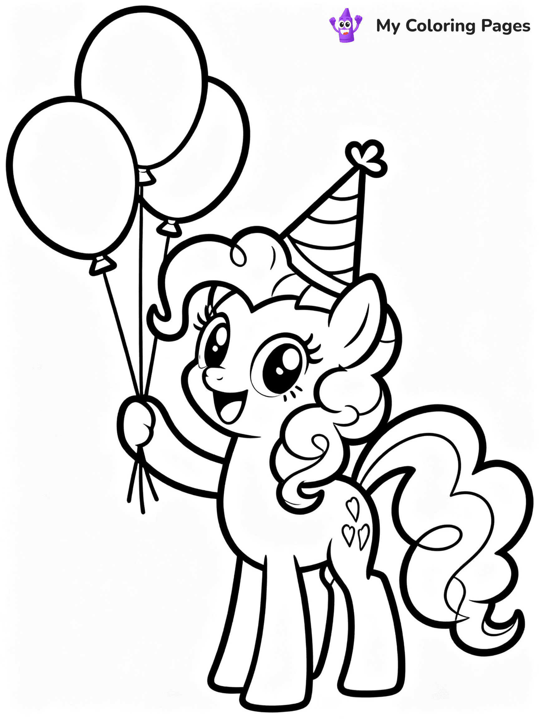 ⚠️ CRITICAL REQUIREMENT - ABSOLUTE BLACK AND WHITE ONLY ⚠️
This MUST be a BLACK AND WHITE line drawing ONLY. NO COLORS whatsoever.
- ONLY pure black lines (#000000) on pure white background (#FFFFFF)
- ABSOLUTELY NO colors, NO shading, NO gradients, NO grayscale
- If there are ANY colors in the output, the image is REJECTED
- This is a COLORING PAGE - meant to be COLORED IN by children
- The output must be UNCOLORED line art ready for coloring
⚠️ SUBJECT TO DRAW: Pinkie Pie from My Little Pony in My Little Pony animation style, holding balloons, big smile, party hat on
(REMEMBER: Output must be BLACK AND WHITE line art only, NOT colored!)
# COLORING PAGE: BLACK OUTLINES ONLY - WHITE BACKGROUND MANDATORY
Create a **coloring book page** using EXACTLY two values: black lines, white space.
## NON-NEGOTIABLE BINARY RULES
- **ONLY #000000 (black) and #FFFFFF (white)** - NO other values exist
- **EVERY PIXEL = BLACK OR WHITE** - no gray/shading/antialiasing
- **WHITE BACKGROUND MANDATORY** - entire canvas stays white
- **ALL SHAPES HOLLOW** - everything is empty outlines waiting to be colored
- **FORBIDDEN:** fills, shading, gradients, patterns, textures, colors
- **NO SOLID REGIONS** - if it's not a thin line, it's wrong
## Universal Line Standards
- Black outlines ONLY - thin, uniform weight
- Every shape completely empty inside
- Closed contours suitable for coloring
- Simple flat illustration - zero depth/3D/realism
- **Style:** Whimsical Doodle Art Alley - rounded, friendly outlines (unless specified)
## Everything = Outline Only
- Characters/animals: hollow shapes
- Objects/clothing: empty contours
- Backgrounds/scenery: line work only
- Natural elements: outlined forms
- Dark/night areas: don't exist (use outlined symbols)
- Textures/patterns: convert to simple lines
## The Test
Can a child color EVERY white space with crayons? If any area is pre-filled/shaded/gray or colored in, it FAILS. Every shape must be waiting to receive color.
**FINAL OUTPUT**: Binary coloring page. Black lines define shapes. White spaces ready for coloring. Nothing else exists. No exceptions. Print-ready.
⚠️ FINAL REMINDER: Draw the subject "Pinkie Pie from My Little Pony in My Little Pony animation style, holding balloons, big smile, party hat on" as BLACK AND WHITE line art. Zero colors in output.