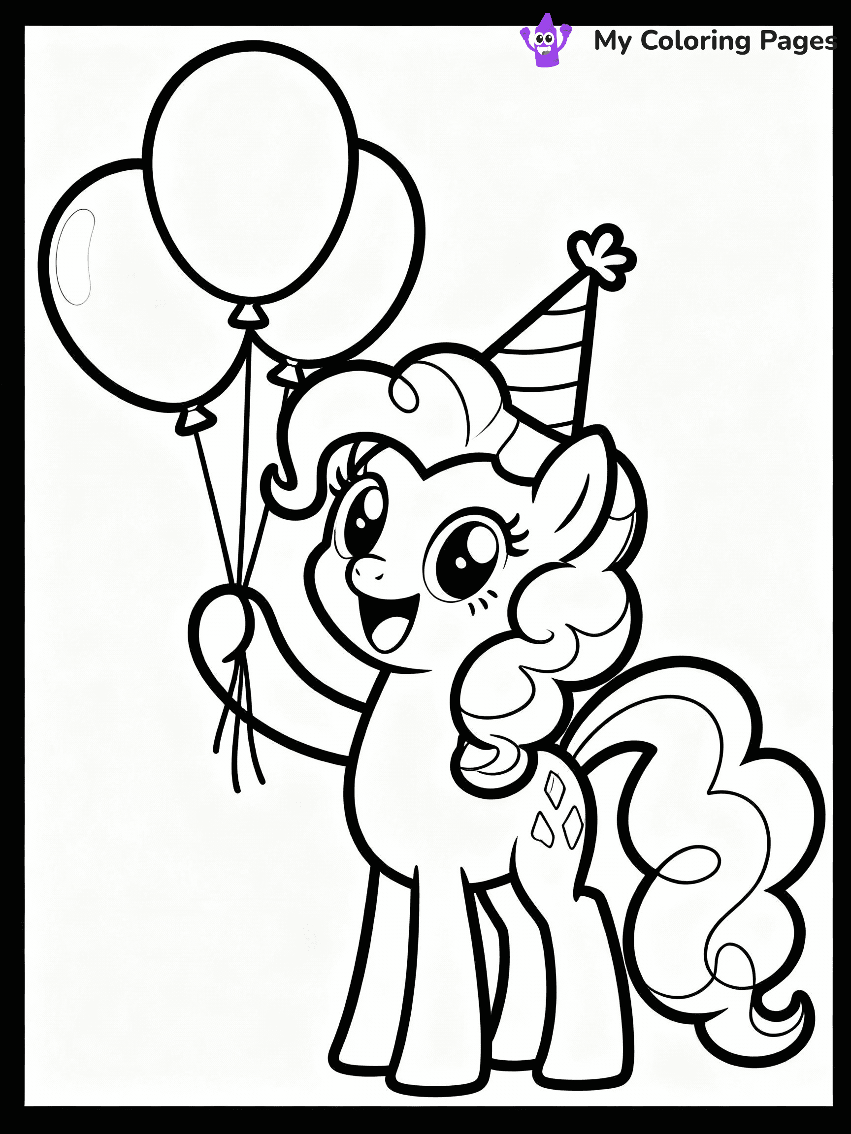 ⚠️ CRITICAL REQUIREMENT - ABSOLUTE BLACK AND WHITE ONLY ⚠️
This MUST be a BLACK AND WHITE line drawing ONLY. NO COLORS whatsoever.
- ONLY pure black lines (#000000) on pure white background (#FFFFFF)
- ABSOLUTELY NO colors, NO shading, NO gradients, NO grayscale
- If there are ANY colors in the output, the image is REJECTED
- This is a COLORING PAGE - meant to be COLORED IN by children
- The output must be UNCOLORED line art ready for coloring
⚠️ SUBJECT TO DRAW: Pinkie Pie from My Little Pony in My Little Pony animation style, holding balloons, big smile, party hat on
(REMEMBER: Output must be BLACK AND WHITE line art only, NOT colored!)
# COLORING PAGE: BLACK OUTLINES ONLY - WHITE BACKGROUND MANDATORY
Create a **coloring book page** using EXACTLY two values: black lines, white space.
## NON-NEGOTIABLE BINARY RULES
- **ONLY #000000 (black) and #FFFFFF (white)** - NO other values exist
- **EVERY PIXEL = BLACK OR WHITE** - no gray/shading/antialiasing
- **WHITE BACKGROUND MANDATORY** - entire canvas stays white
- **ALL SHAPES HOLLOW** - everything is empty outlines waiting to be colored
- **FORBIDDEN:** fills, shading, gradients, patterns, textures, colors
- **NO SOLID REGIONS** - if it's not a thin line, it's wrong
## Universal Line Standards
- Black outlines ONLY - thin, uniform weight
- Every shape completely empty inside
- Closed contours suitable for coloring
- Simple flat illustration - zero depth/3D/realism
- **Style:** Whimsical Doodle Art Alley - rounded, friendly outlines (unless specified)
## Everything = Outline Only
- Characters/animals: hollow shapes
- Objects/clothing: empty contours
- Backgrounds/scenery: line work only
- Natural elements: outlined forms
- Dark/night areas: don't exist (use outlined symbols)
- Textures/patterns: convert to simple lines
## The Test
Can a child color EVERY white space with crayons? If any area is pre-filled/shaded/gray or colored in, it FAILS. Every shape must be waiting to receive color.
**FINAL OUTPUT**: Binary coloring page. Black lines define shapes. White spaces ready for coloring. Nothing else exists. No exceptions. Print-ready.
⚠️ FINAL REMINDER: Draw the subject "Pinkie Pie from My Little Pony in My Little Pony animation style, holding balloons, big smile, party hat on" as BLACK AND WHITE line art. Zero colors in output.