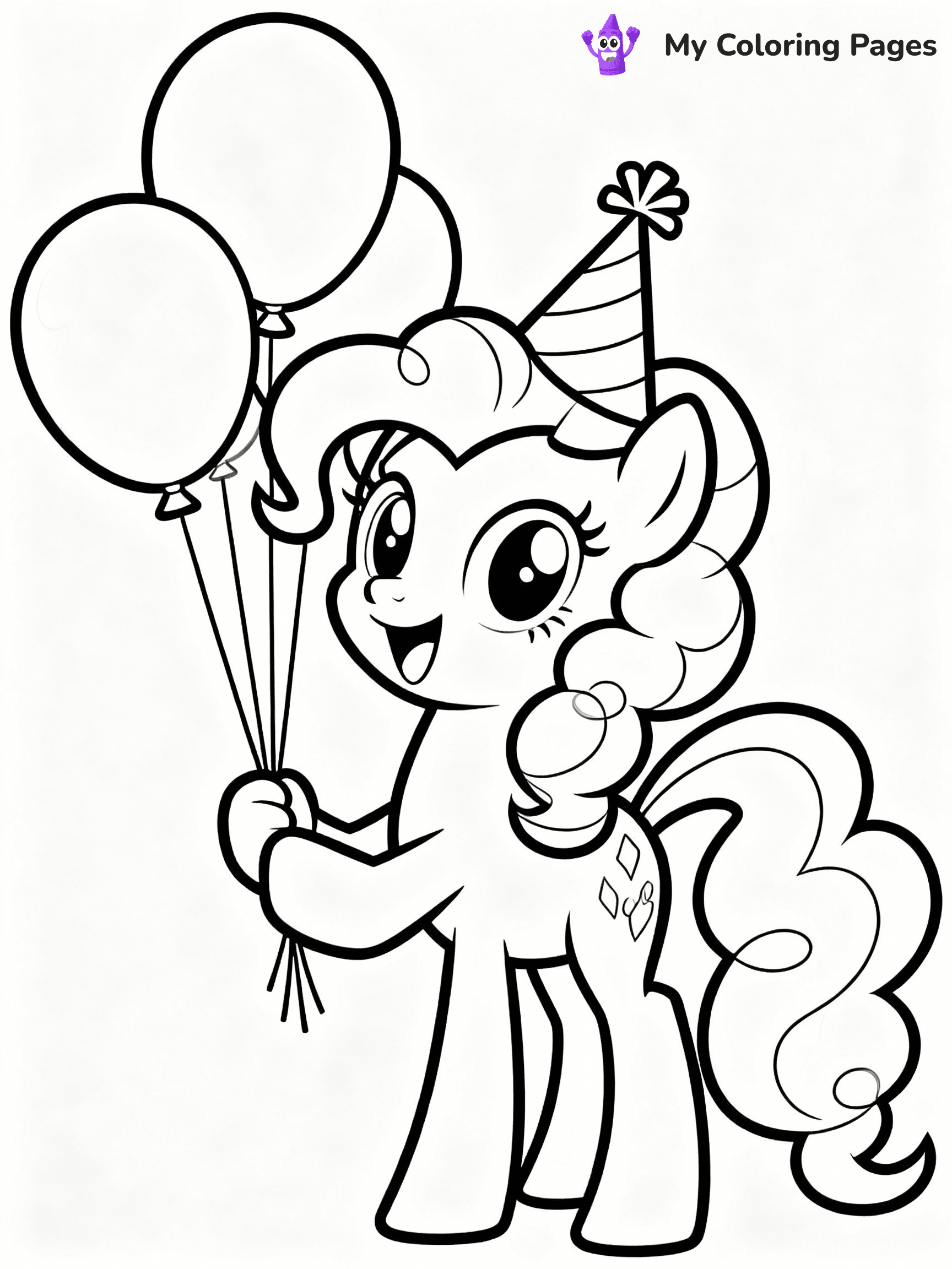 ⚠️ CRITICAL REQUIREMENT - ABSOLUTE BLACK AND WHITE ONLY ⚠️
This MUST be a BLACK AND WHITE line drawing ONLY. NO COLORS whatsoever.
- ONLY pure black lines (#000000) on pure white background (#FFFFFF)
- ABSOLUTELY NO colors, NO shading, NO gradients, NO grayscale
- If there are ANY colors in the output, the image is REJECTED
- This is a COLORING PAGE - meant to be COLORED IN by children
- The output must be UNCOLORED line art ready for coloring
⚠️ SUBJECT TO DRAW: Pinkie Pie from My Little Pony in My Little Pony animation style, holding balloons, big smile, party hat on
(REMEMBER: Output must be BLACK AND WHITE line art only, NOT colored!)
# COLORING PAGE: BLACK OUTLINES ONLY - WHITE BACKGROUND MANDATORY
Create a **coloring book page** using EXACTLY two values: black lines, white space.
## NON-NEGOTIABLE BINARY RULES
- **ONLY #000000 (black) and #FFFFFF (white)** - NO other values exist
- **EVERY PIXEL = BLACK OR WHITE** - no gray/shading/antialiasing
- **WHITE BACKGROUND MANDATORY** - entire canvas stays white
- **ALL SHAPES HOLLOW** - everything is empty outlines waiting to be colored
- **FORBIDDEN:** fills, shading, gradients, patterns, textures, colors
- **NO SOLID REGIONS** - if it's not a thin line, it's wrong
## Universal Line Standards
- Black outlines ONLY - thin, uniform weight
- Every shape completely empty inside
- Closed contours suitable for coloring
- Simple flat illustration - zero depth/3D/realism
- **Style:** Whimsical Doodle Art Alley - rounded, friendly outlines (unless specified)
## Everything = Outline Only
- Characters/animals: hollow shapes
- Objects/clothing: empty contours
- Backgrounds/scenery: line work only
- Natural elements: outlined forms
- Dark/night areas: don't exist (use outlined symbols)
- Textures/patterns: convert to simple lines
## The Test
Can a child color EVERY white space with crayons? If any area is pre-filled/shaded/gray or colored in, it FAILS. Every shape must be waiting to receive color.
**FINAL OUTPUT**: Binary coloring page. Black lines define shapes. White spaces ready for coloring. Nothing else exists. No exceptions. Print-ready.
⚠️ FINAL REMINDER: Draw the subject "Pinkie Pie from My Little Pony in My Little Pony animation style, holding balloons, big smile, party hat on" as BLACK AND WHITE line art. Zero colors in output.