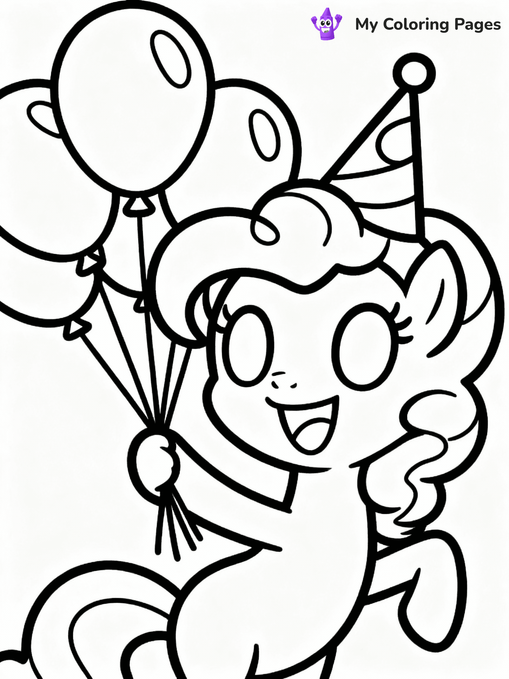 ⚠️ CRITICAL REQUIREMENT - ABSOLUTE BLACK AND WHITE ONLY ⚠️
This MUST be a BLACK AND WHITE line drawing ONLY. NO COLORS whatsoever.
- ONLY pure black lines (#000000) on pure white background (#FFFFFF)
- ABSOLUTELY NO colors, NO shading, NO gradients, NO grayscale
- If there are ANY colors in the output, the image is REJECTED
- This is a COLORING PAGE - meant to be COLORED IN by children
- The output must be UNCOLORED line art ready for coloring
⚠️ SUBJECT TO DRAW: Pinkie Pie from My Little Pony in My Little Pony animation style, holding balloons, big smile, party hat on
(REMEMBER: Output must be BLACK AND WHITE line art only, NOT colored!)
# COLORING PAGE: BLACK OUTLINES ONLY - WHITE BACKGROUND MANDATORY
Create a **coloring book page** using EXACTLY two values: black lines, white space.
## NON-NEGOTIABLE BINARY RULES
- **ONLY #000000 (black) and #FFFFFF (white)** - NO other values exist
- **EVERY PIXEL = BLACK OR WHITE** - no gray/shading/antialiasing
- **WHITE BACKGROUND MANDATORY** - entire canvas stays white
- **ALL SHAPES HOLLOW** - everything is empty outlines waiting to be colored
- **FORBIDDEN:** fills, shading, gradients, patterns, textures, colors
- **NO SOLID REGIONS** - if it's not a thin line, it's wrong
## Universal Line Standards
- Black outlines ONLY - thin, uniform weight
- Every shape completely empty inside
- Closed contours suitable for coloring
- Simple flat illustration - zero depth/3D/realism
- **Style:** Whimsical Doodle Art Alley - rounded, friendly outlines (unless specified)
## Everything = Outline Only
- Characters/animals: hollow shapes
- Objects/clothing: empty contours
- Backgrounds/scenery: line work only
- Natural elements: outlined forms
- Dark/night areas: don't exist (use outlined symbols)
- Textures/patterns: convert to simple lines
## The Test
Can a child color EVERY white space with crayons? If any area is pre-filled/shaded/gray or colored in, it FAILS. Every shape must be waiting to receive color.
**FINAL OUTPUT**: Binary coloring page. Black lines define shapes. White spaces ready for coloring. Nothing else exists. No exceptions. Print-ready.
⚠️ FINAL REMINDER: Draw the subject "Pinkie Pie from My Little Pony in My Little Pony animation style, holding balloons, big smile, party hat on" as BLACK AND WHITE line art. Zero colors in output.