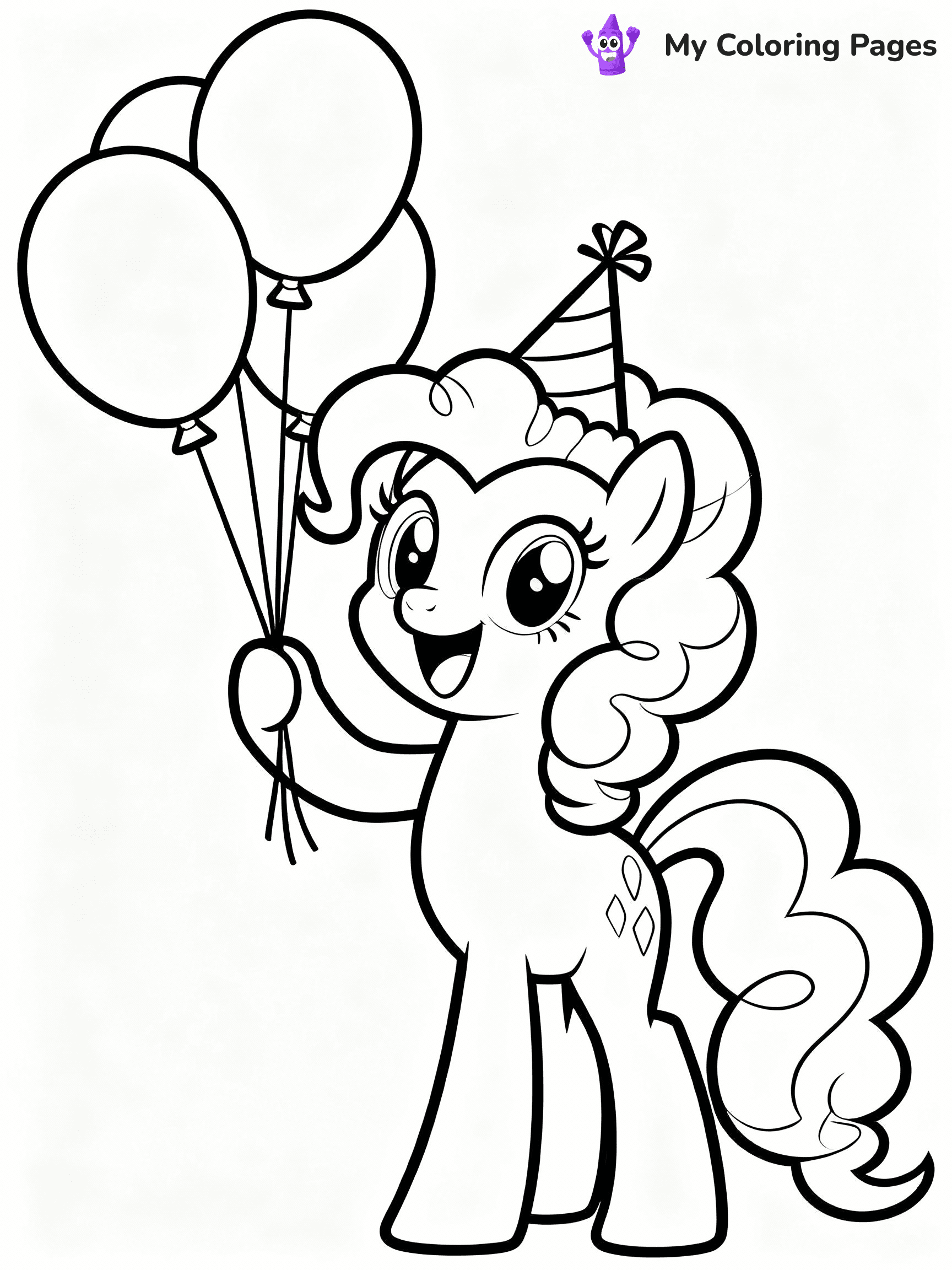 ⚠️ CRITICAL REQUIREMENT - ABSOLUTE BLACK AND WHITE ONLY ⚠️
This MUST be a BLACK AND WHITE line drawing ONLY. NO COLORS whatsoever.
- ONLY pure black lines (#000000) on pure white background (#FFFFFF)
- ABSOLUTELY NO colors, NO shading, NO gradients, NO grayscale
- If there are ANY colors in the output, the image is REJECTED
- This is a COLORING PAGE - meant to be COLORED IN by children
- The output must be UNCOLORED line art ready for coloring
⚠️ SUBJECT TO DRAW: Pinkie Pie from My Little Pony in My Little Pony animation style, holding balloons, big smile, party hat on
(REMEMBER: Output must be BLACK AND WHITE line art only, NOT colored!)
# COLORING PAGE: BLACK OUTLINES ONLY - WHITE BACKGROUND MANDATORY
Create a **coloring book page** using EXACTLY two values: black lines, white space.
## NON-NEGOTIABLE BINARY RULES
- **ONLY #000000 (black) and #FFFFFF (white)** - NO other values exist
- **EVERY PIXEL = BLACK OR WHITE** - no gray/shading/antialiasing
- **WHITE BACKGROUND MANDATORY** - entire canvas stays white
- **ALL SHAPES HOLLOW** - everything is empty outlines waiting to be colored
- **FORBIDDEN:** fills, shading, gradients, patterns, textures, colors
- **NO SOLID REGIONS** - if it's not a thin line, it's wrong
## Universal Line Standards
- Black outlines ONLY - thin, uniform weight
- Every shape completely empty inside
- Closed contours suitable for coloring
- Simple flat illustration - zero depth/3D/realism
- **Style:** Whimsical Doodle Art Alley - rounded, friendly outlines (unless specified)
## Everything = Outline Only
- Characters/animals: hollow shapes
- Objects/clothing: empty contours
- Backgrounds/scenery: line work only
- Natural elements: outlined forms
- Dark/night areas: don't exist (use outlined symbols)
- Textures/patterns: convert to simple lines
## The Test
Can a child color EVERY white space with crayons? If any area is pre-filled/shaded/gray or colored in, it FAILS. Every shape must be waiting to receive color.
**FINAL OUTPUT**: Binary coloring page. Black lines define shapes. White spaces ready for coloring. Nothing else exists. No exceptions. Print-ready.
⚠️ FINAL REMINDER: Draw the subject "Pinkie Pie from My Little Pony in My Little Pony animation style, holding balloons, big smile, party hat on" as BLACK AND WHITE line art. Zero colors in output.