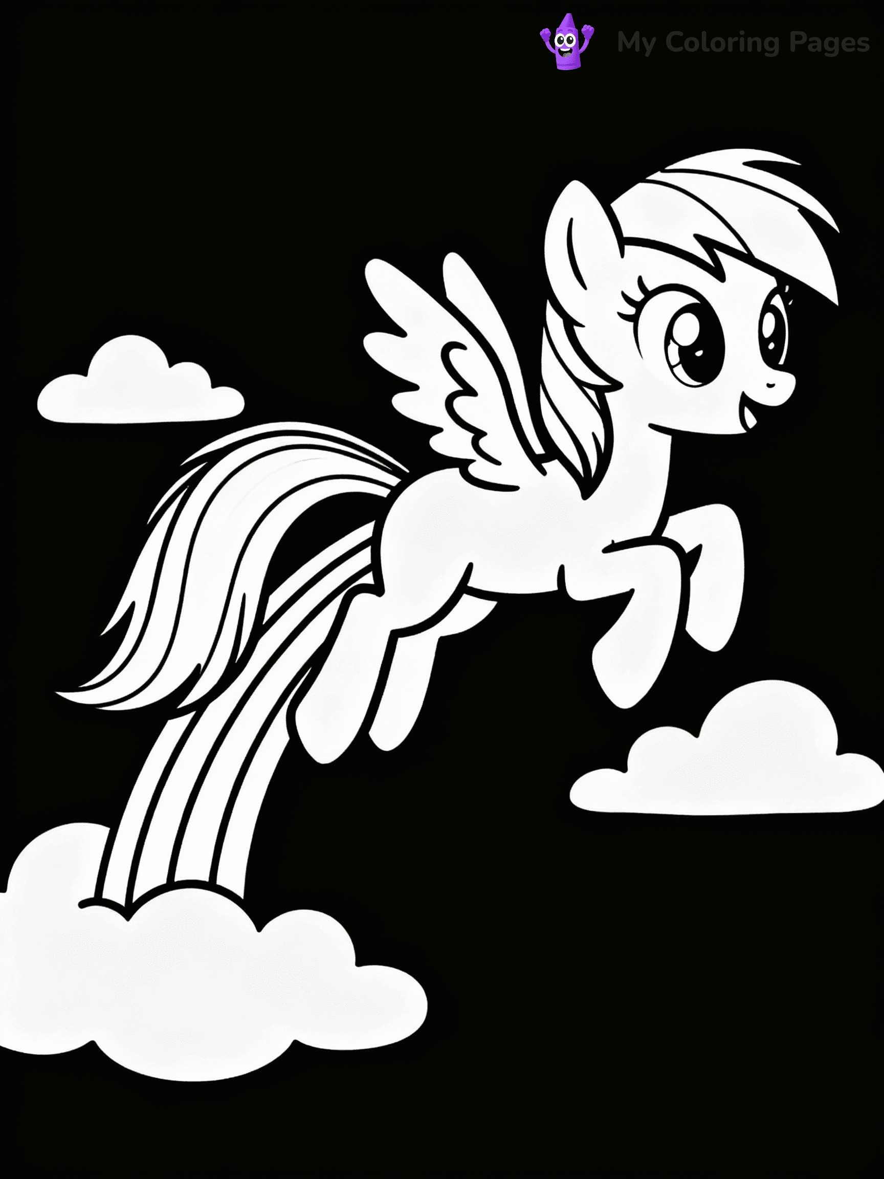 ⚠️ CRITICAL REQUIREMENT - ABSOLUTE BLACK AND WHITE ONLY ⚠️
This MUST be a BLACK AND WHITE line drawing ONLY. NO COLORS whatsoever.
- ONLY pure black lines (#000000) on pure white background (#FFFFFF)
- ABSOLUTELY NO colors, NO shading, NO gradients, NO grayscale
- If there are ANY colors in the output, the image is REJECTED
- This is a COLORING PAGE - meant to be COLORED IN by children
- The output must be UNCOLORED line art ready for coloring
⚠️ SUBJECT TO DRAW: Rainbow Dash from My Little Pony in My Little Pony animation style, soaring through clouds, rainbow trail behind
(REMEMBER: Output must be BLACK AND WHITE line art only, NOT colored!)
# COLORING PAGE: BLACK OUTLINES ONLY - WHITE BACKGROUND MANDATORY
Create a **coloring book page** using EXACTLY two values: black lines, white space.
## NON-NEGOTIABLE BINARY RULES
- **ONLY #000000 (black) and #FFFFFF (white)** - NO other values exist
- **EVERY PIXEL = BLACK OR WHITE** - no gray/shading/antialiasing
- **WHITE BACKGROUND MANDATORY** - entire canvas stays white
- **ALL SHAPES HOLLOW** - everything is empty outlines waiting to be colored
- **FORBIDDEN:** fills, shading, gradients, patterns, textures, colors
- **NO SOLID REGIONS** - if it's not a thin line, it's wrong
## Universal Line Standards
- Black outlines ONLY - thin, uniform weight
- Every shape completely empty inside
- Closed contours suitable for coloring
- Simple flat illustration - zero depth/3D/realism
- **Style:** Whimsical Doodle Art Alley - rounded, friendly outlines (unless specified)
## Everything = Outline Only
- Characters/animals: hollow shapes
- Objects/clothing: empty contours
- Backgrounds/scenery: line work only
- Natural elements: outlined forms
- Dark/night areas: don't exist (use outlined symbols)
- Textures/patterns: convert to simple lines
## The Test
Can a child color EVERY white space with crayons? If any area is pre-filled/shaded/gray or colored in, it FAILS. Every shape must be waiting to receive color.
**FINAL OUTPUT**: Binary coloring page. Black lines define shapes. White spaces ready for coloring. Nothing else exists. No exceptions. Print-ready.
⚠️ FINAL REMINDER: Draw the subject "Rainbow Dash from My Little Pony in My Little Pony animation style, soaring through clouds, rainbow trail behind" as BLACK AND WHITE line art. Zero colors in output.