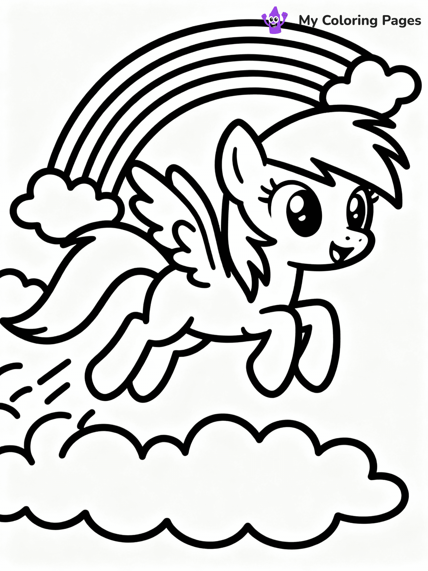 ⚠️ CRITICAL REQUIREMENT - ABSOLUTE BLACK AND WHITE ONLY ⚠️
This MUST be a BLACK AND WHITE line drawing ONLY. NO COLORS whatsoever.
- ONLY pure black lines (#000000) on pure white background (#FFFFFF)
- ABSOLUTELY NO colors, NO shading, NO gradients, NO grayscale
- If there are ANY colors in the output, the image is REJECTED
- This is a COLORING PAGE - meant to be COLORED IN by children
- The output must be UNCOLORED line art ready for coloring
⚠️ SUBJECT TO DRAW: Rainbow Dash from My Little Pony in My Little Pony animation style, soaring through clouds, rainbow trail behind
(REMEMBER: Output must be BLACK AND WHITE line art only, NOT colored!)
# COLORING PAGE: BLACK OUTLINES ONLY - WHITE BACKGROUND MANDATORY
Create a **coloring book page** using EXACTLY two values: black lines, white space.
## NON-NEGOTIABLE BINARY RULES
- **ONLY #000000 (black) and #FFFFFF (white)** - NO other values exist
- **EVERY PIXEL = BLACK OR WHITE** - no gray/shading/antialiasing
- **WHITE BACKGROUND MANDATORY** - entire canvas stays white
- **ALL SHAPES HOLLOW** - everything is empty outlines waiting to be colored
- **FORBIDDEN:** fills, shading, gradients, patterns, textures, colors
- **NO SOLID REGIONS** - if it's not a thin line, it's wrong
## Universal Line Standards
- Black outlines ONLY - thin, uniform weight
- Every shape completely empty inside
- Closed contours suitable for coloring
- Simple flat illustration - zero depth/3D/realism
- **Style:** Whimsical Doodle Art Alley - rounded, friendly outlines (unless specified)
## Everything = Outline Only
- Characters/animals: hollow shapes
- Objects/clothing: empty contours
- Backgrounds/scenery: line work only
- Natural elements: outlined forms
- Dark/night areas: don't exist (use outlined symbols)
- Textures/patterns: convert to simple lines
## The Test
Can a child color EVERY white space with crayons? If any area is pre-filled/shaded/gray or colored in, it FAILS. Every shape must be waiting to receive color.
**FINAL OUTPUT**: Binary coloring page. Black lines define shapes. White spaces ready for coloring. Nothing else exists. No exceptions. Print-ready.
⚠️ FINAL REMINDER: Draw the subject "Rainbow Dash from My Little Pony in My Little Pony animation style, soaring through clouds, rainbow trail behind" as BLACK AND WHITE line art. Zero colors in output.