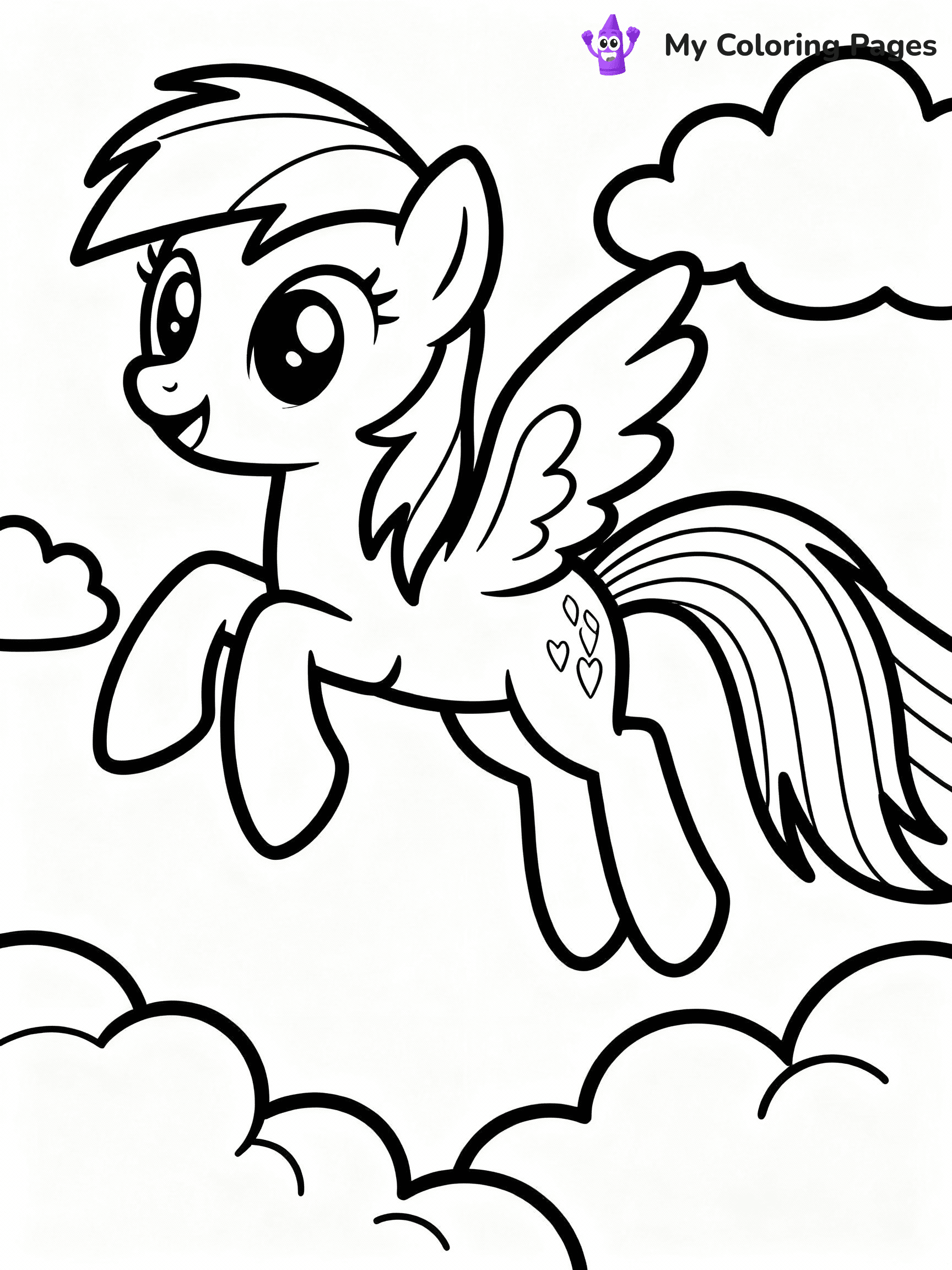 ⚠️ CRITICAL REQUIREMENT - ABSOLUTE BLACK AND WHITE ONLY ⚠️
This MUST be a BLACK AND WHITE line drawing ONLY. NO COLORS whatsoever.
- ONLY pure black lines (#000000) on pure white background (#FFFFFF)
- ABSOLUTELY NO colors, NO shading, NO gradients, NO grayscale
- If there are ANY colors in the output, the image is REJECTED
- This is a COLORING PAGE - meant to be COLORED IN by children
- The output must be UNCOLORED line art ready for coloring
⚠️ SUBJECT TO DRAW: Rainbow Dash from My Little Pony in My Little Pony animation style, soaring through clouds, rainbow trail behind
(REMEMBER: Output must be BLACK AND WHITE line art only, NOT colored!)
# COLORING PAGE: BLACK OUTLINES ONLY - WHITE BACKGROUND MANDATORY
Create a **coloring book page** using EXACTLY two values: black lines, white space.
## NON-NEGOTIABLE BINARY RULES
- **ONLY #000000 (black) and #FFFFFF (white)** - NO other values exist
- **EVERY PIXEL = BLACK OR WHITE** - no gray/shading/antialiasing
- **WHITE BACKGROUND MANDATORY** - entire canvas stays white
- **ALL SHAPES HOLLOW** - everything is empty outlines waiting to be colored
- **FORBIDDEN:** fills, shading, gradients, patterns, textures, colors
- **NO SOLID REGIONS** - if it's not a thin line, it's wrong
## Universal Line Standards
- Black outlines ONLY - thin, uniform weight
- Every shape completely empty inside
- Closed contours suitable for coloring
- Simple flat illustration - zero depth/3D/realism
- **Style:** Whimsical Doodle Art Alley - rounded, friendly outlines (unless specified)
## Everything = Outline Only
- Characters/animals: hollow shapes
- Objects/clothing: empty contours
- Backgrounds/scenery: line work only
- Natural elements: outlined forms
- Dark/night areas: don't exist (use outlined symbols)
- Textures/patterns: convert to simple lines
## The Test
Can a child color EVERY white space with crayons? If any area is pre-filled/shaded/gray or colored in, it FAILS. Every shape must be waiting to receive color.
**FINAL OUTPUT**: Binary coloring page. Black lines define shapes. White spaces ready for coloring. Nothing else exists. No exceptions. Print-ready.
⚠️ FINAL REMINDER: Draw the subject "Rainbow Dash from My Little Pony in My Little Pony animation style, soaring through clouds, rainbow trail behind" as BLACK AND WHITE line art. Zero colors in output.