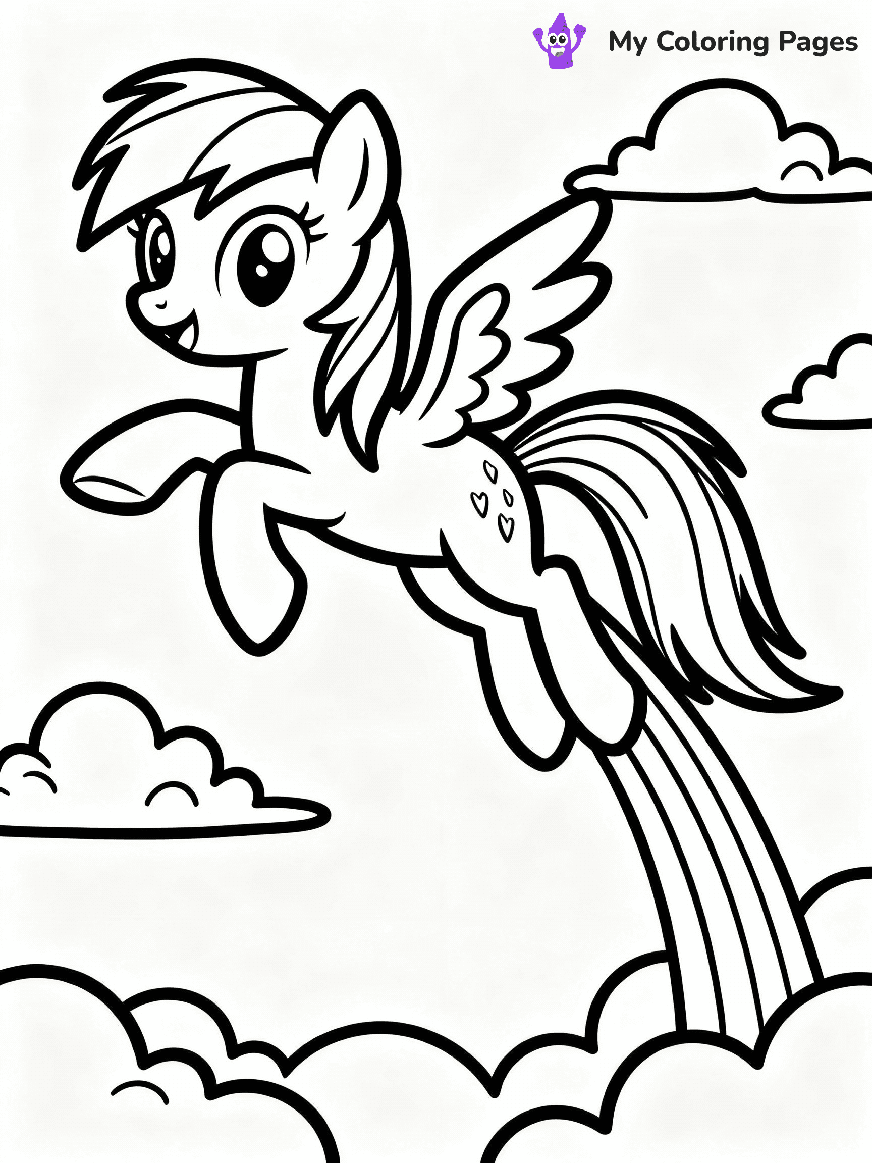 ⚠️ CRITICAL REQUIREMENT - ABSOLUTE BLACK AND WHITE ONLY ⚠️
This MUST be a BLACK AND WHITE line drawing ONLY. NO COLORS whatsoever.
- ONLY pure black lines (#000000) on pure white background (#FFFFFF)
- ABSOLUTELY NO colors, NO shading, NO gradients, NO grayscale
- If there are ANY colors in the output, the image is REJECTED
- This is a COLORING PAGE - meant to be COLORED IN by children
- The output must be UNCOLORED line art ready for coloring
⚠️ SUBJECT TO DRAW: Rainbow Dash from My Little Pony in My Little Pony animation style, soaring through clouds, rainbow trail behind
(REMEMBER: Output must be BLACK AND WHITE line art only, NOT colored!)
# COLORING PAGE: BLACK OUTLINES ONLY - WHITE BACKGROUND MANDATORY
Create a **coloring book page** using EXACTLY two values: black lines, white space.
## NON-NEGOTIABLE BINARY RULES
- **ONLY #000000 (black) and #FFFFFF (white)** - NO other values exist
- **EVERY PIXEL = BLACK OR WHITE** - no gray/shading/antialiasing
- **WHITE BACKGROUND MANDATORY** - entire canvas stays white
- **ALL SHAPES HOLLOW** - everything is empty outlines waiting to be colored
- **FORBIDDEN:** fills, shading, gradients, patterns, textures, colors
- **NO SOLID REGIONS** - if it's not a thin line, it's wrong
## Universal Line Standards
- Black outlines ONLY - thin, uniform weight
- Every shape completely empty inside
- Closed contours suitable for coloring
- Simple flat illustration - zero depth/3D/realism
- **Style:** Whimsical Doodle Art Alley - rounded, friendly outlines (unless specified)
## Everything = Outline Only
- Characters/animals: hollow shapes
- Objects/clothing: empty contours
- Backgrounds/scenery: line work only
- Natural elements: outlined forms
- Dark/night areas: don't exist (use outlined symbols)
- Textures/patterns: convert to simple lines
## The Test
Can a child color EVERY white space with crayons? If any area is pre-filled/shaded/gray or colored in, it FAILS. Every shape must be waiting to receive color.
**FINAL OUTPUT**: Binary coloring page. Black lines define shapes. White spaces ready for coloring. Nothing else exists. No exceptions. Print-ready.
⚠️ FINAL REMINDER: Draw the subject "Rainbow Dash from My Little Pony in My Little Pony animation style, soaring through clouds, rainbow trail behind" as BLACK AND WHITE line art. Zero colors in output.