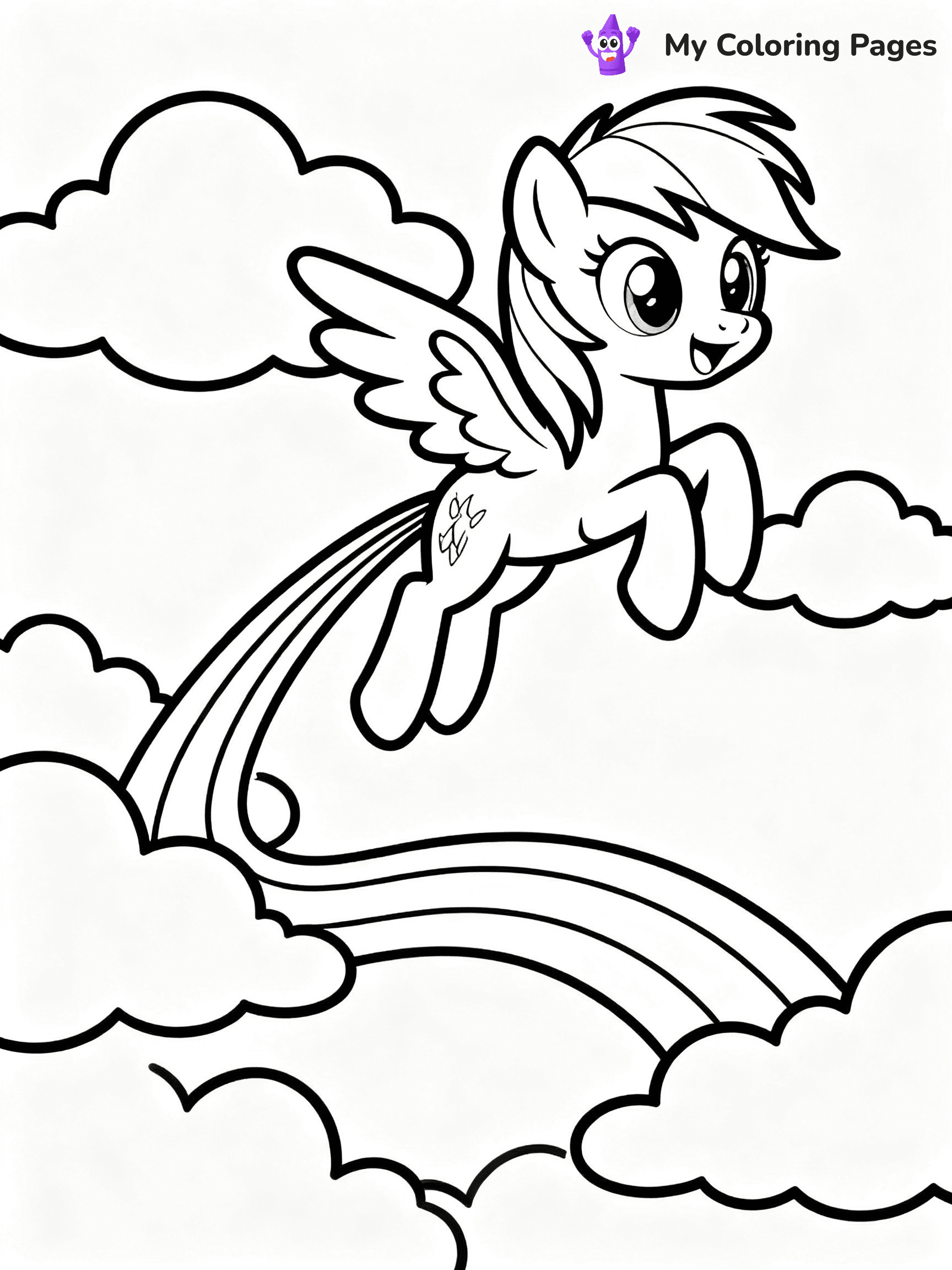 ⚠️ CRITICAL REQUIREMENT - ABSOLUTE BLACK AND WHITE ONLY ⚠️
This MUST be a BLACK AND WHITE line drawing ONLY. NO COLORS whatsoever.
- ONLY pure black lines (#000000) on pure white background (#FFFFFF)
- ABSOLUTELY NO colors, NO shading, NO gradients, NO grayscale
- If there are ANY colors in the output, the image is REJECTED
- This is a COLORING PAGE - meant to be COLORED IN by children
- The output must be UNCOLORED line art ready for coloring
⚠️ SUBJECT TO DRAW: Rainbow Dash from My Little Pony in My Little Pony animation style, soaring through clouds, rainbow trail behind
(REMEMBER: Output must be BLACK AND WHITE line art only, NOT colored!)
# COLORING PAGE: BLACK OUTLINES ONLY - WHITE BACKGROUND MANDATORY
Create a **coloring book page** using EXACTLY two values: black lines, white space.
## NON-NEGOTIABLE BINARY RULES
- **ONLY #000000 (black) and #FFFFFF (white)** - NO other values exist
- **EVERY PIXEL = BLACK OR WHITE** - no gray/shading/antialiasing
- **WHITE BACKGROUND MANDATORY** - entire canvas stays white
- **ALL SHAPES HOLLOW** - everything is empty outlines waiting to be colored
- **FORBIDDEN:** fills, shading, gradients, patterns, textures, colors
- **NO SOLID REGIONS** - if it's not a thin line, it's wrong
## Universal Line Standards
- Black outlines ONLY - thin, uniform weight
- Every shape completely empty inside
- Closed contours suitable for coloring
- Simple flat illustration - zero depth/3D/realism
- **Style:** Whimsical Doodle Art Alley - rounded, friendly outlines (unless specified)
## Everything = Outline Only
- Characters/animals: hollow shapes
- Objects/clothing: empty contours
- Backgrounds/scenery: line work only
- Natural elements: outlined forms
- Dark/night areas: don't exist (use outlined symbols)
- Textures/patterns: convert to simple lines
## The Test
Can a child color EVERY white space with crayons? If any area is pre-filled/shaded/gray or colored in, it FAILS. Every shape must be waiting to receive color.
**FINAL OUTPUT**: Binary coloring page. Black lines define shapes. White spaces ready for coloring. Nothing else exists. No exceptions. Print-ready.
⚠️ FINAL REMINDER: Draw the subject "Rainbow Dash from My Little Pony in My Little Pony animation style, soaring through clouds, rainbow trail behind" as BLACK AND WHITE line art. Zero colors in output.