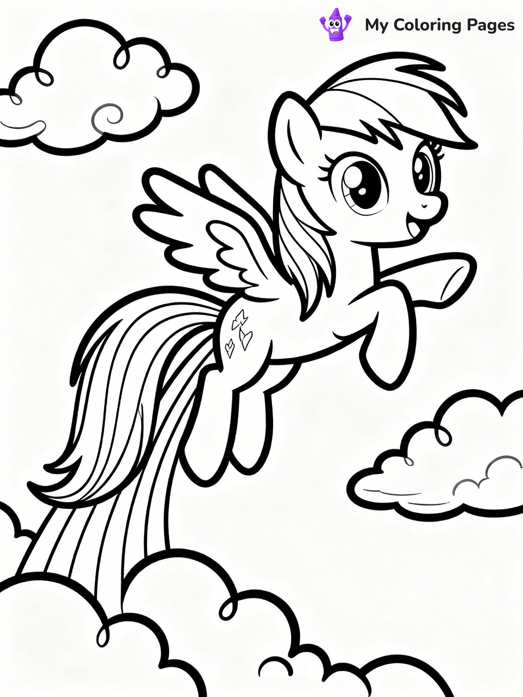 ⚠️ CRITICAL REQUIREMENT - ABSOLUTE BLACK AND WHITE ONLY ⚠️
This MUST be a BLACK AND WHITE line drawing ONLY. NO COLORS whatsoever.
- ONLY pure black lines (#000000) on pure white background (#FFFFFF)
- ABSOLUTELY NO colors, NO shading, NO gradients, NO grayscale
- If there are ANY colors in the output, the image is REJECTED
- This is a COLORING PAGE - meant to be COLORED IN by children
- The output must be UNCOLORED line art ready for coloring
⚠️ SUBJECT TO DRAW: Rainbow Dash from My Little Pony in My Little Pony animation style, soaring through clouds, rainbow trail behind
(REMEMBER: Output must be BLACK AND WHITE line art only, NOT colored!)
# COLORING PAGE: BLACK OUTLINES ONLY - WHITE BACKGROUND MANDATORY
Create a **coloring book page** using EXACTLY two values: black lines, white space.
## NON-NEGOTIABLE BINARY RULES
- **ONLY #000000 (black) and #FFFFFF (white)** - NO other values exist
- **EVERY PIXEL = BLACK OR WHITE** - no gray/shading/antialiasing
- **WHITE BACKGROUND MANDATORY** - entire canvas stays white
- **ALL SHAPES HOLLOW** - everything is empty outlines waiting to be colored
- **FORBIDDEN:** fills, shading, gradients, patterns, textures, colors
- **NO SOLID REGIONS** - if it's not a thin line, it's wrong
## Universal Line Standards
- Black outlines ONLY - thin, uniform weight
- Every shape completely empty inside
- Closed contours suitable for coloring
- Simple flat illustration - zero depth/3D/realism
- **Style:** Whimsical Doodle Art Alley - rounded, friendly outlines (unless specified)
## Everything = Outline Only
- Characters/animals: hollow shapes
- Objects/clothing: empty contours
- Backgrounds/scenery: line work only
- Natural elements: outlined forms
- Dark/night areas: don't exist (use outlined symbols)
- Textures/patterns: convert to simple lines
## The Test
Can a child color EVERY white space with crayons? If any area is pre-filled/shaded/gray or colored in, it FAILS. Every shape must be waiting to receive color.
**FINAL OUTPUT**: Binary coloring page. Black lines define shapes. White spaces ready for coloring. Nothing else exists. No exceptions. Print-ready.
⚠️ FINAL REMINDER: Draw the subject "Rainbow Dash from My Little Pony in My Little Pony animation style, soaring through clouds, rainbow trail behind" as BLACK AND WHITE line art. Zero colors in output.
