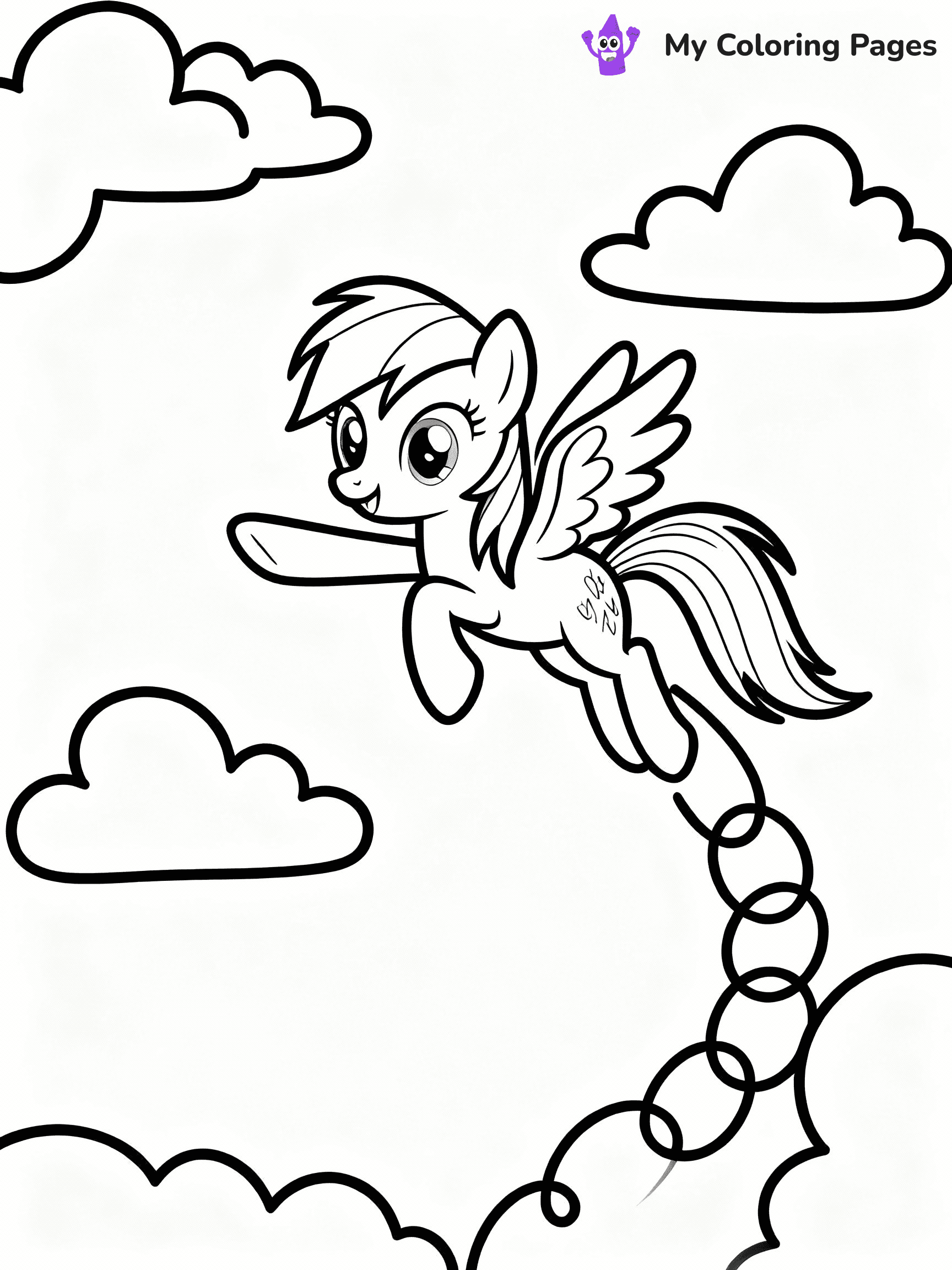 ⚠️ CRITICAL REQUIREMENT - ABSOLUTE BLACK AND WHITE ONLY ⚠️
This MUST be a BLACK AND WHITE line drawing ONLY. NO COLORS whatsoever.
- ONLY pure black lines (#000000) on pure white background (#FFFFFF)
- ABSOLUTELY NO colors, NO shading, NO gradients, NO grayscale
- If there are ANY colors in the output, the image is REJECTED
- This is a COLORING PAGE - meant to be COLORED IN by children
- The output must be UNCOLORED line art ready for coloring
⚠️ SUBJECT TO DRAW: Rainbow Dash from My Little Pony in My Little Pony animation style, soaring through clouds, rainbow trail behind
(REMEMBER: Output must be BLACK AND WHITE line art only, NOT colored!)
# COLORING PAGE: BLACK OUTLINES ONLY - WHITE BACKGROUND MANDATORY
Create a **coloring book page** using EXACTLY two values: black lines, white space.
## NON-NEGOTIABLE BINARY RULES
- **ONLY #000000 (black) and #FFFFFF (white)** - NO other values exist
- **EVERY PIXEL = BLACK OR WHITE** - no gray/shading/antialiasing
- **WHITE BACKGROUND MANDATORY** - entire canvas stays white
- **ALL SHAPES HOLLOW** - everything is empty outlines waiting to be colored
- **FORBIDDEN:** fills, shading, gradients, patterns, textures, colors
- **NO SOLID REGIONS** - if it's not a thin line, it's wrong
## Universal Line Standards
- Black outlines ONLY - thin, uniform weight
- Every shape completely empty inside
- Closed contours suitable for coloring
- Simple flat illustration - zero depth/3D/realism
- **Style:** Whimsical Doodle Art Alley - rounded, friendly outlines (unless specified)
## Everything = Outline Only
- Characters/animals: hollow shapes
- Objects/clothing: empty contours
- Backgrounds/scenery: line work only
- Natural elements: outlined forms
- Dark/night areas: don't exist (use outlined symbols)
- Textures/patterns: convert to simple lines
## The Test
Can a child color EVERY white space with crayons? If any area is pre-filled/shaded/gray or colored in, it FAILS. Every shape must be waiting to receive color.
**FINAL OUTPUT**: Binary coloring page. Black lines define shapes. White spaces ready for coloring. Nothing else exists. No exceptions. Print-ready.
⚠️ FINAL REMINDER: Draw the subject "Rainbow Dash from My Little Pony in My Little Pony animation style, soaring through clouds, rainbow trail behind" as BLACK AND WHITE line art. Zero colors in output.