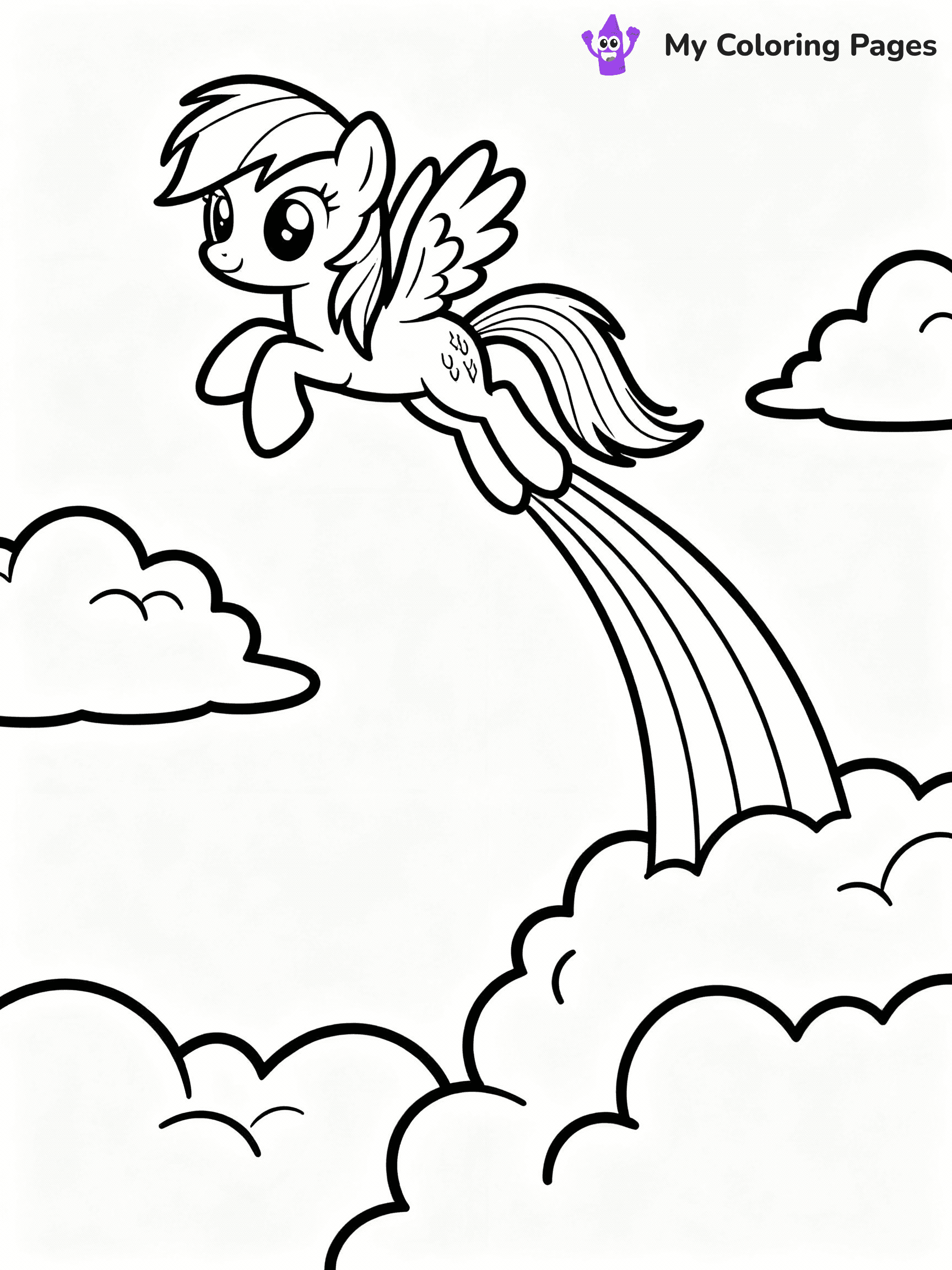 ⚠️ CRITICAL REQUIREMENT - ABSOLUTE BLACK AND WHITE ONLY ⚠️
This MUST be a BLACK AND WHITE line drawing ONLY. NO COLORS whatsoever.
- ONLY pure black lines (#000000) on pure white background (#FFFFFF)
- ABSOLUTELY NO colors, NO shading, NO gradients, NO grayscale
- If there are ANY colors in the output, the image is REJECTED
- This is a COLORING PAGE - meant to be COLORED IN by children
- The output must be UNCOLORED line art ready for coloring
⚠️ SUBJECT TO DRAW: Rainbow Dash from My Little Pony in My Little Pony animation style, soaring through clouds, rainbow trail behind
(REMEMBER: Output must be BLACK AND WHITE line art only, NOT colored!)
# COLORING PAGE: BLACK OUTLINES ONLY - WHITE BACKGROUND MANDATORY
Create a **coloring book page** using EXACTLY two values: black lines, white space.
## NON-NEGOTIABLE BINARY RULES
- **ONLY #000000 (black) and #FFFFFF (white)** - NO other values exist
- **EVERY PIXEL = BLACK OR WHITE** - no gray/shading/antialiasing
- **WHITE BACKGROUND MANDATORY** - entire canvas stays white
- **ALL SHAPES HOLLOW** - everything is empty outlines waiting to be colored
- **FORBIDDEN:** fills, shading, gradients, patterns, textures, colors
- **NO SOLID REGIONS** - if it's not a thin line, it's wrong
## Universal Line Standards
- Black outlines ONLY - thin, uniform weight
- Every shape completely empty inside
- Closed contours suitable for coloring
- Simple flat illustration - zero depth/3D/realism
- **Style:** Whimsical Doodle Art Alley - rounded, friendly outlines (unless specified)
## Everything = Outline Only
- Characters/animals: hollow shapes
- Objects/clothing: empty contours
- Backgrounds/scenery: line work only
- Natural elements: outlined forms
- Dark/night areas: don't exist (use outlined symbols)
- Textures/patterns: convert to simple lines
## The Test
Can a child color EVERY white space with crayons? If any area is pre-filled/shaded/gray or colored in, it FAILS. Every shape must be waiting to receive color.
**FINAL OUTPUT**: Binary coloring page. Black lines define shapes. White spaces ready for coloring. Nothing else exists. No exceptions. Print-ready.
⚠️ FINAL REMINDER: Draw the subject "Rainbow Dash from My Little Pony in My Little Pony animation style, soaring through clouds, rainbow trail behind" as BLACK AND WHITE line art. Zero colors in output.