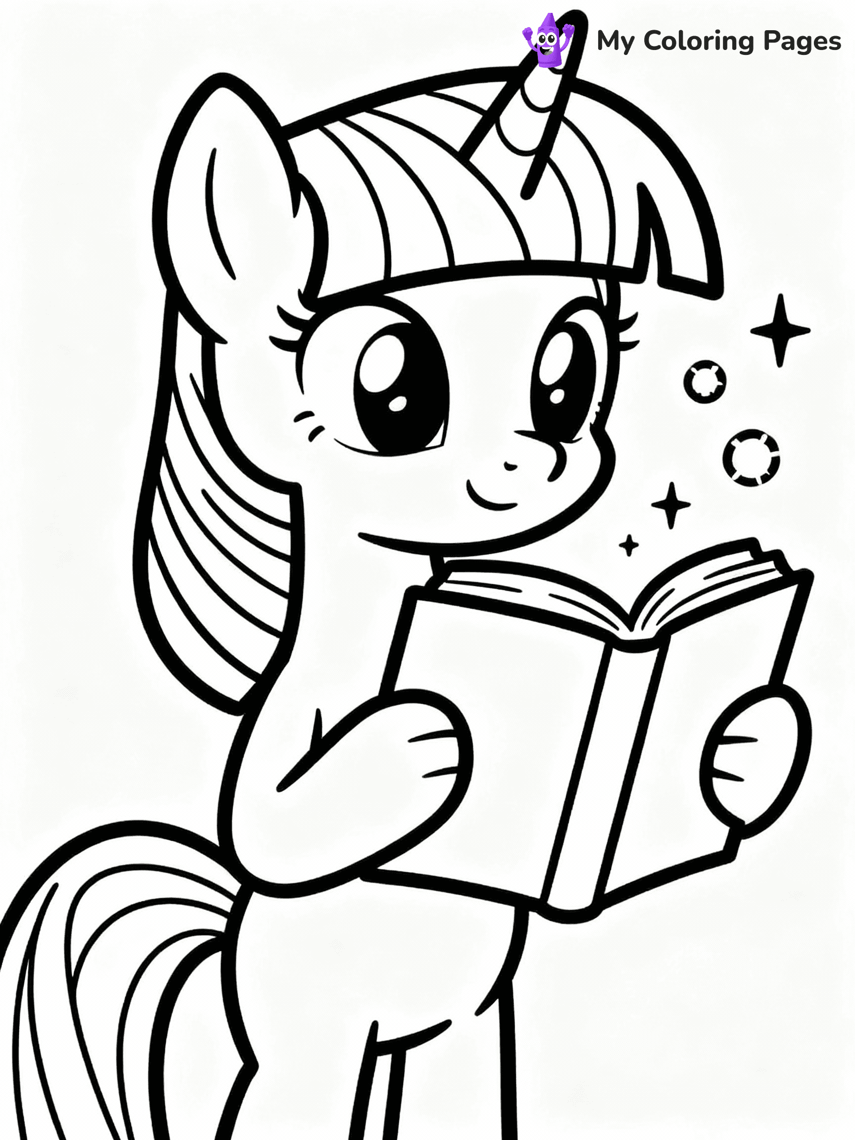 ⚠️ CRITICAL REQUIREMENT - ABSOLUTE BLACK AND WHITE ONLY ⚠️
This MUST be a BLACK AND WHITE line drawing ONLY. NO COLORS whatsoever.
- ONLY pure black lines (#000000) on pure white background (#FFFFFF)
- ABSOLUTELY NO colors, NO shading, NO gradients, NO grayscale
- If there are ANY colors in the output, the image is REJECTED
- This is a COLORING PAGE - meant to be COLORED IN by children
- The output must be UNCOLORED line art ready for coloring
⚠️ SUBJECT TO DRAW: Twilight Sparkle from My Little Pony in My Little Pony animation style, reading a book, magic sparkles around
(REMEMBER: Output must be BLACK AND WHITE line art only, NOT colored!)
# COLORING PAGE: BLACK OUTLINES ONLY - WHITE BACKGROUND MANDATORY
Create a **coloring book page** using EXACTLY two values: black lines, white space.
## NON-NEGOTIABLE BINARY RULES
- **ONLY #000000 (black) and #FFFFFF (white)** - NO other values exist
- **EVERY PIXEL = BLACK OR WHITE** - no gray/shading/antialiasing
- **WHITE BACKGROUND MANDATORY** - entire canvas stays white
- **ALL SHAPES HOLLOW** - everything is empty outlines waiting to be colored
- **FORBIDDEN:** fills, shading, gradients, patterns, textures, colors
- **NO SOLID REGIONS** - if it's not a thin line, it's wrong
## Universal Line Standards
- Black outlines ONLY - thin, uniform weight
- Every shape completely empty inside
- Closed contours suitable for coloring
- Simple flat illustration - zero depth/3D/realism
- **Style:** Whimsical Doodle Art Alley - rounded, friendly outlines (unless specified)
## Everything = Outline Only
- Characters/animals: hollow shapes
- Objects/clothing: empty contours
- Backgrounds/scenery: line work only
- Natural elements: outlined forms
- Dark/night areas: don't exist (use outlined symbols)
- Textures/patterns: convert to simple lines
## The Test
Can a child color EVERY white space with crayons? If any area is pre-filled/shaded/gray or colored in, it FAILS. Every shape must be waiting to receive color.
**FINAL OUTPUT**: Binary coloring page. Black lines define shapes. White spaces ready for coloring. Nothing else exists. No exceptions. Print-ready.
⚠️ FINAL REMINDER: Draw the subject "Twilight Sparkle from My Little Pony in My Little Pony animation style, reading a book, magic sparkles around" as BLACK AND WHITE line art. Zero colors in output.