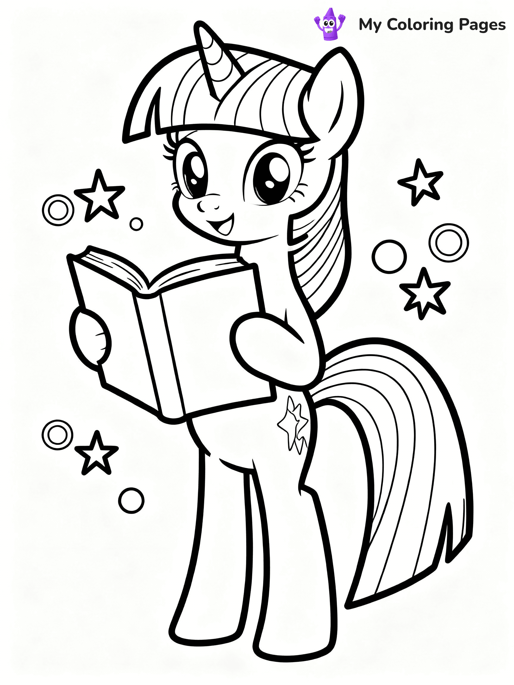 ⚠️ CRITICAL REQUIREMENT - ABSOLUTE BLACK AND WHITE ONLY ⚠️
This MUST be a BLACK AND WHITE line drawing ONLY. NO COLORS whatsoever.
- ONLY pure black lines (#000000) on pure white background (#FFFFFF)
- ABSOLUTELY NO colors, NO shading, NO gradients, NO grayscale
- If there are ANY colors in the output, the image is REJECTED
- This is a COLORING PAGE - meant to be COLORED IN by children
- The output must be UNCOLORED line art ready for coloring
⚠️ SUBJECT TO DRAW: Twilight Sparkle from My Little Pony in My Little Pony animation style, reading a book, magic sparkles around
(REMEMBER: Output must be BLACK AND WHITE line art only, NOT colored!)
# COLORING PAGE: BLACK OUTLINES ONLY - WHITE BACKGROUND MANDATORY
Create a **coloring book page** using EXACTLY two values: black lines, white space.
## NON-NEGOTIABLE BINARY RULES
- **ONLY #000000 (black) and #FFFFFF (white)** - NO other values exist
- **EVERY PIXEL = BLACK OR WHITE** - no gray/shading/antialiasing
- **WHITE BACKGROUND MANDATORY** - entire canvas stays white
- **ALL SHAPES HOLLOW** - everything is empty outlines waiting to be colored
- **FORBIDDEN:** fills, shading, gradients, patterns, textures, colors
- **NO SOLID REGIONS** - if it's not a thin line, it's wrong
## Universal Line Standards
- Black outlines ONLY - thin, uniform weight
- Every shape completely empty inside
- Closed contours suitable for coloring
- Simple flat illustration - zero depth/3D/realism
- **Style:** Whimsical Doodle Art Alley - rounded, friendly outlines (unless specified)
## Everything = Outline Only
- Characters/animals: hollow shapes
- Objects/clothing: empty contours
- Backgrounds/scenery: line work only
- Natural elements: outlined forms
- Dark/night areas: don't exist (use outlined symbols)
- Textures/patterns: convert to simple lines
## The Test
Can a child color EVERY white space with crayons? If any area is pre-filled/shaded/gray or colored in, it FAILS. Every shape must be waiting to receive color.
**FINAL OUTPUT**: Binary coloring page. Black lines define shapes. White spaces ready for coloring. Nothing else exists. No exceptions. Print-ready.
⚠️ FINAL REMINDER: Draw the subject "Twilight Sparkle from My Little Pony in My Little Pony animation style, reading a book, magic sparkles around" as BLACK AND WHITE line art. Zero colors in output.