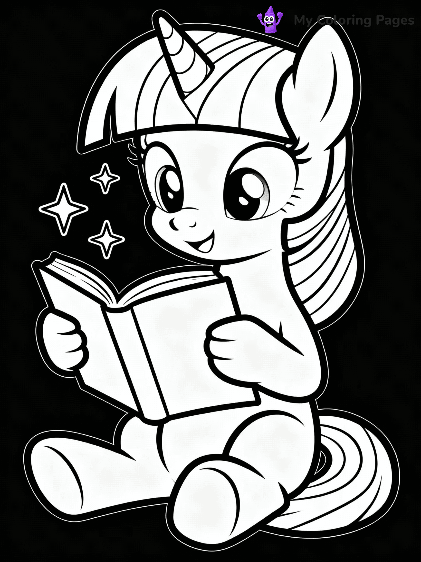 ⚠️ CRITICAL REQUIREMENT - ABSOLUTE BLACK AND WHITE ONLY ⚠️
This MUST be a BLACK AND WHITE line drawing ONLY. NO COLORS whatsoever.
- ONLY pure black lines (#000000) on pure white background (#FFFFFF)
- ABSOLUTELY NO colors, NO shading, NO gradients, NO grayscale
- If there are ANY colors in the output, the image is REJECTED
- This is a COLORING PAGE - meant to be COLORED IN by children
- The output must be UNCOLORED line art ready for coloring
⚠️ SUBJECT TO DRAW: Twilight Sparkle from My Little Pony in My Little Pony animation style, reading a book, magic sparkles around
(REMEMBER: Output must be BLACK AND WHITE line art only, NOT colored!)
# COLORING PAGE: BLACK OUTLINES ONLY - WHITE BACKGROUND MANDATORY
Create a **coloring book page** using EXACTLY two values: black lines, white space.
## NON-NEGOTIABLE BINARY RULES
- **ONLY #000000 (black) and #FFFFFF (white)** - NO other values exist
- **EVERY PIXEL = BLACK OR WHITE** - no gray/shading/antialiasing
- **WHITE BACKGROUND MANDATORY** - entire canvas stays white
- **ALL SHAPES HOLLOW** - everything is empty outlines waiting to be colored
- **FORBIDDEN:** fills, shading, gradients, patterns, textures, colors
- **NO SOLID REGIONS** - if it's not a thin line, it's wrong
## Universal Line Standards
- Black outlines ONLY - thin, uniform weight
- Every shape completely empty inside
- Closed contours suitable for coloring
- Simple flat illustration - zero depth/3D/realism
- **Style:** Whimsical Doodle Art Alley - rounded, friendly outlines (unless specified)
## Everything = Outline Only
- Characters/animals: hollow shapes
- Objects/clothing: empty contours
- Backgrounds/scenery: line work only
- Natural elements: outlined forms
- Dark/night areas: don't exist (use outlined symbols)
- Textures/patterns: convert to simple lines
## The Test
Can a child color EVERY white space with crayons? If any area is pre-filled/shaded/gray or colored in, it FAILS. Every shape must be waiting to receive color.
**FINAL OUTPUT**: Binary coloring page. Black lines define shapes. White spaces ready for coloring. Nothing else exists. No exceptions. Print-ready.
⚠️ FINAL REMINDER: Draw the subject "Twilight Sparkle from My Little Pony in My Little Pony animation style, reading a book, magic sparkles around" as BLACK AND WHITE line art. Zero colors in output.