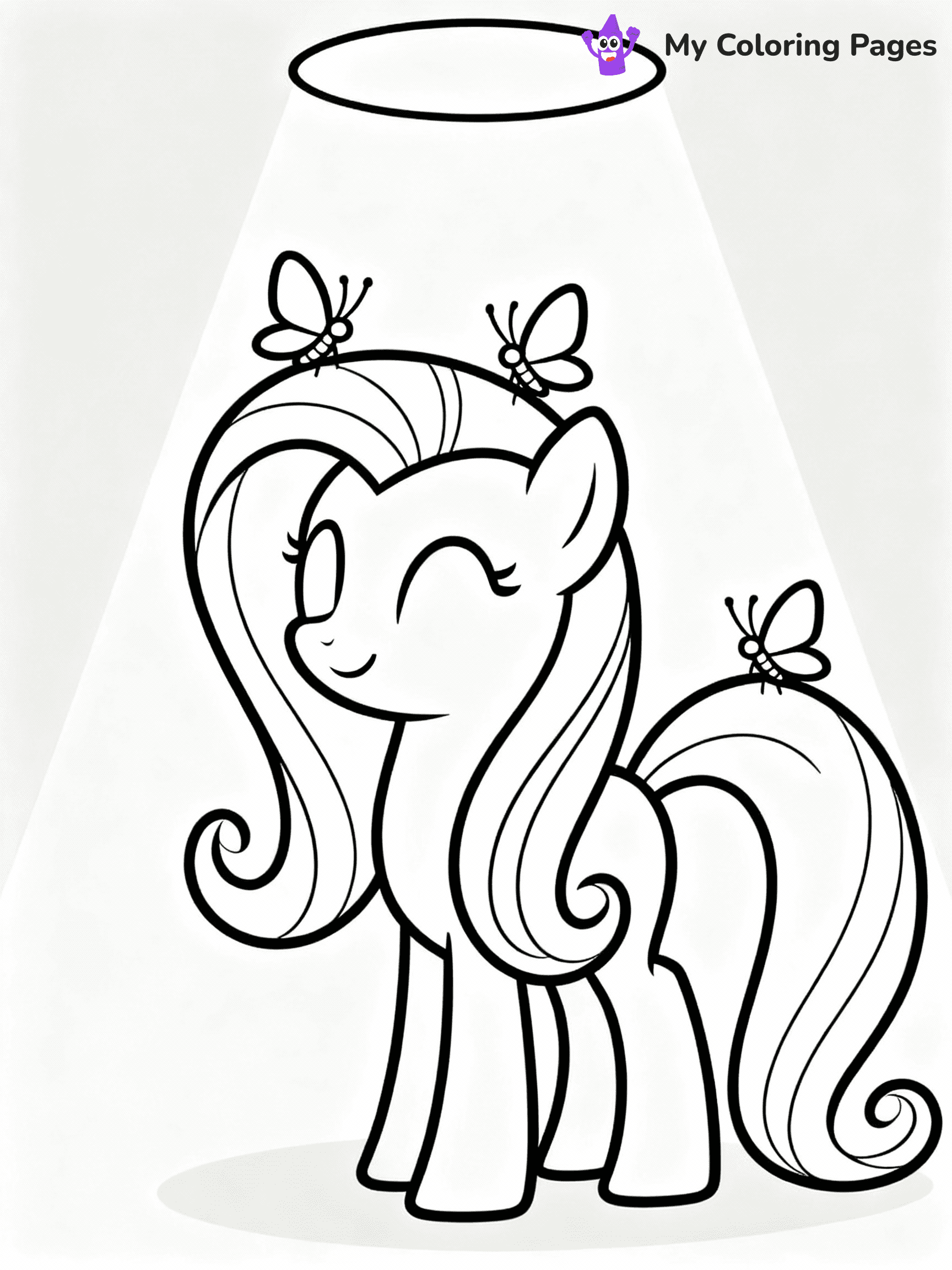 ⚠️ CRITICAL REQUIREMENT - ABSOLUTE BLACK AND WHITE ONLY ⚠️
This MUST be a BLACK AND WHITE line drawing ONLY. NO COLORS whatsoever.
- ONLY pure black lines (#000000) on pure white background (#FFFFFF)
- ABSOLUTELY NO colors, NO shading, NO gradients, NO grayscale
- If there are ANY colors in the output, the image is REJECTED
- This is a COLORING PAGE - meant to be COLORED IN by children
- The output must be UNCOLORED line art ready for coloring
⚠️ SUBJECT TO DRAW: Fluttershy, in MLP animation style, soft spotlight on her, butterflies gently landing on her mane, serene smile.
(REMEMBER: Output must be BLACK AND WHITE line art only, NOT colored!)
# COLORING PAGE: BLACK OUTLINES ONLY - WHITE BACKGROUND MANDATORY
Create a **coloring book page** using EXACTLY two values: black lines, white space.
## NON-NEGOTIABLE BINARY RULES
- **ONLY #000000 (black) and #FFFFFF (white)** - NO other values exist
- **EVERY PIXEL = BLACK OR WHITE** - no gray/shading/antialiasing
- **WHITE BACKGROUND MANDATORY** - entire canvas stays white
- **ALL SHAPES HOLLOW** - everything is empty outlines waiting to be colored
- **FORBIDDEN:** fills, shading, gradients, patterns, textures, colors
- **NO SOLID REGIONS** - if it's not a thin line, it's wrong
## Universal Line Standards
- Black outlines ONLY - thin, uniform weight
- Every shape completely empty inside
- Closed contours suitable for coloring
- Simple flat illustration - zero depth/3D/realism
- **Style:** Whimsical Doodle Art Alley - rounded, friendly outlines (unless specified)
## Everything = Outline Only
- Characters/animals: hollow shapes
- Objects/clothing: empty contours
- Backgrounds/scenery: line work only
- Natural elements: outlined forms
- Dark/night areas: don't exist (use outlined symbols)
- Textures/patterns: convert to simple lines
## The Test
Can a child color EVERY white space with crayons? If any area is pre-filled/shaded/gray or colored in, it FAILS. Every shape must be waiting to receive color.
**FINAL OUTPUT**: Binary coloring page. Black lines define shapes. White spaces ready for coloring. Nothing else exists. No exceptions. Print-ready.
⚠️ FINAL REMINDER: Draw the subject "Fluttershy, in MLP animation style, soft spotlight on her, butterflies gently landing on her mane, serene smile." as BLACK AND WHITE line art. Zero colors in output.