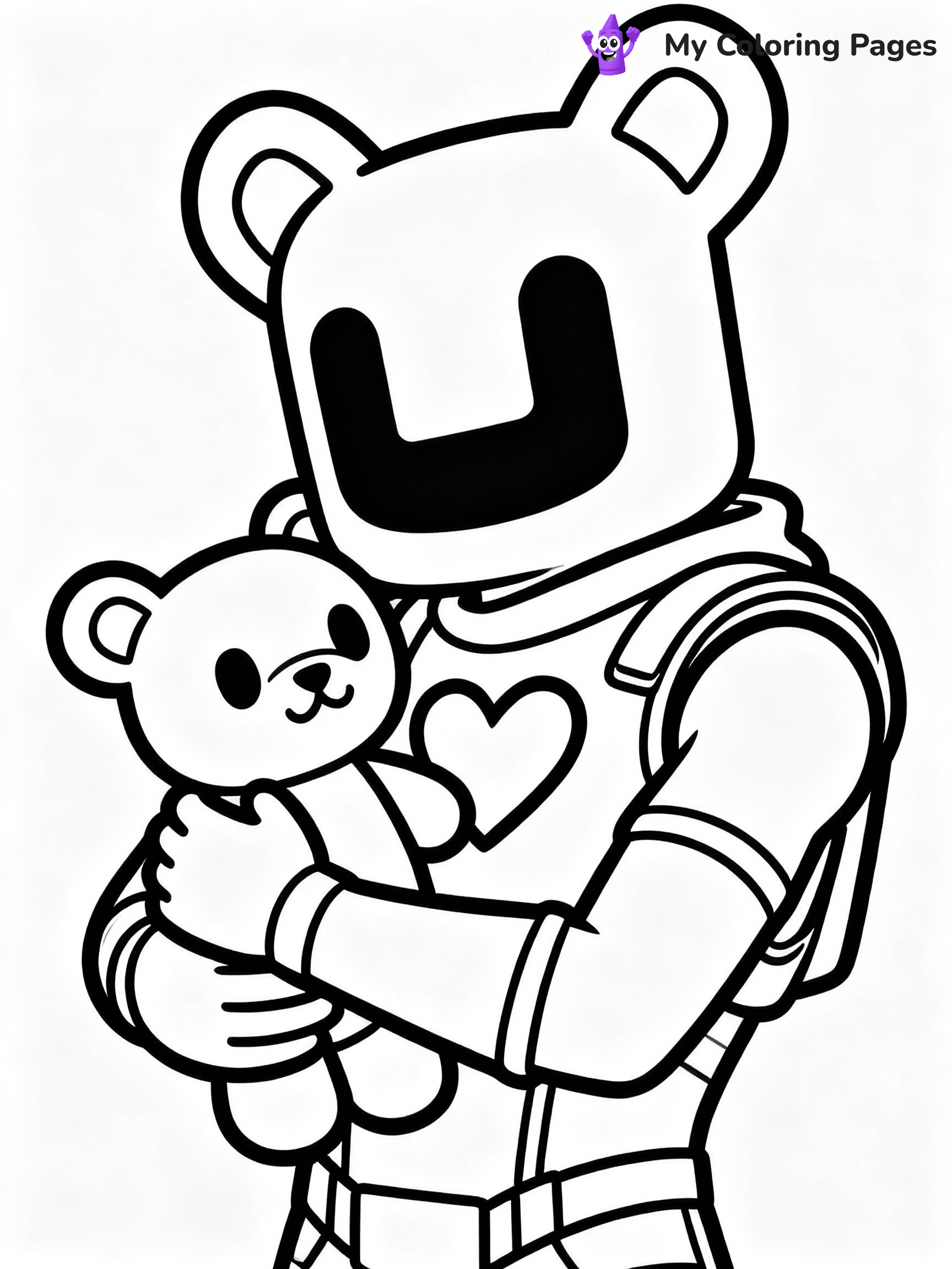 ⚠️ CRITICAL REQUIREMENT - ABSOLUTE BLACK AND WHITE ONLY ⚠️
This MUST be a BLACK AND WHITE line drawing ONLY. NO COLORS whatsoever.
- ONLY pure black lines (#000000) on pure white background (#FFFFFF)
- ABSOLUTELY NO colors, NO shading, NO gradients, NO grayscale
- If there are ANY colors in the output, the image is REJECTED
- This is a COLORING PAGE - meant to be COLORED IN by children
- The output must be UNCOLORED line art ready for coloring
⚠️ SUBJECT TO DRAW: Cuddle Team Leader from Fortnite hugging a plush toy, heart-shaped emblem visible.
(REMEMBER: Output must be BLACK AND WHITE line art only, NOT colored!)
# COLORING PAGE: BLACK OUTLINES ONLY - WHITE BACKGROUND MANDATORY
Create a **coloring book page** using EXACTLY two values: black lines, white space.
## NON-NEGOTIABLE BINARY RULES
- **ONLY #000000 (black) and #FFFFFF (white)** - NO other values exist
- **EVERY PIXEL = BLACK OR WHITE** - no gray/shading/antialiasing
- **WHITE BACKGROUND MANDATORY** - entire canvas stays white
- **ALL SHAPES HOLLOW** - everything is empty outlines waiting to be colored
- **FORBIDDEN:** fills, shading, gradients, patterns, textures, colors
- **NO SOLID REGIONS** - if it's not a thin line, it's wrong
## Universal Line Standards
- Black outlines ONLY - thin, uniform weight
- Every shape completely empty inside
- Closed contours suitable for coloring
- Simple flat illustration - zero depth/3D/realism
- **Style:** Whimsical Doodle Art Alley - rounded, friendly outlines (unless specified)
## Everything = Outline Only
- Characters/animals: hollow shapes
- Objects/clothing: empty contours
- Backgrounds/scenery: line work only
- Natural elements: outlined forms
- Dark/night areas: don't exist (use outlined symbols)
- Textures/patterns: convert to simple lines
## The Test
Can a child color EVERY white space with crayons? If any area is pre-filled/shaded/gray, it FAILS. Every shape must be waiting to receive color.
**FINAL OUTPUT**: Binary coloring page. Black lines define shapes. White spaces ready for coloring. Nothing else exists. No exceptions. Print-ready.
⚠️ FINAL REMINDER: Draw the subject "Cuddle Team Leader from Fortnite hugging a plush toy, heart-shaped emblem visible." as BLACK AND WHITE line art. Zero colors in output.