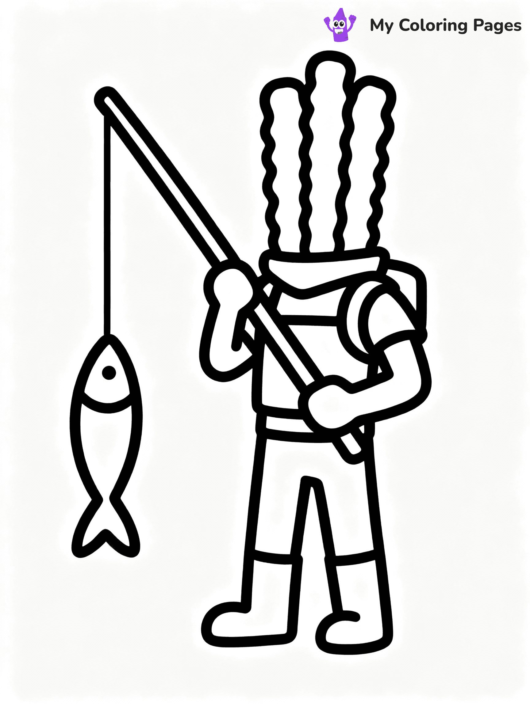 ⚠️ CRITICAL REQUIREMENT - ABSOLUTE BLACK AND WHITE ONLY ⚠️
This MUST be a BLACK AND WHITE line drawing ONLY. NO COLORS whatsoever.
- ONLY pure black lines (#000000) on pure white background (#FFFFFF)
- ABSOLUTELY NO colors, NO shading, NO gradients, NO grayscale
- If there are ANY colors in the output, the image is REJECTED
- This is a COLORING PAGE - meant to be COLORED IN by children
- The output must be UNCOLORED line art ready for coloring
⚠️ SUBJECT TO DRAW: Fishsticks from Fortnite holding a fishing rod, fish dangling from line.
(REMEMBER: Output must be BLACK AND WHITE line art only, NOT colored!)
# COLORING PAGE: BLACK OUTLINES ONLY - WHITE BACKGROUND MANDATORY
Create a **coloring book page** using EXACTLY two values: black lines, white space.
## NON-NEGOTIABLE BINARY RULES
- **ONLY #000000 (black) and #FFFFFF (white)** - NO other values exist
- **EVERY PIXEL = BLACK OR WHITE** - no gray/shading/antialiasing
- **WHITE BACKGROUND MANDATORY** - entire canvas stays white
- **ALL SHAPES HOLLOW** - everything is empty outlines waiting to be colored
- **FORBIDDEN:** fills, shading, gradients, patterns, textures, colors
- **NO SOLID REGIONS** - if it's not a thin line, it's wrong
## Universal Line Standards
- Black outlines ONLY - thin, uniform weight
- Every shape completely empty inside
- Closed contours suitable for coloring
- Simple flat illustration - zero depth/3D/realism
- **Style:** Whimsical Doodle Art Alley - rounded, friendly outlines (unless specified)
## Everything = Outline Only
- Characters/animals: hollow shapes
- Objects/clothing: empty contours
- Backgrounds/scenery: line work only
- Natural elements: outlined forms
- Dark/night areas: don't exist (use outlined symbols)
- Textures/patterns: convert to simple lines
## The Test
Can a child color EVERY white space with crayons? If any area is pre-filled/shaded/gray, it FAILS. Every shape must be waiting to receive color.
**FINAL OUTPUT**: Binary coloring page. Black lines define shapes. White spaces ready for coloring. Nothing else exists. No exceptions. Print-ready.
⚠️ FINAL REMINDER: Draw the subject "Fishsticks from Fortnite holding a fishing rod, fish dangling from line." as BLACK AND WHITE line art. Zero colors in output.