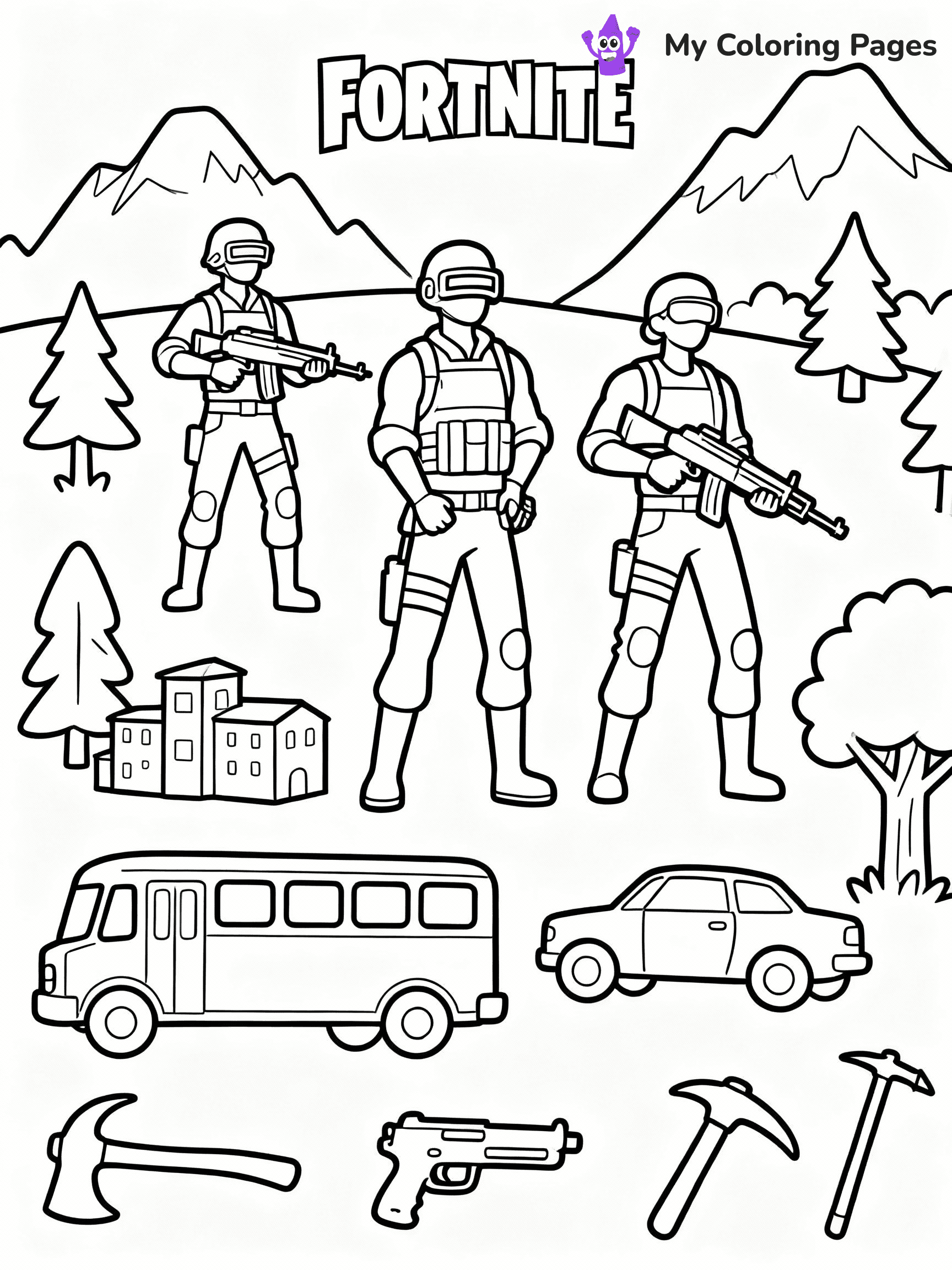 ⚠️ CRITICAL REQUIREMENT - ABSOLUTE BLACK AND WHITE ONLY ⚠️
This MUST be a BLACK AND WHITE line drawing ONLY. NO COLORS whatsoever.
- ONLY pure black lines (#000000) on pure white background (#FFFFFF)
- ABSOLUTELY NO colors, NO shading, NO gradients, NO grayscale
- If there are ANY colors in the output, the image is REJECTED
- This is a COLORING PAGE - meant to be COLORED IN by children
- The output must be UNCOLORED line art ready for coloring
⚠️ SUBJECT TO DRAW: Fornite battle scene
(REMEMBER: Output must be BLACK AND WHITE line art only, NOT colored!)
# COLORING PAGE: BLACK OUTLINES ONLY - WHITE BACKGROUND MANDATORY
Create a **coloring book page** using EXACTLY two values: black lines, white space.
## NON-NEGOTIABLE BINARY RULES
- **ONLY #000000 (black) and #FFFFFF (white)** - NO other values exist
- **EVERY PIXEL = BLACK OR WHITE** - no gray/shading/antialiasing
- **WHITE BACKGROUND MANDATORY** - entire canvas stays white
- **ALL SHAPES HOLLOW** - everything is empty outlines waiting to be colored
- **FORBIDDEN:** fills, shading, gradients, patterns, textures, colors
- **NO SOLID REGIONS** - if it's not a thin line, it's wrong
## Universal Line Standards
- Black outlines ONLY - thin, uniform weight
- Every shape completely empty inside
- Closed contours suitable for coloring
- Simple flat illustration - zero depth/3D/realism
- **Style:** Whimsical Doodle Art Alley - rounded, friendly outlines (unless specified)
## Everything = Outline Only
- Characters/animals: hollow shapes
- Objects/clothing: empty contours
- Backgrounds/scenery: line work only
- Natural elements: outlined forms
- Dark/night areas: don't exist (use outlined symbols)
- Textures/patterns: convert to simple lines
## The Test
Can a child color EVERY white space with crayons? If any area is pre-filled/shaded/gray, it FAILS. Every shape must be waiting to receive color.
**FINAL OUTPUT**: Binary coloring page. Black lines define shapes. White spaces ready for coloring. Nothing else exists. No exceptions. Print-ready.
⚠️ FINAL REMINDER: Draw the subject "Fornite battle scene" as BLACK AND WHITE line art. Zero colors in output.