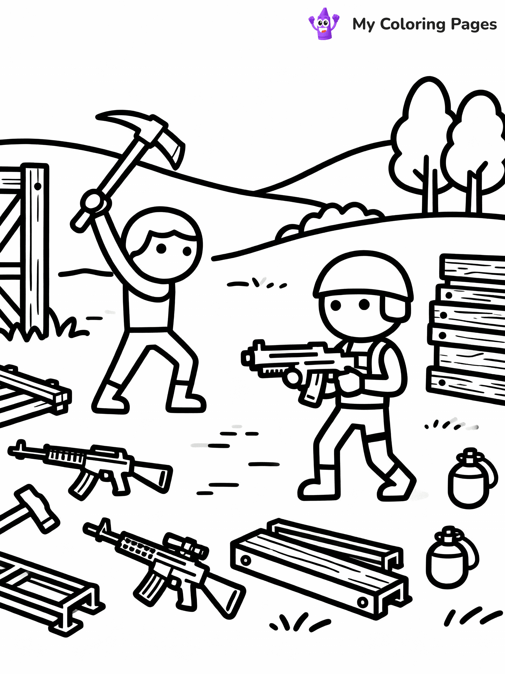 ⚠️ CRITICAL REQUIREMENT - ABSOLUTE BLACK AND WHITE ONLY ⚠️
This MUST be a BLACK AND WHITE line drawing ONLY. NO COLORS whatsoever.
- ONLY pure black lines (#000000) on pure white background (#FFFFFF)
- ABSOLUTELY NO colors, NO shading, NO gradients, NO grayscale
- If there are ANY colors in the output, the image is REJECTED
- This is a COLORING PAGE - meant to be COLORED IN by children
- The output must be UNCOLORED line art ready for coloring
⚠️ SUBJECT TO DRAW: Fornite battle scene
(REMEMBER: Output must be BLACK AND WHITE line art only, NOT colored!)
# COLORING PAGE: BLACK OUTLINES ONLY - WHITE BACKGROUND MANDATORY
Create a **coloring book page** using EXACTLY two values: black lines, white space.
## NON-NEGOTIABLE BINARY RULES
- **ONLY #000000 (black) and #FFFFFF (white)** - NO other values exist
- **EVERY PIXEL = BLACK OR WHITE** - no gray/shading/antialiasing
- **WHITE BACKGROUND MANDATORY** - entire canvas stays white
- **ALL SHAPES HOLLOW** - everything is empty outlines waiting to be colored
- **FORBIDDEN:** fills, shading, gradients, patterns, textures, colors
- **NO SOLID REGIONS** - if it's not a thin line, it's wrong
## Universal Line Standards
- Black outlines ONLY - thin, uniform weight
- Every shape completely empty inside
- Closed contours suitable for coloring
- Simple flat illustration - zero depth/3D/realism
- **Style:** Whimsical Doodle Art Alley - rounded, friendly outlines (unless specified)
## Everything = Outline Only
- Characters/animals: hollow shapes
- Objects/clothing: empty contours
- Backgrounds/scenery: line work only
- Natural elements: outlined forms
- Dark/night areas: don't exist (use outlined symbols)
- Textures/patterns: convert to simple lines
## The Test
Can a child color EVERY white space with crayons? If any area is pre-filled/shaded/gray, it FAILS. Every shape must be waiting to receive color.
**FINAL OUTPUT**: Binary coloring page. Black lines define shapes. White spaces ready for coloring. Nothing else exists. No exceptions. Print-ready.
⚠️ FINAL REMINDER: Draw the subject "Fornite battle scene" as BLACK AND WHITE line art. Zero colors in output.