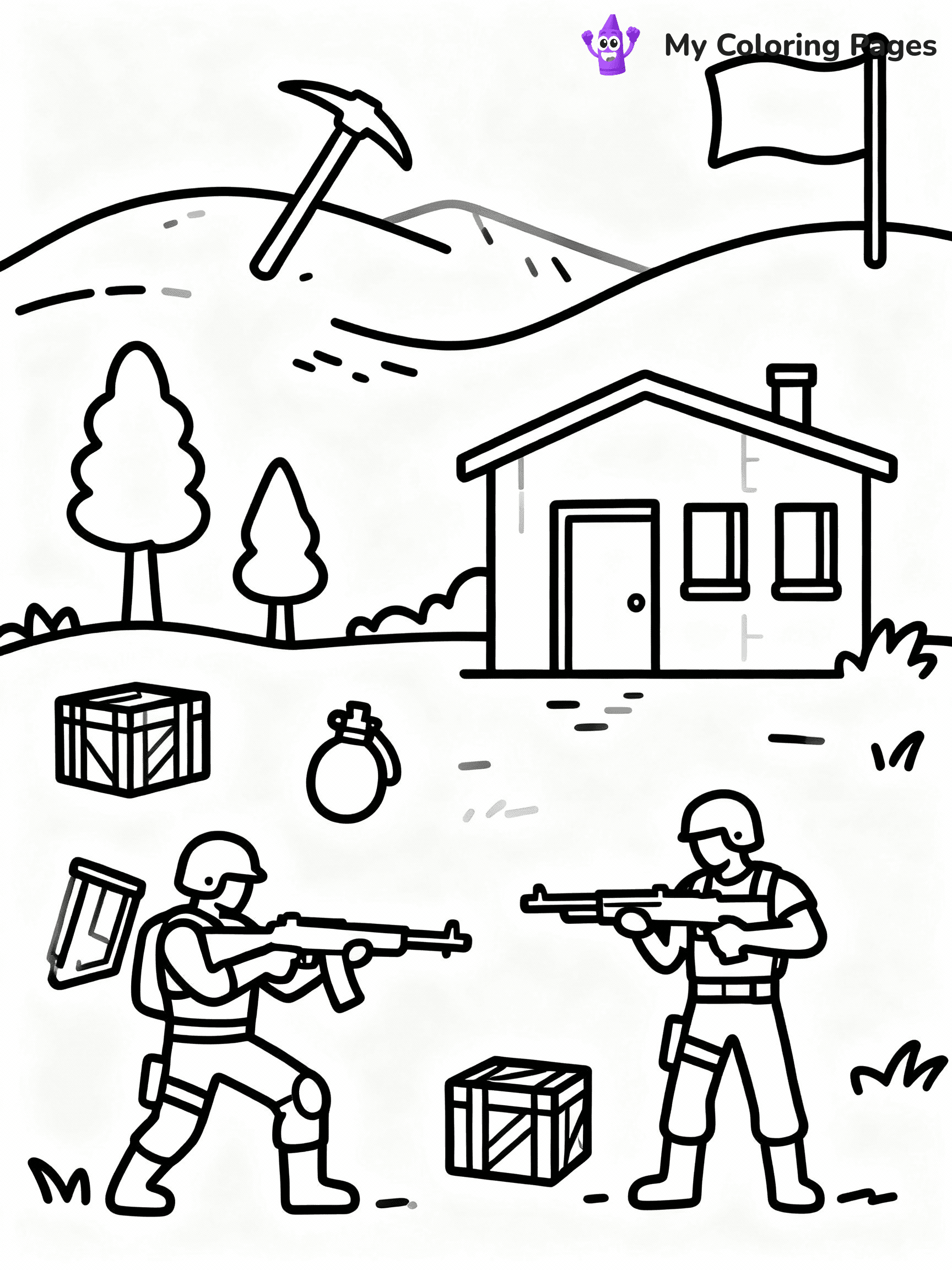 ⚠️ CRITICAL REQUIREMENT - ABSOLUTE BLACK AND WHITE ONLY ⚠️
This MUST be a BLACK AND WHITE line drawing ONLY. NO COLORS whatsoever.
- ONLY pure black lines (#000000) on pure white background (#FFFFFF)
- ABSOLUTELY NO colors, NO shading, NO gradients, NO grayscale
- If there are ANY colors in the output, the image is REJECTED
- This is a COLORING PAGE - meant to be COLORED IN by children
- The output must be UNCOLORED line art ready for coloring
⚠️ SUBJECT TO DRAW: Fornite battle scene
(REMEMBER: Output must be BLACK AND WHITE line art only, NOT colored!)
# COLORING PAGE: BLACK OUTLINES ONLY - WHITE BACKGROUND MANDATORY
Create a **coloring book page** using EXACTLY two values: black lines, white space.
## NON-NEGOTIABLE BINARY RULES
- **ONLY #000000 (black) and #FFFFFF (white)** - NO other values exist
- **EVERY PIXEL = BLACK OR WHITE** - no gray/shading/antialiasing
- **WHITE BACKGROUND MANDATORY** - entire canvas stays white
- **ALL SHAPES HOLLOW** - everything is empty outlines waiting to be colored
- **FORBIDDEN:** fills, shading, gradients, patterns, textures, colors
- **NO SOLID REGIONS** - if it's not a thin line, it's wrong
## Universal Line Standards
- Black outlines ONLY - thin, uniform weight
- Every shape completely empty inside
- Closed contours suitable for coloring
- Simple flat illustration - zero depth/3D/realism
- **Style:** Whimsical Doodle Art Alley - rounded, friendly outlines (unless specified)
## Everything = Outline Only
- Characters/animals: hollow shapes
- Objects/clothing: empty contours
- Backgrounds/scenery: line work only
- Natural elements: outlined forms
- Dark/night areas: don't exist (use outlined symbols)
- Textures/patterns: convert to simple lines
## The Test
Can a child color EVERY white space with crayons? If any area is pre-filled/shaded/gray, it FAILS. Every shape must be waiting to receive color.
**FINAL OUTPUT**: Binary coloring page. Black lines define shapes. White spaces ready for coloring. Nothing else exists. No exceptions. Print-ready.
⚠️ FINAL REMINDER: Draw the subject "Fornite battle scene" as BLACK AND WHITE line art. Zero colors in output.