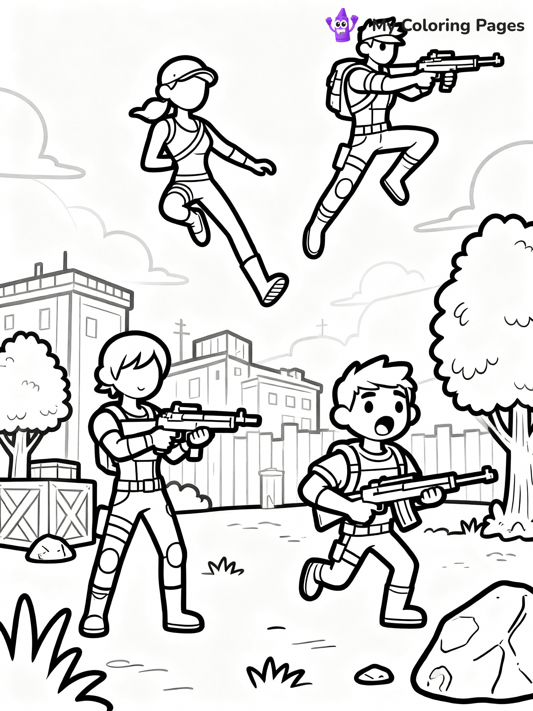 ⚠️ CRITICAL REQUIREMENT - ABSOLUTE BLACK AND WHITE ONLY ⚠️
This MUST be a BLACK AND WHITE line drawing ONLY. NO COLORS whatsoever.
- ONLY pure black lines (#000000) on pure white background (#FFFFFF)
- ABSOLUTELY NO colors, NO shading, NO gradients, NO grayscale
- If there are ANY colors in the output, the image is REJECTED
- This is a COLORING PAGE - meant to be COLORED IN by children
- The output must be UNCOLORED line art ready for coloring
⚠️ SUBJECT TO DRAW: Fornite battle scene
(REMEMBER: Output must be BLACK AND WHITE line art only, NOT colored!)
# COLORING PAGE: BLACK OUTLINES ONLY - WHITE BACKGROUND MANDATORY
Create a **coloring book page** using EXACTLY two values: black lines, white space.
## NON-NEGOTIABLE BINARY RULES
- **ONLY #000000 (black) and #FFFFFF (white)** - NO other values exist
- **EVERY PIXEL = BLACK OR WHITE** - no gray/shading/antialiasing
- **WHITE BACKGROUND MANDATORY** - entire canvas stays white
- **ALL SHAPES HOLLOW** - everything is empty outlines waiting to be colored
- **FORBIDDEN:** fills, shading, gradients, patterns, textures, colors
- **NO SOLID REGIONS** - if it's not a thin line, it's wrong
## Universal Line Standards
- Black outlines ONLY - thin, uniform weight
- Every shape completely empty inside
- Closed contours suitable for coloring
- Simple flat illustration - zero depth/3D/realism
- **Style:** Whimsical Doodle Art Alley - rounded, friendly outlines (unless specified)
## Everything = Outline Only
- Characters/animals: hollow shapes
- Objects/clothing: empty contours
- Backgrounds/scenery: line work only
- Natural elements: outlined forms
- Dark/night areas: don't exist (use outlined symbols)
- Textures/patterns: convert to simple lines
## The Test
Can a child color EVERY white space with crayons? If any area is pre-filled/shaded/gray, it FAILS. Every shape must be waiting to receive color.
**FINAL OUTPUT**: Binary coloring page. Black lines define shapes. White spaces ready for coloring. Nothing else exists. No exceptions. Print-ready.
⚠️ FINAL REMINDER: Draw the subject "Fornite battle scene" as BLACK AND WHITE line art. Zero colors in output.