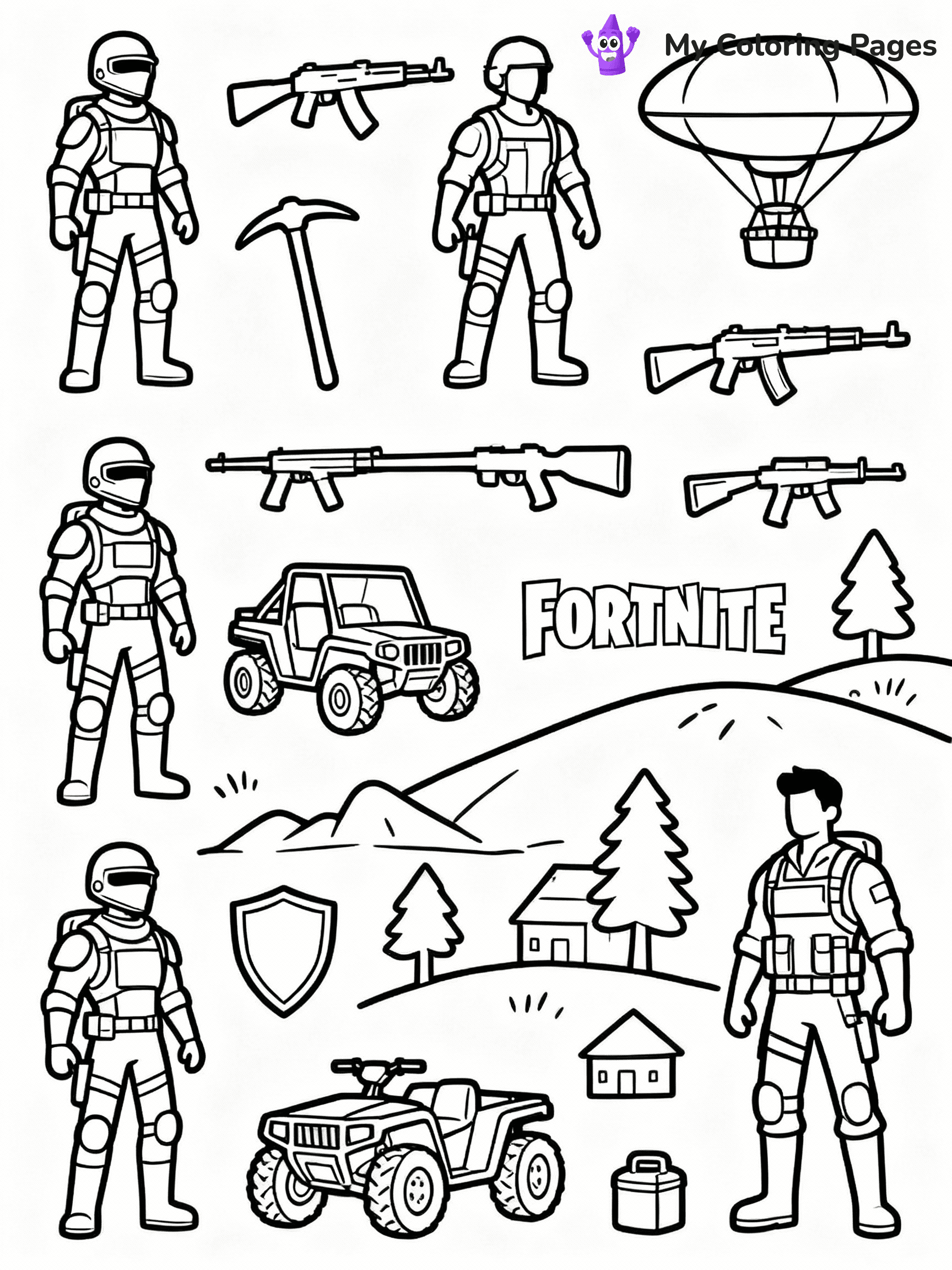 ⚠️ CRITICAL REQUIREMENT - ABSOLUTE BLACK AND WHITE ONLY ⚠️
This MUST be a BLACK AND WHITE line drawing ONLY. NO COLORS whatsoever.
- ONLY pure black lines (#000000) on pure white background (#FFFFFF)
- ABSOLUTELY NO colors, NO shading, NO gradients, NO grayscale
- If there are ANY colors in the output, the image is REJECTED
- This is a COLORING PAGE - meant to be COLORED IN by children
- The output must be UNCOLORED line art ready for coloring
⚠️ SUBJECT TO DRAW: Fornite battle scene
(REMEMBER: Output must be BLACK AND WHITE line art only, NOT colored!)
# COLORING PAGE: BLACK OUTLINES ONLY - WHITE BACKGROUND MANDATORY
Create a **coloring book page** using EXACTLY two values: black lines, white space.
## NON-NEGOTIABLE BINARY RULES
- **ONLY #000000 (black) and #FFFFFF (white)** - NO other values exist
- **EVERY PIXEL = BLACK OR WHITE** - no gray/shading/antialiasing
- **WHITE BACKGROUND MANDATORY** - entire canvas stays white
- **ALL SHAPES HOLLOW** - everything is empty outlines waiting to be colored
- **FORBIDDEN:** fills, shading, gradients, patterns, textures, colors
- **NO SOLID REGIONS** - if it's not a thin line, it's wrong
## Universal Line Standards
- Black outlines ONLY - thin, uniform weight
- Every shape completely empty inside
- Closed contours suitable for coloring
- Simple flat illustration - zero depth/3D/realism
- **Style:** Whimsical Doodle Art Alley - rounded, friendly outlines (unless specified)
## Everything = Outline Only
- Characters/animals: hollow shapes
- Objects/clothing: empty contours
- Backgrounds/scenery: line work only
- Natural elements: outlined forms
- Dark/night areas: don't exist (use outlined symbols)
- Textures/patterns: convert to simple lines
## The Test
Can a child color EVERY white space with crayons? If any area is pre-filled/shaded/gray, it FAILS. Every shape must be waiting to receive color.
**FINAL OUTPUT**: Binary coloring page. Black lines define shapes. White spaces ready for coloring. Nothing else exists. No exceptions. Print-ready.
⚠️ FINAL REMINDER: Draw the subject "Fornite battle scene" as BLACK AND WHITE line art. Zero colors in output.