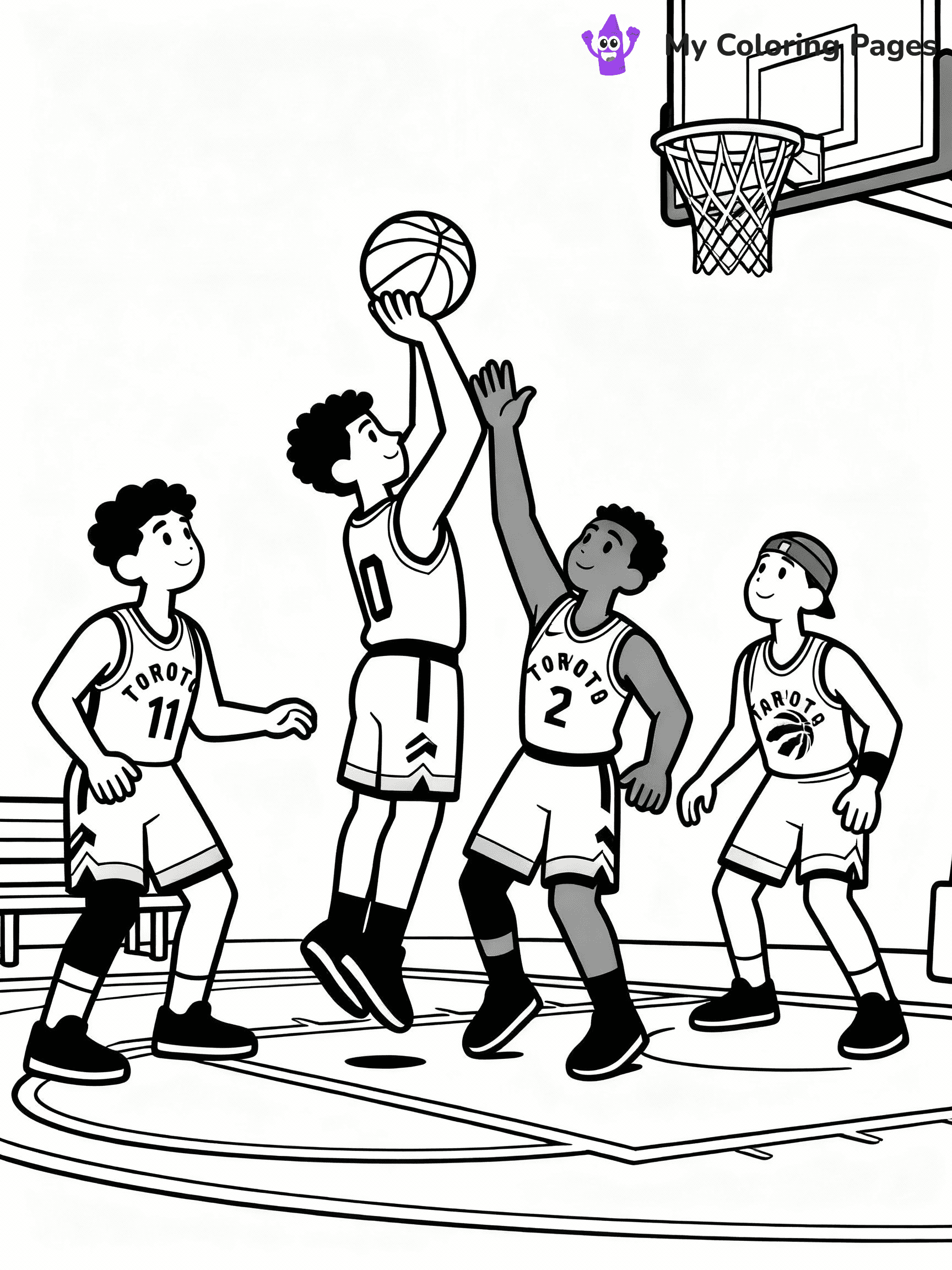 ⚠️ CRITICAL REQUIREMENT - ABSOLUTE BLACK AND WHITE ONLY ⚠️
This MUST be a BLACK AND WHITE line drawing ONLY. NO COLORS whatsoever.
- ONLY pure black lines (#000000) on pure white background (#FFFFFF)
- ABSOLUTELY NO colors, NO shading, NO gradients, NO grayscale
- If there are ANY colors in the output, the image is REJECTED
- This is a COLORING PAGE - meant to be COLORED IN by children
- The output must be UNCOLORED line art ready for coloring
⚠️ SUBJECT TO DRAW: Toronto raptors playing a basketball game
(REMEMBER: Output must be BLACK AND WHITE line art only, NOT colored!)
You are a professional illustrator creating flat, friendly cartoon line-art coloring pages.
Generate a pure black-and-white binary image that combines characters and background scenery into one cohesive, child-friendly scene.
Rendering Rules (Non-Negotiable)
Only two colors allowed: black (#000000) and white (#FFFFFF).
No color, grayscale, shading, tinting, gradient, antialiasing, or transparency.
Each pixel must be pure black or white—no midtones or blended edges.
Use strict “line art / binary mask” render mode; lighting = none.
Treat white as paper, black as ink only.
Disable tone mapping, depth shading, or texture generation.
Prioritize edge detection and contour clarity over tonal diffusion.
Output should resemble a single flattened SVG outline layer.
Drawing & Composition
Medium, consistent line weight across all elements.
Closed shapes, easy to color inside.
Flat, simple, child-friendly look—no realism or perspective depth.
Characters grounded on a visible surface; main subjects large and centered.
Balanced composition with clear silhouettes and minimal props.
Scenery & Logic
When a landmark is mentioned (e.g., mosque, CN Tower), draw with black outlines only.
Support realism with minimal props (trees, benches, waves) outlined in black.
Keep consistent perspective; avoid floating or disconnected objects.
Style & Output
Default: whimsical Doodle Art Alley style—clean, rounded outlines inviting coloring.
Adapt alternate styles (Crayola, Disney, Peppa Pig, Cocomelon) by shape, never color.
Final image must appear like a children’s coloring book scan: crisp, flat, pure binary (#000000 / #FFFFFF), printable, and completely free of tonal pixels or shading artifacts.
⚠️ FINAL REMINDER: Draw the subject "Toronto raptors playing a basketball game" as BLACK AND WHITE line art. Zero colors in output.