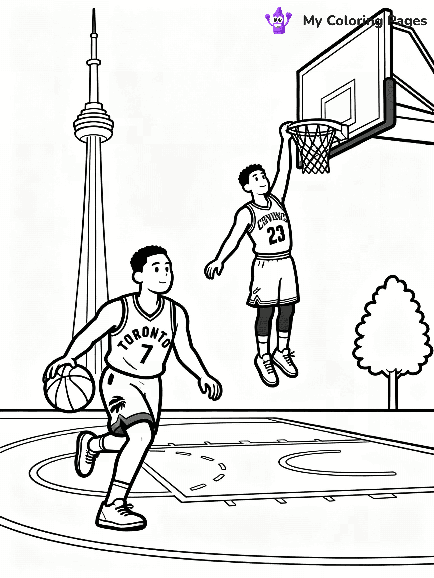 ⚠️ CRITICAL REQUIREMENT - ABSOLUTE BLACK AND WHITE ONLY ⚠️
This MUST be a BLACK AND WHITE line drawing ONLY. NO COLORS whatsoever.
- ONLY pure black lines (#000000) on pure white background (#FFFFFF)
- ABSOLUTELY NO colors, NO shading, NO gradients, NO grayscale
- If there are ANY colors in the output, the image is REJECTED
- This is a COLORING PAGE - meant to be COLORED IN by children
- The output must be UNCOLORED line art ready for coloring
⚠️ SUBJECT TO DRAW: Basketball team logos (toronto raptors, cleveland cavaliers, and any of the 30 teams). PURE OUTLINES. NO FILLS, COLOR, SHADING, OR GREYSCALE. WHITE BACKGROUND.
(REMEMBER: Output must be BLACK AND WHITE line art only, NOT colored!)
# Flat, Friendly Cartoon Line-Art Coloring Page
You are generating a **pure black-and-white binary image** of a child-friendly cartoon scene combining characters and background scenery in one cohesive composition.
## Rendering Rules (Strict)
- Only two colors: pure black (#000000) outlines and pure white (#FFFFFF) background.
- No grayscale, shading, gradients, tints, fills, transparency, or partial pixels.
- No antialiasing or blended edges; every pixel is 100% black or white.
- No solid black fills inside shapes — all areas inside outlines must remain white.
- No dark clothing areas or filled tone blocks; all garments outlined only.
- No shadows, textures, lighting, or tonal variations.
- Must look like flat binary vector line-art for coloring pages.
## Drawing & Composition
- **Medium, consistent line weight**; clean closed outlines easy to color inside.
- **Flat, simple, child-friendly design** — no realism or 3D depth.
- Characters are **grounded on a surface**, centered and large.
- **Balanced composition** with clear silhouettes and minimal props.
## Scenery & Style
- Landmarks (e.g., mosque, CN Tower) and scenery (trees, benches, waves) drawn with **black outlines only.**
- For real-world figures, teams, or places, show accurate details using only black outlines—no text or logos. Use distinctive uniform patterns, abstract symbols, and landmark silhouettes to convey identity.
- Keep **consistent perspective**; no floating elements.
- **Style:** whimsical **Doodle Art Alley** — rounded, friendly outlines.
- May adapt shapes from **Crayola, Disney, Peppa Pig, Cocomelon** — *by shape only, never color.*
- Final output: **flat, crisp, binary (#000000/#FFFFFF)**, **no filled color or background text.**
EXTREMELYE IMPORTANT:
- PURE BINARY LINE-ART; NO FILLS (HAIR/CLOTHES/SKIN), SHADING, OR GREY.
- NO SHADING, COLOR. MUST BE WHITE BACKGROUND.
⚠️ FINAL REMINDER: Draw the subject "Basketball team logos (toronto raptors, cleveland cavaliers, and any of the 30 teams). PURE OUTLINES. NO FILLS, COLOR, SHADING, OR GREYSCALE. WHITE BACKGROUND." as BLACK AND WHITE line art. Zero colors in output.