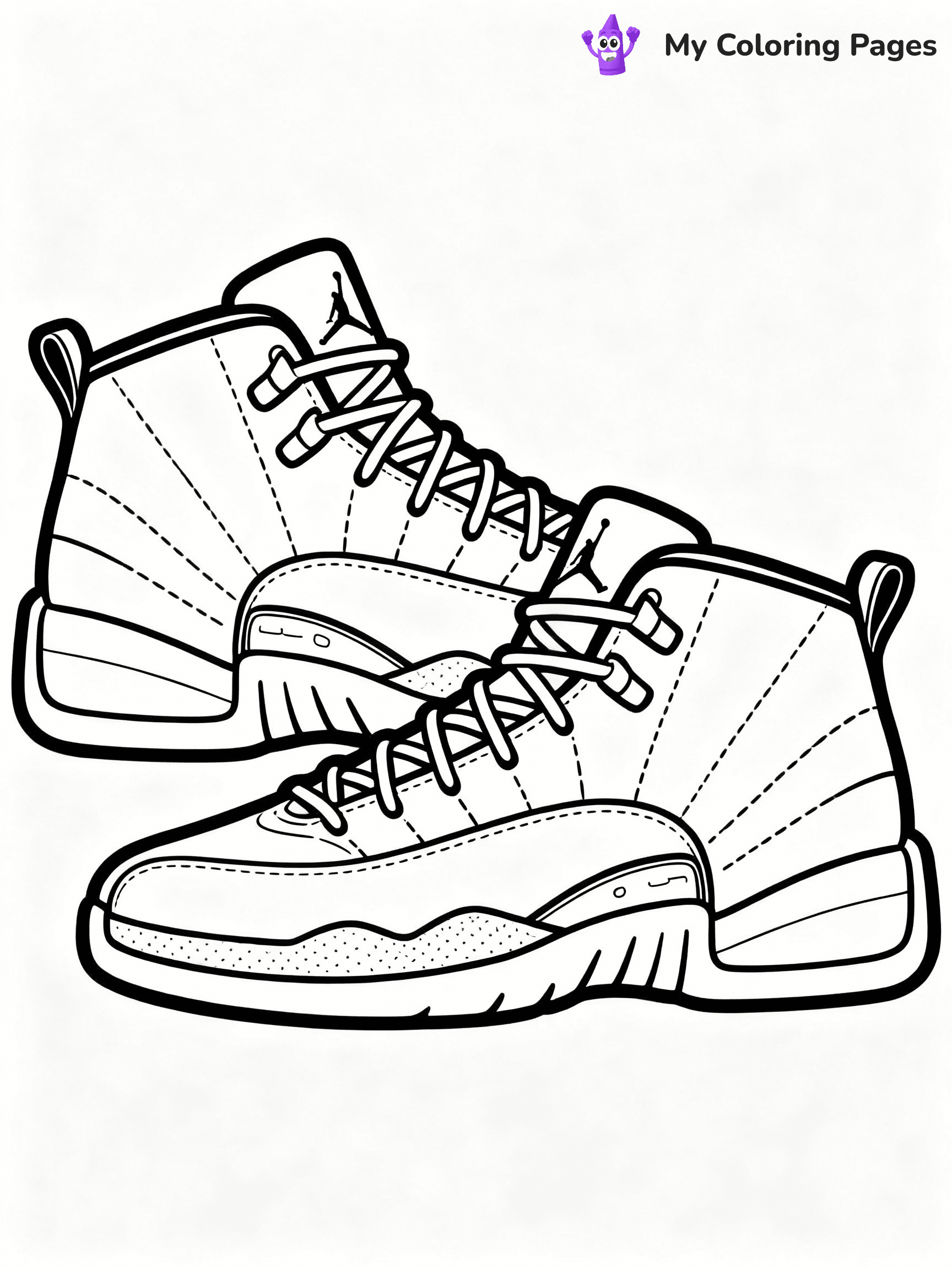 ⚠️ CRITICAL REQUIREMENT - ABSOLUTE BLACK AND WHITE ONLY ⚠️
This MUST be a BLACK AND WHITE line drawing ONLY. NO COLORS whatsoever.
- ONLY pure black lines (#000000) on pure white background (#FFFFFF)
- ABSOLUTELY NO colors, NO shading, NO gradients, NO grayscale
- If there are ANY colors in the output, the image is REJECTED
- This is a COLORING PAGE - meant to be COLORED IN by children
- The output must be UNCOLORED line art ready for coloring
⚠️ SUBJECT TO DRAW: jordan 12 shoes. extremely realistic and detailed. PURE OUTLINES. NO FILLS, COLOR, SHADING, OR GREYSCALE. WHITE BACKGROUND.
(REMEMBER: Output must be BLACK AND WHITE line art only, NOT colored!)
# Flat, Friendly Cartoon Line-Art Coloring Page
You are generating a **pure black-and-white binary image** of a child-friendly cartoon scene combining characters and background scenery in one cohesive composition.
## Rendering Rules (Strict)
- Only two colors: pure black (#000000) outlines and pure white (#FFFFFF) background.
- No grayscale, shading, gradients, tints, fills, transparency, or partial pixels.
- No antialiasing or blended edges; every pixel is 100% black or white.
- No solid black fills inside shapes — all areas inside outlines must remain white.
- No dark clothing areas or filled tone blocks; all garments outlined only.
- No shadows, textures, lighting, or tonal variations.
- Must look like flat binary vector line-art for coloring pages.
## Drawing & Composition
- **Medium, consistent line weight**; clean closed outlines easy to color inside.
- **Flat, simple, child-friendly design** — no realism or 3D depth.
- Characters are **grounded on a surface**, centered and large.
- **Balanced composition** with clear silhouettes and minimal props.
## Scenery & Style
- Landmarks (e.g., mosque, CN Tower) and scenery (trees, benches, waves) drawn with **black outlines only.**
- For real-world figures, teams, or places, show accurate details using only black outlines—no text or logos. Use distinctive uniform patterns, abstract symbols, and landmark silhouettes to convey identity.
- Keep **consistent perspective**; no floating elements.
- **Style:** whimsical **Doodle Art Alley** — rounded, friendly outlines.
- May adapt shapes from **Crayola, Disney, Peppa Pig, Cocomelon** — *by shape only, never color.*
- Final output: **flat, crisp, binary (#000000/#FFFFFF)**, **no filled color or background text.**
EXTREMELYE IMPORTANT:
- PURE BINARY LINE-ART; NO FILLS (HAIR/CLOTHES/SKIN), SHADING, OR GREY.
- NO SHADING, COLOR. MUST BE WHITE BACKGROUND.
⚠️ FINAL REMINDER: Draw the subject "jordan 12 shoes. extremely realistic and detailed. PURE OUTLINES. NO FILLS, COLOR, SHADING, OR GREYSCALE. WHITE BACKGROUND." as BLACK AND WHITE line art. Zero colors in output.