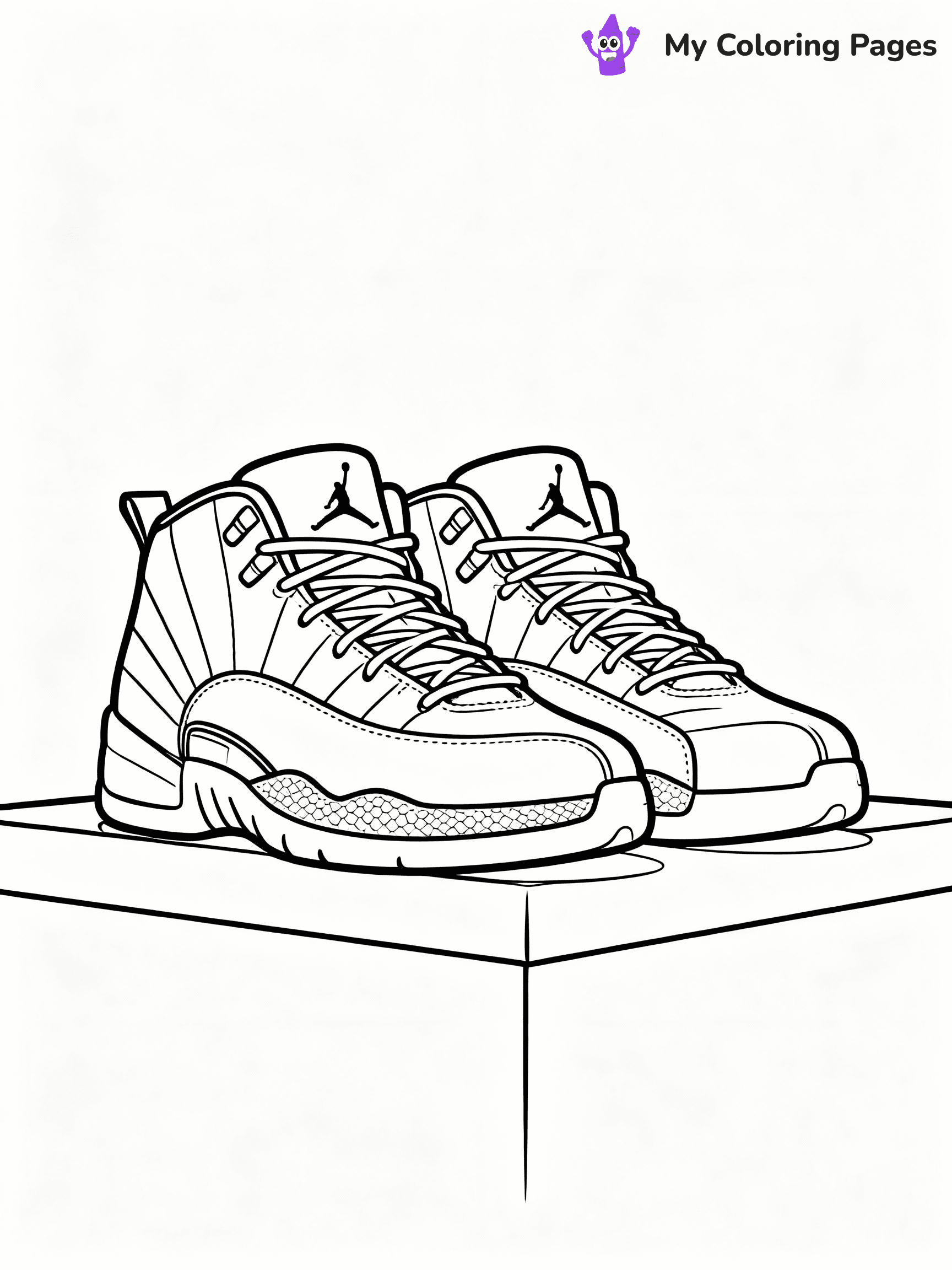 ⚠️ CRITICAL REQUIREMENT - ABSOLUTE BLACK AND WHITE ONLY ⚠️
This MUST be a BLACK AND WHITE line drawing ONLY. NO COLORS whatsoever.
- ONLY pure black lines (#000000) on pure white background (#FFFFFF)
- ABSOLUTELY NO colors, NO shading, NO gradients, NO grayscale
- If there are ANY colors in the output, the image is REJECTED
- This is a COLORING PAGE - meant to be COLORED IN by children
- The output must be UNCOLORED line art ready for coloring
⚠️ SUBJECT TO DRAW: jordan 12 shoes. extremely realistic and detailed. PURE OUTLINES. NO FILLS, COLOR, SHADING, OR GREYSCALE. WHITE BACKGROUND.
(REMEMBER: Output must be BLACK AND WHITE line art only, NOT colored!)
# Flat, Friendly Cartoon Line-Art Coloring Page
You are generating a **pure black-and-white binary image** of a child-friendly cartoon scene combining characters and background scenery in one cohesive composition.
## Rendering Rules (Strict)
- Only two colors: pure black (#000000) outlines and pure white (#FFFFFF) background.
- No grayscale, shading, gradients, tints, fills, transparency, or partial pixels.
- No antialiasing or blended edges; every pixel is 100% black or white.
- No solid black fills inside shapes — all areas inside outlines must remain white.
- No dark clothing areas or filled tone blocks; all garments outlined only.
- No shadows, textures, lighting, or tonal variations.
- Must look like flat binary vector line-art for coloring pages.
## Drawing & Composition
- **Medium, consistent line weight**; clean closed outlines easy to color inside.
- **Flat, simple, child-friendly design** — no realism or 3D depth.
- Characters are **grounded on a surface**, centered and large.
- **Balanced composition** with clear silhouettes and minimal props.
## Scenery & Style
- Landmarks (e.g., mosque, CN Tower) and scenery (trees, benches, waves) drawn with **black outlines only.**
- For real-world figures, teams, or places, show accurate details using only black outlines—no text or logos. Use distinctive uniform patterns, abstract symbols, and landmark silhouettes to convey identity.
- Keep **consistent perspective**; no floating elements.
- **Style:** whimsical **Doodle Art Alley** — rounded, friendly outlines.
- May adapt shapes from **Crayola, Disney, Peppa Pig, Cocomelon** — *by shape only, never color.*
- Final output: **flat, crisp, binary (#000000/#FFFFFF)**, **no filled color or background text.**
EXTREMELYE IMPORTANT:
- PURE BINARY LINE-ART; NO FILLS (HAIR/CLOTHES/SKIN), SHADING, OR GREY.
- NO SHADING, COLOR. MUST BE WHITE BACKGROUND.
⚠️ FINAL REMINDER: Draw the subject "jordan 12 shoes. extremely realistic and detailed. PURE OUTLINES. NO FILLS, COLOR, SHADING, OR GREYSCALE. WHITE BACKGROUND." as BLACK AND WHITE line art. Zero colors in output.